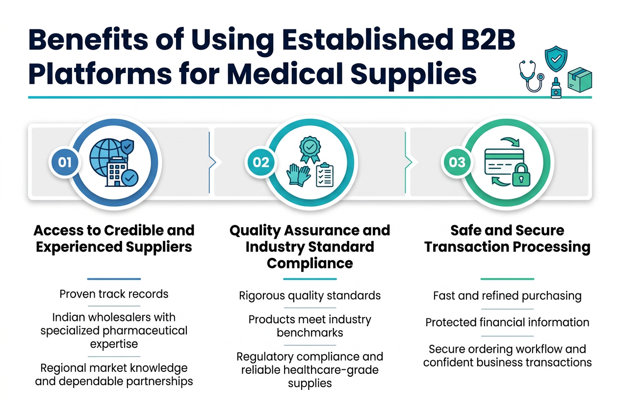 Create a clean, professional full-bleed infographic in aspect ratio 3:2 with a white background, blue and teal medical-themed accents, subtle gray dividers, and a modern sans-serif font. Top header across the full width: large bold title in dark navy text, "Benefits of Using Established B2B Platforms for Medical Supplies". Add a thin teal line and small medical supply icons near the title, such as a stethoscope, shield, and package. Below the title, arrange three wide horizontal feature blocks in a 3-column layout across the page, each with a numbered circle, a large icon, a bold subheading, and short supporting lines. Left block: Blue circular icon with a globe, building, and checkmark. Numbered badge "01". Bold subheading: "Access to Credible and Experienced Suppliers" Supporting text in smaller dark gray font: "Proven track records" "Indian wholesalers with specialized pharmaceutical expertise" "Regional market knowledge and dependable partnerships" Center block: Teal circular icon with a shield, quality seal, PPE gloves, and checklist. Numbered badge "02". Bold subheading: "Quality Assurance and Industry Standard Compliance" Supporting text in smaller dark gray font: "Rigorous quality standards" "Products meet industry benchmarks" "Regulatory compliance and reliable healthcare-grade supplies" Right block: Green circular icon with a secure payment card, padlock, and transaction arrows. Numbered badge "03". Bold subheading: "Safe and Secure Transaction Processing" Supporting text in smaller dark gray font: "Fast and refined purchasing" "Protected financial information" "Secure ordering workflow and confident business transactions" Use clear visual hierarchy with bold headings, smaller body text, and consistent icon style. Add subtle connecting lines or arrows between the three sections to imply a smooth B2B workflow. Keep the layout spacious, balanced, and easy to read, with no extra text beyond the title, section headings, numbered badges, and supporting lines.