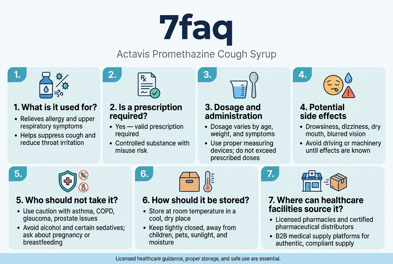 Create a clean professional medical infographic in a 3:2 landscape aspect ratio with a full-bleed layout, no frame, no inset margins, and a wide multi-column composition. Top center: large bold title in dark navy text, "7faq". Under the title, a smaller subtitle in gray, "Actavis Promethazine Cough Syrup". Use a bright white background with soft blue and teal accent panels, dark navy headings, and small orange warning accents. Use modern sans-serif fonts, strong visual hierarchy, and clear spacing. Arrange 7 numbered content blocks in a 2-row grid: four blocks across the top row and three blocks across the bottom row. Each block should have a colored number circle, a simple matching icon, a bold question heading, and 1-2 short bullet lines. Use clean flat icons. Block 1, top left: blue icon of a cough bottle and allergy symbols. Heading text: "1. What is it used for?" Body text: "Relieves allergy and upper respiratory symptoms" "Helps suppress cough and reduce throat irritation" Block 2, top row: prescription icon with a document and checkmark. Heading text: "2. Is a prescription required?" Body text: "Yes — valid prescription required" "Controlled substance with misuse risk" Block 3, top row: measuring cup and spoon icon. Heading text: "3. Dosage and administration" Body text: "Dosage varies by age, weight, and symptoms" "Use proper measuring devices; do not exceed prescribed doses" Block 4, top right: side effects icon with drowsy face, droplet, and warning triangle. Heading text: "4. Potential side effects" Body text: "Drowsiness, dizziness, dry mouth, blurred vision" "Avoid driving or machinery until effects are known" Bottom left block: medical shield icon with crossed-out symbols. Heading text: "5. Who should not take it?" Body text: "Use caution with asthma, COPD, glaucoma, prostate issues" "Avoid alcohol and certain sedatives; ask about pregnancy or breastfeeding" Bottom center block: storage box and thermometer icon. Heading text: "6. How should it be stored?" Body text: "Store at room temperature in a cool, dry place" "Keep tightly closed, away from children, pets, sunlight, and moisture" Bottom right block: pharmacy building and shipping box icon. Heading text: "7. Where can healthcare facilities source it?" Body text: "Licensed pharmacies and certified pharmaceutical distributors" "B2B medical supply platforms for authentic, compliant supply" Add a thin footer bar across the bottom in light blue with small text in dark gray: "Licensed healthcare guidance, proper storage, and safe use are essential." Use crisp alignment, clear spacing, and icon consistency throughout.