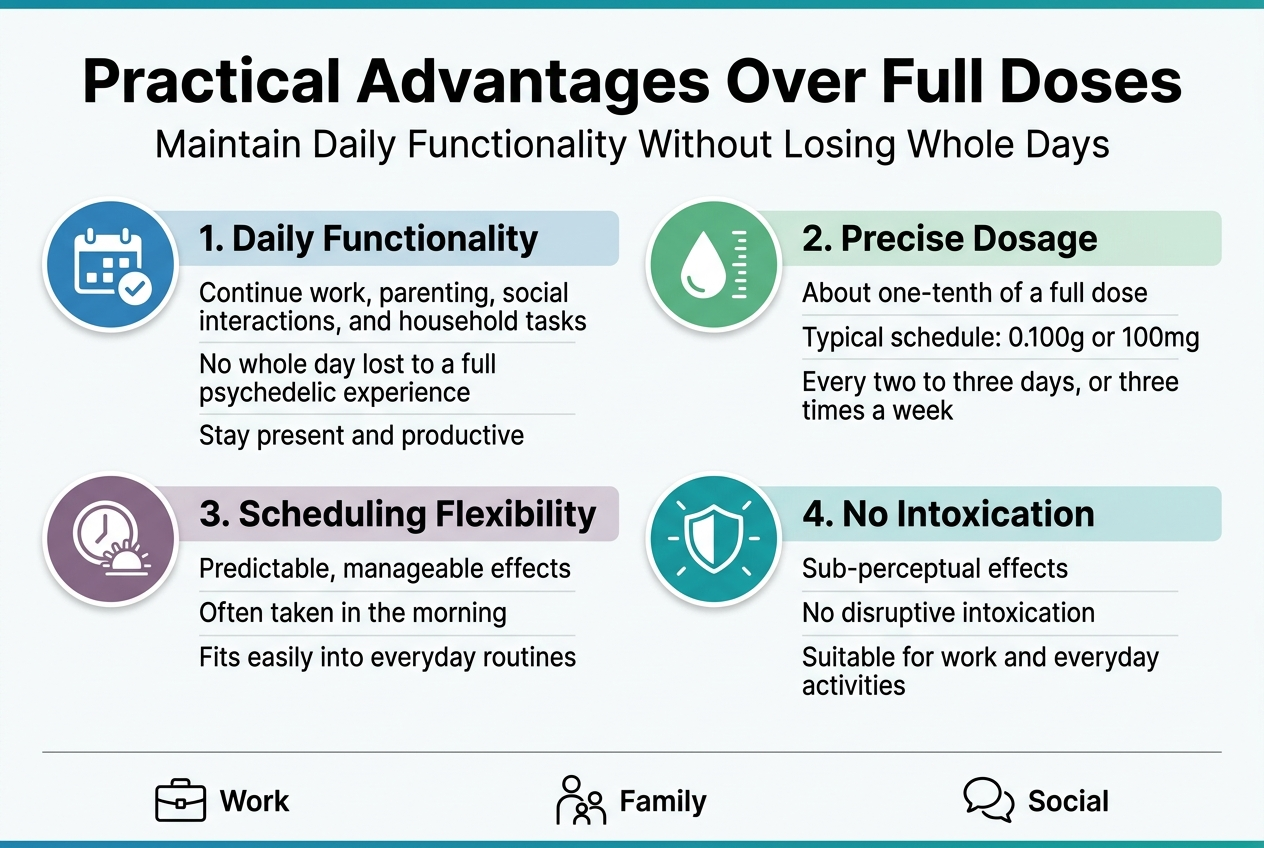 Top 10 Benefits of Microdosing - Fungi Psilocybin Mushroom Create A Clean Professional Full-Bleed Infographic In A 3:2 Aspect Ratio With A Modern Flat Vector Style, White Background With Teal, Blue, Green, And Muted Purple Accents, Bold Sans-Serif Typography, Strong Visual Hierarchy, And Wide Horizontal Multi-Column Sections.
Top Header Spanning Full Width:
Large Bold Title Text: &Quot;Practical Advantages Over Full Doses&Quot;
Subtitle Beneath In Smaller Text: &Quot;Maintain Daily Functionality Without Losing Whole Days&Quot;
Main Layout: Four Wide Horizontal Content Blocks Arranged In A 2X2 Grid Across The Center Of The Canvas, Each With A Colored Icon Circle On The Left, A Bold Section Heading, And 2–3 Short Lines Of Supporting Text.
Block 1, Upper Left:
Blue Icon Circle With A Calendar And Checkmark.
Heading: &Quot;1. Daily Functionality&Quot;
Body Text:
&Quot;Continue Work, Parenting, Social Interactions, And Household Tasks&Quot;
&Quot;No Whole Day Lost To A Full Psychedelic Experience&Quot;
&Quot;Stay Present And Productive&Quot;
Block 2, Upper Right:
Green Icon Circle With A Droplet And Small Measured Scale.
Heading: &Quot;2. Precise Dosage&Quot;
Body Text:
&Quot;About One-Tenth Of A Full Dose&Quot;
&Quot;Typical Schedule: 0.100G Or 100Mg&Quot;
&Quot;Every Two To Three Days, Or Three Times A Week&Quot;
Block 3, Lower Left:
Purple Icon Circle With A Clock And Morning Sun.
Heading: &Quot;3. Scheduling Flexibility&Quot;
Body Text:
&Quot;Predictable, Manageable Effects&Quot;
&Quot;Often Taken In The Morning&Quot;
&Quot;Fits Easily Into Everyday Routines&Quot;
Block 4, Lower Right:
Teal Icon Circle With A Shield And Clear Focus Lines.
Heading: &Quot;4. No Intoxication&Quot;
Body Text:
&Quot;Sub-Perceptual Effects&Quot;
&Quot;No Disruptive Intoxication&Quot;
&Quot;Suitable For Work And Everyday Activities&Quot;
Add A Thin Bottom Strip Across The Full Width With Three Small Minimalist Icons And Short Labels Spaced Evenly:
&Quot;Work&Quot; With A Briefcase Icon
&Quot;Family&Quot; With A Parent And Child Icon
&Quot;Social&Quot; With A Speech Bubble Icon
Use Clean Spacing, Aligned Edges, Subtle Shadows, Crisp Dividers, And A Balanced Infographic Composition With No Inset Frame, No Vertical Poster Layout, And No Clutter.