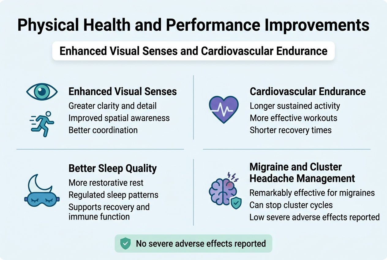 Top 10 Benefits of Microdosing - Fungi Psilocybin Mushroom Create A Clean, Modern Full-Bleed Infographic In 3:2 Aspect Ratio With A Professional Medical/Wellness Style. Use A Light White Or Very Pale Blue Background With Teal, Blue, And Purple Accents, Crisp Sans-Serif Fonts, Strong Hierarchy, And Clear Iconography. Place A Bold Title Across The Top: &Quot;Physical Health And Performance Improvements&Quot;.
Use A Wide Horizontal 2-Row Layout With Four Main Sections Arranged In A Balanced Grid, Each In A Rounded Rectangular Block With A Simple Icon And Short Text. Add Thin Divider Lines And Subtle Shadowing For Clarity. Avoid A Narrow Vertical Poster Layout.
Top Section, Centered Under The Title: A Subtitle Strip In Smaller Bold Text: &Quot;Enhanced Visual Senses And Cardiovascular Endurance&Quot;.
Section 1 On The Upper Left: Include A Sharp Eye Icon And A Running Figure Icon. Text:
&Quot;Enhanced Visual Senses&Quot;
&Quot;Greater Clarity And Detail&Quot;
&Quot;Improved Spatial Awareness&Quot;
&Quot;Better Coordination&Quot;
Section 2 On The Upper Right: Include A Heart And Pulse Line Icon. Text:
&Quot;Cardiovascular Endurance&Quot;
&Quot;Longer Sustained Activity&Quot;
&Quot;More Effective Workouts&Quot;
&Quot;Shorter Recovery Times&Quot;
Section 3 On The Lower Left: Include A Moon And Sleep Mask Icon. Text:
&Quot;Better Sleep Quality&Quot;
&Quot;More Restorative Rest&Quot;
&Quot;Regulated Sleep Patterns&Quot;
&Quot;Supports Recovery And Immune Function&Quot;
Section 4 On The Lower Right: Include A Brain With A Headache/Pain Icon And A Small Safety Shield Icon. Text:
&Quot;Migraine And Cluster Headache Management&Quot;
&Quot;Remarkably Effective For Migraines&Quot;
&Quot;Can Stop Cluster Cycles&Quot;
&Quot;Low Severe Adverse Effects Reported&Quot;
At The Bottom, Add A Slim Safety Callout Bar With A Shield Icon And The Text: &Quot;No Severe Adverse Effects Reported&Quot;. Use A Calm Green Accent For Safety Emphasis.
Keep All Text Exact And Legible, With Clear Spacing, Consistent Icon Style, And A Polished Infographic Presentation.