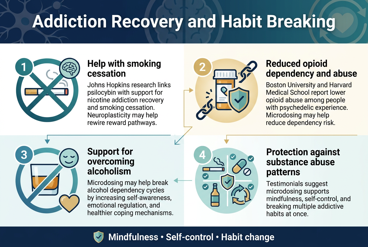 Top 10 Benefits of Microdosing - Fungi Psilocybin Mushroom Create A Clean, Professional Full-Bleed Infographic Illustration In A 3:2 Aspect Ratio, Wide Horizontal Layout With No Poster Frame, No Narrow Centered Stack, And No Inset Margins. Use A Modern Medical-Wellness Style With A Deep Navy, Teal, White, And Soft Gold Color Palette, Subtle Gradients, Crisp Vector Shapes, And Clear Typography In Bold Sans-Serif Fonts.
Top Header Across Full Width:
Large Bold Title Centered At The Top In White Text On A Dark Navy Banner: &Quot;Addiction Recovery And Habit Breaking&Quot;
Add A Subtle Background Pattern Of Connected Brain Neurons And Soft Circular Recovery Motifs Behind The Header.
Main Body: Four Wide Horizontal Sections Or Four Balanced Blocks Arranged In Two Rows Of Two Columns, Each With A Clear Numbered Label, Icon, Short Heading, And Supporting Text.
Section 1, Upper Left:
Numbered Circle Icon &Quot;1&Quot; In Teal.
Icon: A Cigarette With A Red Prohibition Slash And A Small Brain/Neural Pathway Symbol.
Heading Text: &Quot;Help With Smoking Cessation&Quot;
Body Text: &Quot;Johns Hopkins Research Links Psilocybin With Support For Nicotine Addiction Recovery And Smoking Cessation. Neuroplasticity May Help Rewire Reward Pathways.&Quot;
Section 2, Upper Right:
Numbered Circle Icon &Quot;2&Quot; In Gold.
Icon: An Opioid Pill Bottle With A Protective Shield And A Broken Chain.
Heading Text: &Quot;Reduced Opioid Dependency And Abuse&Quot;
Body Text: &Quot;Boston University And Harvard Medical School Report Lower Opioid Abuse Among People With Psychedelic Experience. Microdosing May Help Reduce Dependency Risk.&Quot;
Section 3, Lower Left:
Numbered Circle Icon &Quot;3&Quot; In Blue-Green.
Icon: A Whiskey Glass With A Slash, Paired With A Calm Face And Heart Icon.
Heading Text: &Quot;Support For Overcoming Alcoholism&Quot;
Body Text: &Quot;Microdosing May Help Break Alcohol Dependency Cycles By Increasing Self-Awareness, Emotional Regulation, And Healthier Coping Mechanisms.&Quot;
Section 4, Lower Right:
Numbered Circle Icon &Quot;4&Quot; In Soft Teal.
Icon: A Set Of Mixed Habit Symbols—Cigarette, Pill, Alcohol Bottle, And A Generic Addiction Loop Arrow—Each With Small Checkmarks And A Shield.
Heading Text: &Quot;Protection Against Substance Abuse Patterns&Quot;
Body Text: &Quot;Testimonials Suggest Microdosing Supports Mindfulness, Self-Control, And Breaking Multiple Addictive Habits At Once.&Quot;
Bottom Strip Across Full Width:
Add A Thin Concluding Banner With A Small Shield Icon And The Text: &Quot;Mindfulness • Self-Control • Habit Change&Quot;
Use Concise Visual Callouts, Connecting Lines, And Subtle Arrows Linking The Four Sections To The Central Theme Of Recovery. Keep All Text Sharp, Legible, And Correctly Spelled. Use A Clean Grid, Strong Contrast, And Spacious Layout With No Clutter.