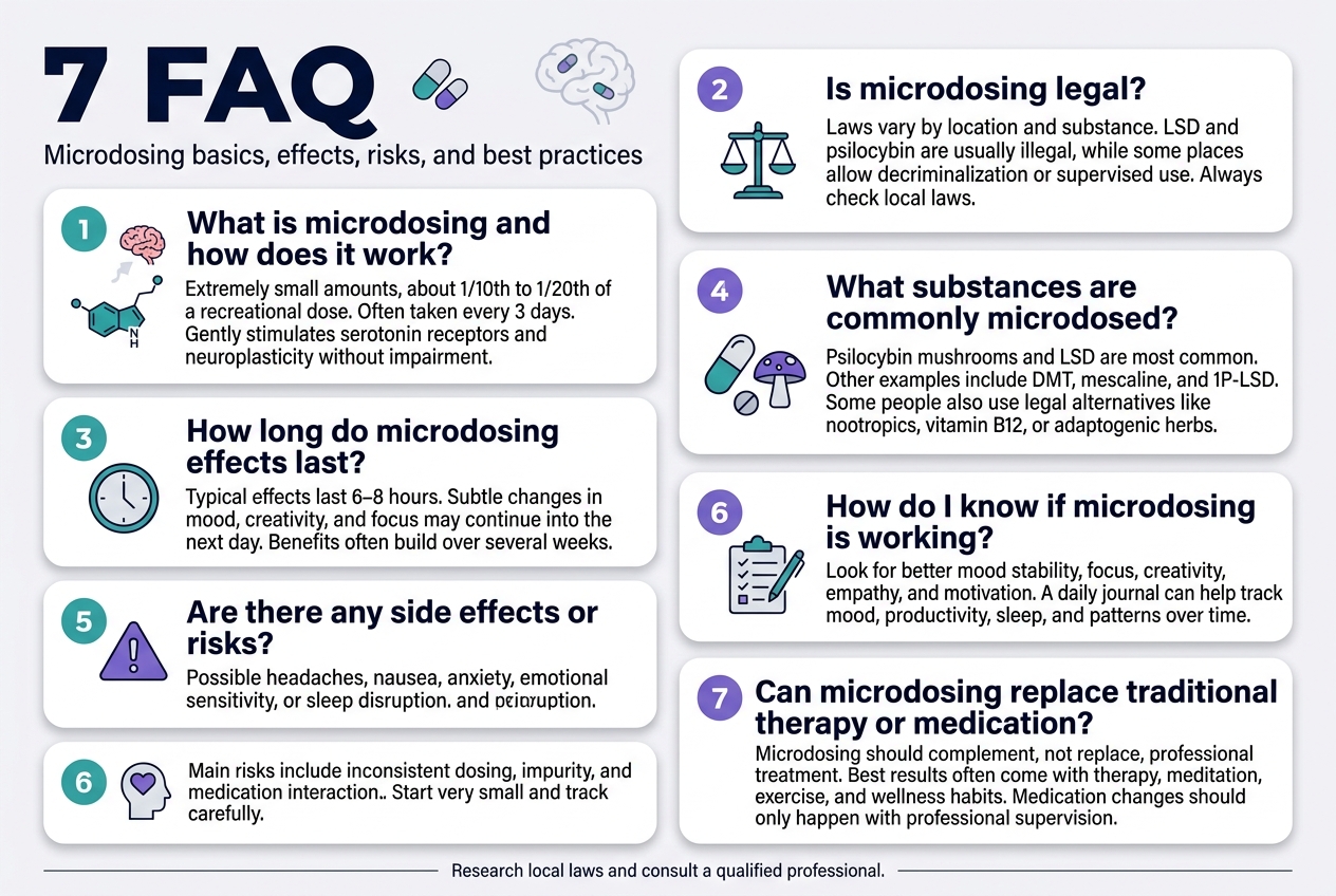 Top 10 Benefits of Microdosing - Fungi Psilocybin Mushroom Create A Clean, Modern Infographic Illustration In A 3:2 Landscape Aspect Ratio With A Full-Bleed Layout, No Frame, No Inset Border, And No Narrow Centered Vertical Stack. Use A Professional Editorial Style With A White Background, Deep Navy Headings, Teal And Violet Accent Colors, Soft Gray Dividers, And Simple Flat Vector Icons. Use A Bold Sans-Serif Font For Titles And A Readable Sans-Serif Font For Body Text.
Top Across The Full Width: Large Bold Headline Text Exactly &Quot;7 Faq&Quot; With A Small Subtitle Beneath It In Smaller Text: &Quot;Microdosing Basics, Effects, Risks, And Best Practices&Quot;. Add A Subtle Brain-And-Pills Style Icon Near The Title.
Below The Header, Arrange Seven Rounded Rectangular Content Blocks In A Wide 2-Column Grid With One Full-Width Block At The Bottom. Each Block Should Have A Colored Numbered Circle, A Simple Icon, A Bold Question Heading, And Short Supporting Text. Keep The Layout Spacious And Balanced.
Block 1, Upper Left: Numbered Circle &Quot;1&Quot; With A Small Brain And Serotonin Icon. Heading Text Exactly &Quot;What Is Microdosing And How Does It Work?&Quot; Body Text: &Quot;Extremely Small Amounts, About 1/10Th To 1/20Th Of A Recreational Dose. Often Taken Every 3 Days. Gently Stimulates Serotonin Receptors And Neuroplasticity Without Impairment.&Quot;
Block 2, Upper Right: Numbered Circle &Quot;2&Quot; With A Legal Scale Icon. Heading Text Exactly &Quot;Is Microdosing Legal?&Quot; Body Text: &Quot;Laws Vary By Location And Substance. Lsd And Psilocybin Are Usually Illegal, While Some Places Allow Decriminalization Or Supervised Use. Always Check Local Laws.&Quot;
Block 3, Middle Left: Numbered Circle &Quot;3&Quot; With A Clock Icon. Heading Text Exactly &Quot;How Long Do Microdosing Effects Last?&Quot; Body Text: &Quot;Typical Effects Last 6–8 Hours. Subtle Changes In Mood, Creativity, And Focus May Continue Into The Next Day. Benefits Often Build Over Several Weeks.&Quot;
Block 4, Middle Right: Numbered Circle &Quot;4&Quot; With A Capsule And Mushroom Icon. Heading Text Exactly &Quot;What Substances Are Commonly Microdosed?&Quot; Body Text: &Quot;Psilocybin Mushrooms And Lsd Are Most Common. Other Examples Include Dmt, Mescaline, And 1P-Lsd. Some People Also Use Legal Alternatives Like Nootropics, Vitamin B12, Or Adaptogenic Herbs.&Quot;
Block 5, Lower Left: Numbered Circle &Quot;5&Quot; With A Warning Triangle Icon. Heading Text Exactly &Quot;Are There Any Side Effects Or Risks?&Quot; Body Text: &Quot;Possible Headaches, Nausea, Anxiety, Emotional Sensitivity, Or Sleep Disruption. Main Risks Include Inconsistent Dosing, Impurity, And Medication Interactions. Start Very Small And Track Carefully.&Quot;
Block 6, Lower Right: Numbered Circle &Quot;6&Quot; With A Checklist And Journal Icon. Heading Text Exactly &Quot;How Do I Know If Microdosing Is Working?&Quot; Body Text: &Quot;Look For Better Mood Stability, Focus, Creativity, Empathy, And Motivation. A Daily Journal Can Help Track Mood, Productivity, Sleep, And Patterns Over Time.&Quot;
Bottom Full-Width Block: Numbered Circle &Quot;7&Quot; With A Therapy And Wellness Icons Row. Heading Text Exactly &Quot;Can Microdosing Replace Traditional Therapy Or Medication?&Quot; Body Text: &Quot;Microdosing Should Complement, Not Replace, Professional Treatment. Best Results Often Come With Therapy, Meditation, Exercise, And Wellness Habits. Medication Changes Should Only Happen With Professional Supervision.&Quot;
Add A Slim Horizontal Footer Line At The Bottom With Small Text Exactly &Quot;Research Local Laws And Consult A Qualified Professional.&Quot; Use Clear Visual Hierarchy, Evenly Spaced Cards, And Subtle Shadowing. Include Icons For Brain, Scale, Clock, Mushroom/Capsule, Warning, Checklist, And Wellness. Keep The Overall Look Polished, Informative, And Easy To Scan.