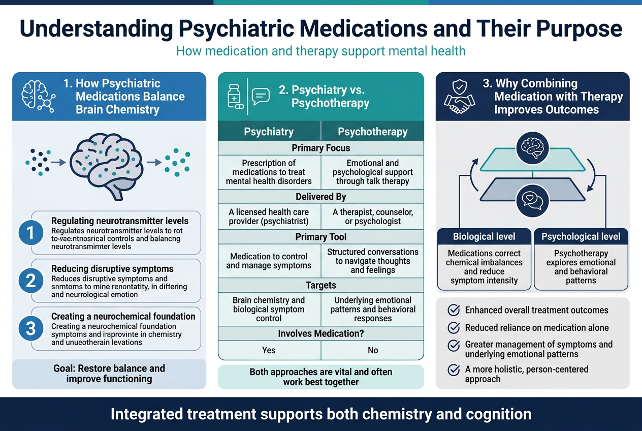 Create A Full-Bleed Professional Infographic In Aspect Ratio 3:2 With A Clean Modern Medical Style, White Background, Deep Navy Headers, Teal And Blue Accent Colors, Subtle Light Gray Dividers, And Clear Sans-Serif Typography. Use A Wide Horizontal Layout With Three Main Sections Arranged Left To Right, Each With Bold Section Headers And Simple Medical Icons. Top Full-Width Header Bar: Large Bold Title In Dark Navy: &Quot;Understanding Psychiatric Medications And Their Purpose&Quot; Small Subtitle Beneath In Teal: &Quot;How Medication And Therapy Support Mental Health&Quot; Left Section, Titled In A Blue Header Block With A Brain And Molecule Icon: Header Text: &Quot;1. How Psychiatric Medications Balance Brain Chemistry&Quot; Show A Stylized Brain With Neurotransmitter Dots And Arrows Moving Toward Balance. Include Three Stacked Numbered Points In Compact Text Blocks With Small Circular Icons: &Quot;Regulating Neurotransmitter Levels&Quot; &Quot;Reducing Disruptive Symptoms&Quot; &Quot;Creating A Neurochemical Foundation&Quot; Add A Small Callout Box At The Bottom With Bold Text: &Quot;Goal: Restore Balance And Improve Functioning&Quot; Center Section, Titled In A Teal Header Block With A Split-View Icon Showing A Pill Bottle On One Side And A Speech Bubble On The Other: Header Text: &Quot;2. Psychiatry Vs. Psychotherapy&Quot; Use A Two-Column Comparison Table With Clear Row Lines And Simple Icons. Left Column Header: &Quot;Psychiatry&Quot; Right Column Header: &Quot;Psychotherapy&Quot; Rows: &Quot;Primary Focus&Quot; | &Quot;Prescription Of Medications To Treat Mental Health Disorders&Quot; | &Quot;Emotional And Psychological Support Through Talk Therapy&Quot; &Quot;Delivered By&Quot; | &Quot;A Licensed Health Care Provider (Psychiatrist)&Quot; | &Quot;A Therapist, Counselor, Or Psychologist&Quot; &Quot;Primary Tool&Quot; | &Quot;Medication To Control And Manage Symptoms&Quot; | &Quot;Structured Conversations To Navigate Thoughts And Feelings&Quot; &Quot;Targets&Quot; | &Quot;Brain Chemistry And Biological Symptom Control&Quot; | &Quot;Underlying Emotional Patterns And Behavioral Responses&Quot; &Quot;Involves Medication?&Quot; | &Quot;Yes&Quot; | &Quot;No&Quot; Add A Small Note Underneath In A Highlighted Banner: &Quot;Both Approaches Are Vital And Often Work Best Together&Quot; Right Section, Titled In A Navy Header Block With A Handshake And Shield Icon: Header Text: &Quot;3. Why Combining Medication With Therapy Improves Outcomes&Quot; Show A Balanced Two-Layer Diagram With A Brain Icon On The Top Layer And A Speech Bubble/Heart Icon On The Bottom Layer Connected By Arrows. Include Two Bold Side-By-Side Labeled Blocks: &Quot;Biological Level&Quot; With Text: &Quot;Medications Correct Chemical Imbalances And Reduce Symptom Intensity&Quot; &Quot;Psychological Level&Quot; With Text: &Quot;Psychotherapy Explores Emotional And Behavioral Patterns&Quot; Below, Add A Benefit List With Checkmark Icons: &Quot;Enhanced Overall Treatment Outcomes&Quot; &Quot;Reduced Reliance On Medication Alone&Quot; &Quot;Greater Management Of Symptoms And Underlying Emotional Patterns&Quot; &Quot;A More Holistic, Person-Centered Approach&Quot; Bottom Full-Width Footer Banner In Dark Navy With White Text: &Quot;Integrated Treatment Supports Both Chemistry And Cognition&Quot; Use Clean Spacing, Strong Visual Hierarchy, Rounded Rectangular Panels, Clear Iconography, And Professional Healthcare Infographic Styling. Make All Text Sharp, Legible, And Evenly Aligned Within The Layout.