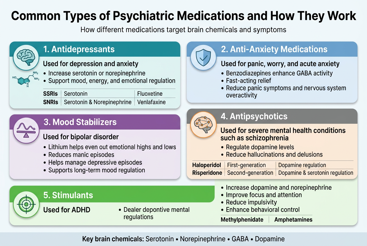 Create A Clean, Professional Medical Infographic In A Full-Bleed 3:2 Landscape Layout With A Modern Sans-Serif Font, White Background, Blue-Gray Accents, And Color-Coded Section Cards. Place A Large Bold Title Across The Top: &Quot;Common Types Of Psychiatric Medications And How They Work&Quot;. Under The Title, Organize The Content Into Five Wide Horizontal Sections Or A 2-Row Grid Of Cards With Clear Icons, Labels, And Short Bullet Points. Use Simple Flat Medical Icons For Each Section: Brain + Serotonin, Calm Shield, Mood Wave, Balance Scales, And Focus Target. Top Header Area: - Large Title Centered Or Left-Aligned At The Top. - Small Subtitle Line Beneath: &Quot;How Different Medications Target Brain Chemicals And Symptoms&Quot; Section 1: Antidepressants - Use A Warm Teal Card With A Brain Icon And Serotonin/Norepinephrine Molecules. - Section Heading: &Quot;1. Antidepressants&Quot; - Short Text: &Quot;Used For Depression And Anxiety&Quot; - Bullet Points: - &Quot;Increase Serotonin Or Norepinephrine&Quot; - &Quot;Support Mood, Energy, And Emotional Regulation&Quot; - Small Table-Like Line: - &Quot;Ssris | Serotonin | Fluoxetine&Quot; - &Quot;Snris | Serotonin &Amp; Norepinephrine | Venlafaxine&Quot; Section 2: Anti-Anxiety Medications - Use A Soft Blue Card With A Calm Shield Icon. - Section Heading: &Quot;2. Anti-Anxiety Medications&Quot; - Short Text: &Quot;Used For Panic, Worry, And Acute Anxiety&Quot; - Bullet Points: - &Quot;Benzodiazepines Enhance Gaba Activity&Quot; - &Quot;Fast-Acting Relief&Quot; - &Quot;Reduce Panic Symptoms And Nervous System Overactivity&Quot; Section 3: Mood Stabilizers - Use A Purple Card With A Balance Or Wave-Stabilizing Icon. - Section Heading: &Quot;3. Mood Stabilizers&Quot; - Short Text: &Quot;Used For Bipolar Disorder&Quot; - Bullet Points: - &Quot;Lithium Helps Even Out Emotional Highs And Lows&Quot; - &Quot;Reduces Manic Episodes&Quot; - &Quot;Helps Manage Depressive Episodes&Quot; - &Quot;Supports Long-Term Mood Regulation&Quot; Section 4: Antipsychotics - Use An Orange-Gray Card With A Dopamine Pathway Or Brain-Network Icon. - Section Heading: &Quot;4. Antipsychotics&Quot; - Short Text: &Quot;Used For Severe Mental Health Conditions Such As Schizophrenia&Quot; - Bullet Points: - &Quot;Regulate Dopamine Levels&Quot; - &Quot;Reduce Hallucinations And Delusions&Quot; - Small Table-Like Line: - &Quot;Haloperidol | First-Generation | Dopamine Regulation&Quot; - &Quot;Risperidone | Second-Generation | Dopamine &Amp; Serotonin Regulation&Quot; Section 5: Stimulants - Use A Bright Green Card With A Target Or Focus Icon. - Section Heading: &Quot;5. Stimulants&Quot; - Short Text: &Quot;Used For Adhd&Quot; - Bullet Points: - &Quot;Increase Dopamine And Norepinephrine&Quot; - &Quot;Improve Focus And Attention&Quot; - &Quot;Reduce Impulsivity&Quot; - &Quot;Enhance Behavioral Control&Quot; - Small Example Line: - &Quot;Methylphenidate&Quot; - &Quot;Amphetamines&Quot; Add A Slim Bottom Summary Bar Across The Full Width With The Text: &Quot;Key Brain Chemicals: Serotonin • Norepinephrine • Gaba • Dopamine&Quot; Use Clear Hierarchy, Strong Spacing, Rounded Cards, Subtle Shadows, And Crisp Infographic Labels. Keep All Text Highly Legible And Aligned Neatly Within Each Section.