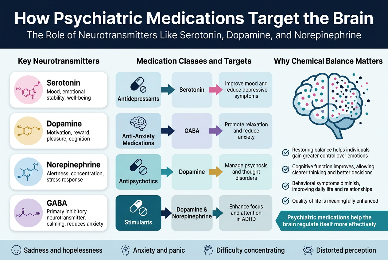 Create A Clean Professional Medical Infographic In Full-Bleed Landscape Format, Aspect Ratio 3:2, With A White Background, Deep Navy And Teal Accents, Subtle Light-Blue Gradients, And Modern Sans-Serif Typography. Use A Bold Dark-Navy Title Across The Top: &Quot;How Psychiatric Medications Target The Brain&Quot;. Place A Smaller Subtitle Beneath: &Quot;The Role Of Neurotransmitters Like Serotonin, Dopamine, And Norepinephrine&Quot;. Use A Wide Horizontal Layout With Three Main Sections Across The Page And Clear Visual Hierarchy. Left Section: &Quot;Key Neurotransmitters&Quot; Show Four Stacked Rounded Cards With Simple Brain And Chemical Icon Graphics: 1. A Pink Serotonin Molecule Icon With The Label &Quot;Serotonin&Quot; And Body Text: &Quot;Mood, Emotional Stability, Well-Being&Quot; 2. A Gold Dopamine Molecule Icon With The Label &Quot;Dopamine&Quot; And Body Text: &Quot;Motivation, Reward, Pleasure, Cognition&Quot; 3. A Blue Norepinephrine Molecule Icon With The Label &Quot;Norepinephrine&Quot; And Body Text: &Quot;Alertness, Concentration, Stress Response&Quot; 4. A Purple Gaba Molecule Icon With The Label &Quot;Gaba&Quot; And Body Text: &Quot;Primary Inhibitory Neurotransmitter, Calming, Reduces Anxiety&Quot; Center Section: &Quot;Medication Classes And Targets&Quot; Use A 4-Row Horizontal Matrix Or Connected Flow Chart With Medication Icons And Arrows Pointing To Neurotransmitter Targets. Include These Exact Labels: - &Quot;Antidepressants&Quot; → &Quot;Serotonin&Quot; → &Quot;Improve Mood And Reduce Depressive Symptoms&Quot; - &Quot;Anti-Anxiety Medications&Quot; → &Quot;Gaba&Quot; → &Quot;Promote Relaxation And Reduce Anxiety&Quot; - &Quot;Antipsychotics&Quot; → &Quot;Dopamine&Quot; → &Quot;Manage Psychosis And Thought Disorders&Quot; - &Quot;Stimulants&Quot; → &Quot;Dopamine &Amp; Norepinephrine&Quot; → &Quot;Enhance Focus And Attention In Adhd&Quot; Add A Small Pill, Brain, And Pathway Icon Beside Each Class. Use Colored Arrows Connecting Each Medication Class To Its Neurotransmitter Target. Right Section: &Quot;Why Chemical Balance Matters&Quot; Create A Large Brain Illustration With Balanced Neurotransmitter Dots On One Side And Chaotic Scattered Dots On The Other Side. Under It, Place Two Stacked Text Blocks With Checkmark Icons: &Quot;Restoring Balance Helps Individuals Gain Greater Control Over Emotions&Quot; &Quot;Cognitive Function Improves, Allowing Clearer Thinking And Better Decisions&Quot; &Quot;Behavioral Symptoms Diminish, Improving Daily Life And Relationships&Quot; &Quot;Quality Of Life Is Meaningfully Enhanced&Quot; Below That, Add A Final Emphasized Statement In A Teal Banner: &Quot;Psychiatric Medications Help The Brain Regulate Itself More Effectively&Quot; Add A Bottom Strip Spanning The Full Width With Four Small Icon-Plus-Label Callouts For Common Symptom Areas: &Quot;Sadness And Hopelessness&Quot; &Quot;Anxiety And Panic&Quot; &Quot;Difficulty Concentrating&Quot; &Quot;Distorted Perception&Quot; Use Crisp Vector-Style Medical Infographic Visuals, Flat Design, Subtle Shadows, Clean Spacing, And Strong Alignment. No Extra Text, No Borders, No Watermark.