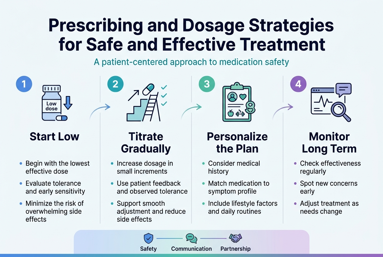 Aspect Ratio 3:2, Full-Bleed Clean Medical Infographic In A Modern Flat Vector Style, White Background With Soft Blue And Teal Accents, Dark Navy Headings, Subtle Light-Gray Dividers, Professional Sans-Serif Font. Top Header Across The Full Width: Bold Title In Dark Navy: &Quot;Prescribing And Dosage Strategies For Safe And Effective Treatment&Quot; Small Subtitle Below In Teal: &Quot;A Patient-Centered Approach To Medication Safety&Quot; Main Layout: A Wide 4-Section Horizontal Infographic With Four Equal Panels Across The Page, Each Panel With A Colored Number Badge, A Simple Icon, A Bold Section Heading, And 2–3 Short Bullet Points. Use Clear Visual Hierarchy And Ample Spacing. Section 1 On The Left: Blue Circular Badge With &Quot;1&Quot; Icon: Low-Dose Pill Bottle With A Small Downward Arrow Heading: &Quot;Start Low&Quot; Bullets: &Quot;Begin With The Lowest Effective Dose&Quot; &Quot;Evaluate Tolerance And Early Sensitivity&Quot; &Quot;Minimize The Risk Of Overwhelming Side Effects&Quot; Section 2 Next To It: Teal Circular Badge With &Quot;2&Quot; Icon: Upward Step Ladder With A Pill And Small Check Marks Heading: &Quot;Titrate Gradually&Quot; Bullets: &Quot;Increase Dosage In Small Increments&Quot; &Quot;Use Patient Feedback And Observed Tolerance&Quot; &Quot;Support Smooth Adjustment And Reduce Side Effects&Quot; Section 3 Next: Green Circular Badge With &Quot;3&Quot; Icon: Clipboard With Person Profile, Heart, And Small Lifestyle Symbols Heading: &Quot;Personalize The Plan&Quot; Bullets: &Quot;Consider Medical History&Quot; &Quot;Match Medication To Symptom Profile&Quot; &Quot;Include Lifestyle Factors And Daily Routines&Quot; Section 4 On The Right: Purple Circular Badge With &Quot;4&Quot; Icon: Monitoring Screen With Heartbeat Line, Magnifying Glass, And Chat Bubble Heading: &Quot;Monitor Long Term&Quot; Bullets: &Quot;Check Effectiveness Regularly&Quot; &Quot;Spot New Concerns Early&Quot; &Quot;Adjust Treatment As Needs Change&Quot; Bottom Horizontal Strip Spanning The Full Width With A Soft Gradient From Blue To Purple: Three Small Connected Icons With Short Labels In A Row: &Quot;Safety&Quot; &Quot;Communication&Quot; &Quot;Partnership&Quot; Include Subtle Curved Arrows Connecting Sections 1 To 2 To 3 To 4 To Show The Treatment Flow. Use Crisp, Legible Text, Medical Infographic Icons, Balanced Spacing, And A Polished Clinical Aesthetic. No Frame, No Border, No Clutter.