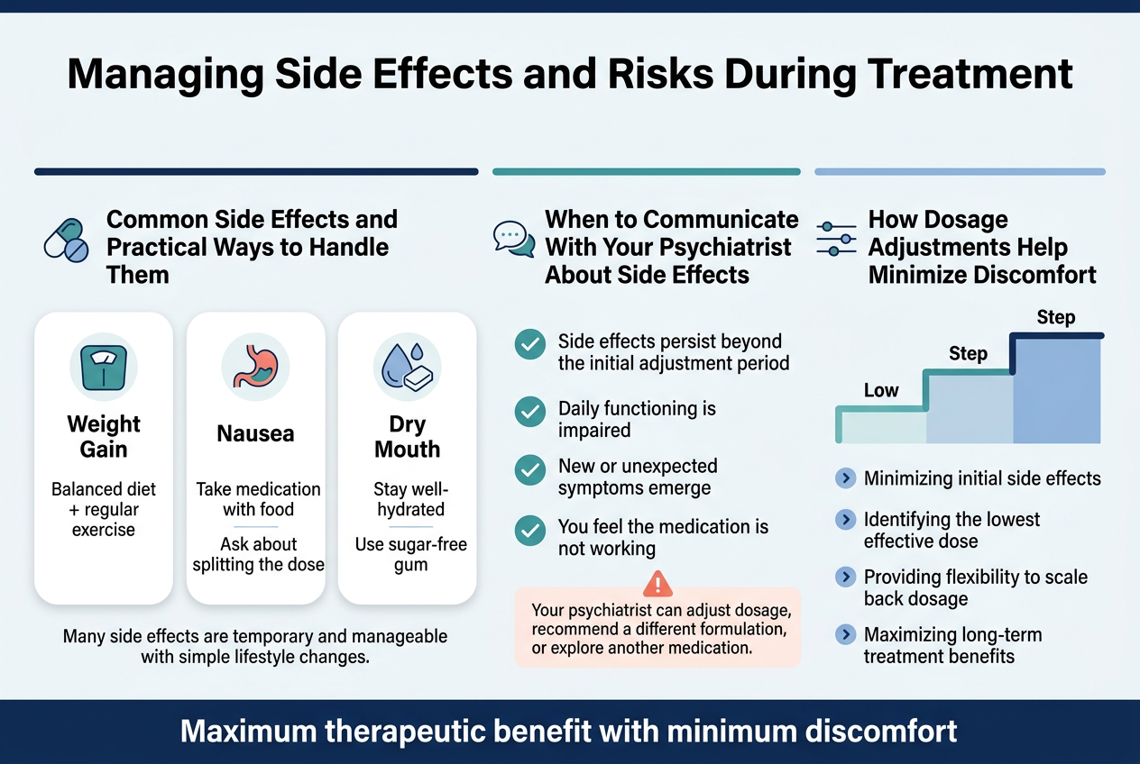 Create A Clean, Professional Healthcare Infographic In A Full-Bleed 3:2 Landscape Layout With A Modern White Background, Deep Navy Headers, Teal And Soft Blue Section Accents, And Small Coral Warning Highlights. Use A Bold Sans-Serif Font For Headings And A Readable Sans-Serif Font For Body Text. Place A Large Title Across The Top Center: &Quot;Managing Side Effects And Risks During Treatment&Quot;. Below The Title, Organize The Infographic Into Three Wide Horizontal Sections Spanning The Page, Each With A Clear Heading, Icon, And Short Bullet-Style Text. Use A Balanced Multi-Column Layout, Not A Narrow Vertical Poster. Left Section: &Quot;Common Side Effects And Practical Ways To Handle Them&Quot; With A Pill Icon And Three Rounded Cards Arranged In A Row Or Two-Column Grid: 1. A Scale/Weight Icon Next To &Quot;Weight Gain&Quot; And Smaller Text: &Quot;Balanced Diet + Regular Exercise&Quot; 2. A Stomach/Nausea Icon Next To &Quot;Nausea&Quot; And Smaller Text: &Quot;Take Medication With Food&Quot; And &Quot;Ask About Splitting The Dose&Quot; 3. A Water Droplet And Gum Icon Next To &Quot;Dry Mouth&Quot; And Smaller Text: &Quot;Stay Well-Hydrated&Quot; And &Quot;Use Sugar-Free Gum&Quot; Add A Small Supportive Line Beneath The Cards: &Quot;Many Side Effects Are Temporary And Manageable With Simple Lifestyle Changes.&Quot; Center Section: &Quot;When To Communicate With Your Psychiatrist About Side Effects&Quot; With A Speech Bubble Icon And A Checklist Of Four Items, Each With A Teal Checkmark Icon: - &Quot;Side Effects Persist Beyond The Initial Adjustment Period&Quot; - &Quot;Daily Functioning Is Impaired&Quot; - &Quot;New Or Unexpected Symptoms Emerge&Quot; - &Quot;You Feel The Medication Is Not Working&Quot; Add A Small Note Below In A Highlighted Box With An Alert Icon: &Quot;Your Psychiatrist Can Adjust Dosage, Recommend A Different Formulation, Or Explore Another Medication.&Quot; Right Section: &Quot;How Dosage Adjustments Help Minimize Discomfort&Quot; With A Titration/Slider Icon And A Simple Step-Up Visual Showing A Low Dose Increasing Gradually Over Three Steps. Include Four Compact Benefit Bullets With Small Arrow Icons: - &Quot;Minimizing Initial Side Effects&Quot; - &Quot;Identifying The Lowest Effective Dose&Quot; - &Quot;Providing Flexibility To Scale Back Dosage&Quot; - &Quot;Maximizing Long-Term Treatment Benefits&Quot; Add A Bottom Banner In Navy With White Text: &Quot;Maximum Therapeutic Benefit With Minimum Discomfort&Quot; Use Clear Spacing, Subtle Divider Lines Between Sections, Rounded Cards, And Small Medical Icons. Keep All Text Crisp, Legible, And Exactly As Written. No People, No Photo Realism, No Clutter.