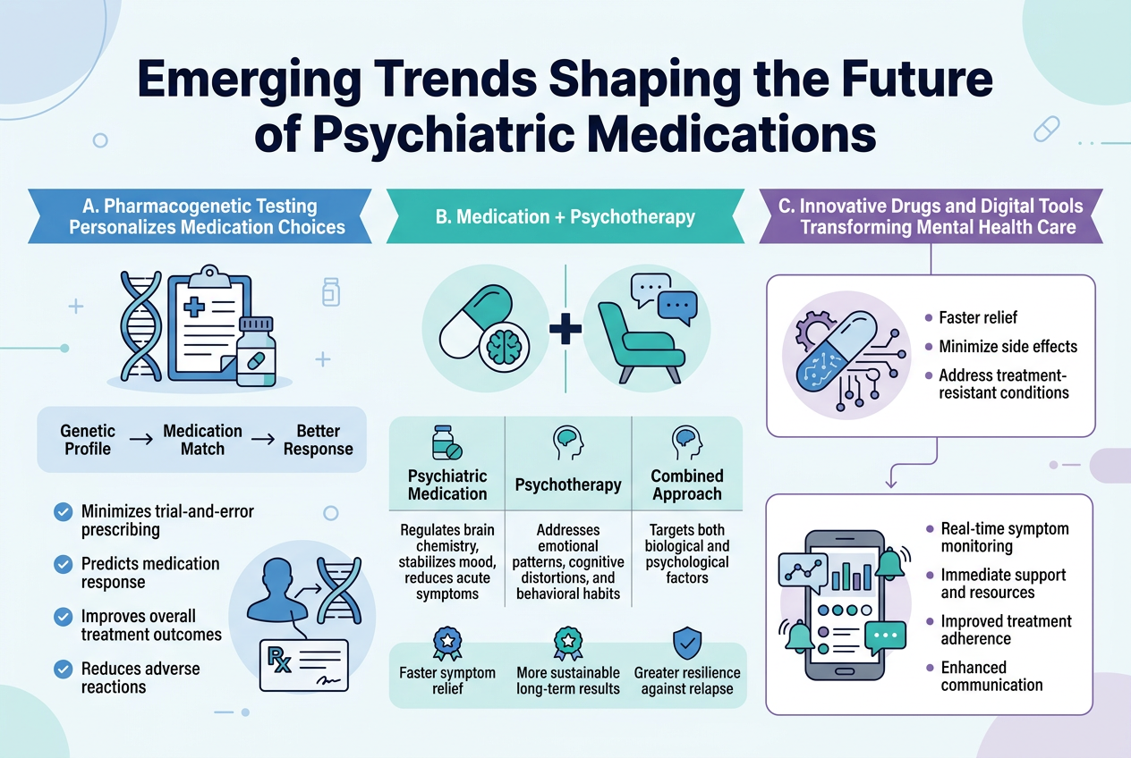 Create A Full-Bleed Professional Infographic In A 3:2 Aspect Ratio With A Clean Modern Medical-Tech Style, White Background With Soft Blue, Teal, Purple, And Green Accents, Crisp Sans-Serif Fonts, Strong Hierarchy, And Wide Horizontal Section Layouts. Top Center: Large Bold Title In Dark Navy Text: &Quot;Emerging Trends Shaping The Future Of Psychiatric Medications&Quot; Below The Title, Arrange Three Wide Horizontal Content Blocks Across The Canvas With Clear Section Headers, Numbered Labels, And Simple Flat Icons. Section 1 On The Left, Labeled In A Blue Header Ribbon: &Quot;A. Pharmacogenetic Testing Personalizes Medication Choices&Quot; Include An Icon Of A Dna Helix Beside A Medical Clipboard And Pill Bottle. Place A Short Flow Diagram With Arrows: &Quot;Genetic Profile&Quot; → &Quot;Medication Match&Quot; → &Quot;Better Response&Quot; Add Four Small Bullet Points With Checkmark Icons: &Quot;Minimizes Trial-And-Error Prescribing&Quot; &Quot;Predicts Medication Response&Quot; &Quot;Improves Overall Treatment Outcomes&Quot; &Quot;Reduces Adverse Reactions&Quot; Add A Small Visual Of A Patient Silhouette Connected To A Dna Strand And A Prescription Card. Section 2 In The Center, Labeled In A Teal Header Ribbon: &Quot;B. Medication + Psychotherapy&Quot; Show A Split Visual: Left Side A Pill Icon With A Brain Outline, Right Side A Therapy Chair With Speech Bubbles, Joined Together By A Central Plus Sign. Add A Simple Three-Column Comparison Row With Icons: &Quot;Psychiatric Medication&Quot; — &Quot;Regulates Brain Chemistry, Stabilizes Mood, Reduces Acute Symptoms&Quot; &Quot;Psychotherapy&Quot; — &Quot;Addresses Emotional Patterns, Cognitive Distortions, And Behavioral Habits&Quot; &Quot;Combined Approach&Quot; — &Quot;Targets Both Biological And Psychological Factors&Quot; Add Three Outcome Badges Beneath With Small Star Or Shield Icons: &Quot;Faster Symptom Relief&Quot; &Quot;More Sustainable Long-Term Results&Quot; &Quot;Greater Resilience Against Relapse&Quot; Section 3 On The Right, Labeled In A Purple Header Ribbon: &Quot;C. Innovative Drugs And Digital Tools Transforming Mental Health Care&Quot; Split This Block Into Two Stacked Mini-Panels. Top Mini-Panel: Icon Of A Futuristic Pill Capsule And Brain Circuitry, With Three Bullets: &Quot;Faster Relief&Quot; &Quot;Minimize Side Effects&Quot; &Quot;Address Treatment-Resistant Conditions&Quot; Bottom Mini-Panel: Icon Of A Smartphone Dashboard With Graphs, Mood Dots, Reminder Bell, And Chat Bubble, With Four Bullets: &Quot;Real-Time Symptom Monitoring&Quot; &Quot;Immediate Support And Resources&Quot; &Quot;Improved Treatment Adherence&Quot; &Quot;Enhanced Communication&Quot; Add A Small Connecting Arrow Or Line Linking The Drug Panel To The Digital Tools Panel. Use Subtle Background Shapes, Thin Dividers, And Small Medical Symbols For Balance. Keep The Layout Airy And Organized, With All Text Clearly Readable And Aligned. No Border Frame, No Poster Mockup, No 3D Effects.