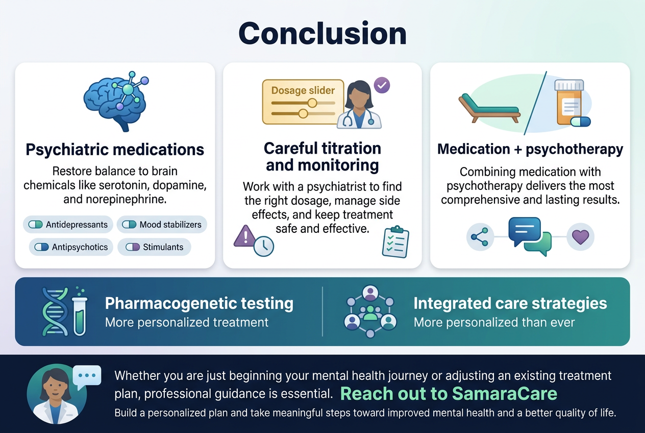 Create A Clean, Professional Medical Infographic In A Wide 3:2 Aspect Ratio, Full-Bleed Edge-To-Edge Layout, No Frame, No Inset Margins, Using A Modern Flat Vector Style With Soft Gradients. Use A Calming Palette Of Deep Blue, Teal, White, And Light Gray With Subtle Accents Of Green And Purple. Use Bold Sans-Serif Typography For Headings And Smaller Readable Sans-Serif Body Text. Top Center: Large Bold Title In Dark Navy Text, &Quot;Conclusion&Quot; Below The Title, Arrange The Content In A Wide 3-Column Layout With Rounded Rectangular Sections And Clear Icons: Left Section: A Blue Brain Icon With Glowing Chemical Nodes Above A Bold Subheading, &Quot;Psychiatric Medications&Quot; Under It, Include The Text: &Quot;Restore Balance To Brain Chemicals Like Serotonin, Dopamine, And Norepinephrine.&Quot; At The Bottom Of This Section, Add Four Small Pill-Style Icons Labeled: &Quot;Antidepressants&Quot;, &Quot;Mood Stabilizers&Quot;, &Quot;Antipsychotics&Quot;, &Quot;Stimulants&Quot; Center Section: A Gold Dosage Slider Icon With A Psychiatrist Silhouette And A Small Checkmark Above A Bold Subheading, &Quot;Careful Titration And Monitoring&Quot; Under It, Include The Text: &Quot;Work With A Psychiatrist To Find The Right Dosage, Manage Side Effects, And Keep Treatment Safe And Effective.&Quot; Include Small Side-Effect Alert Icons Рядом With The Text: A Warning Triangle, A Clock, And A Checklist Right Section: A Split Icon Showing A Therapy Couch Beside A Pill Bottle, And Above It A Bold Subheading, &Quot;Medication + Psychotherapy&Quot; Under It, Include The Text: &Quot;Combining Medication With Psychotherapy Delivers The Most Comprehensive And Lasting Results.&Quot; At The Bottom Of This Section, Include A Connected Therapy Chat Bubble Icon And A Heart Icon Across The Lower Half Of The Infographic, Add A Wide Horizontal Banner Section With Two Future-Focused Blocks: Left Block With A Dna And Test Tube Icon And Bold Label, &Quot;Pharmacogenetic Testing&Quot; Include The Text: &Quot;More Personalized Treatment&Quot; Right Block With A Networked Care Team Icon And Bold Label, &Quot;Integrated Care Strategies&Quot; Include The Text: &Quot;More Personalized Than Ever&Quot; Bottom Strip Across The Full Width: A Friendly Provider Icon With A Speech Bubble On The Left And A Large Call-To-Action On The Right. Include The Exact Text: &Quot;Whether You Are Just Beginning Your Mental Health Journey Or Adjusting An Existing Treatment Plan, Professional Guidance Is Essential.&Quot; Then A Bold Highlighted Line: &Quot;Reach Out To Samaracare&Quot; And A Smaller Line Beneath: &Quot;Build A Personalized Plan And Take Meaningful Steps Toward Improved Mental Health And A Better Quality Of Life.&Quot; Use Clear Section Dividers, Subtle Shadows, Ample Spacing, And Strong Visual Hierarchy. Keep All Text Crisp, Aligned, And Easy To Read.