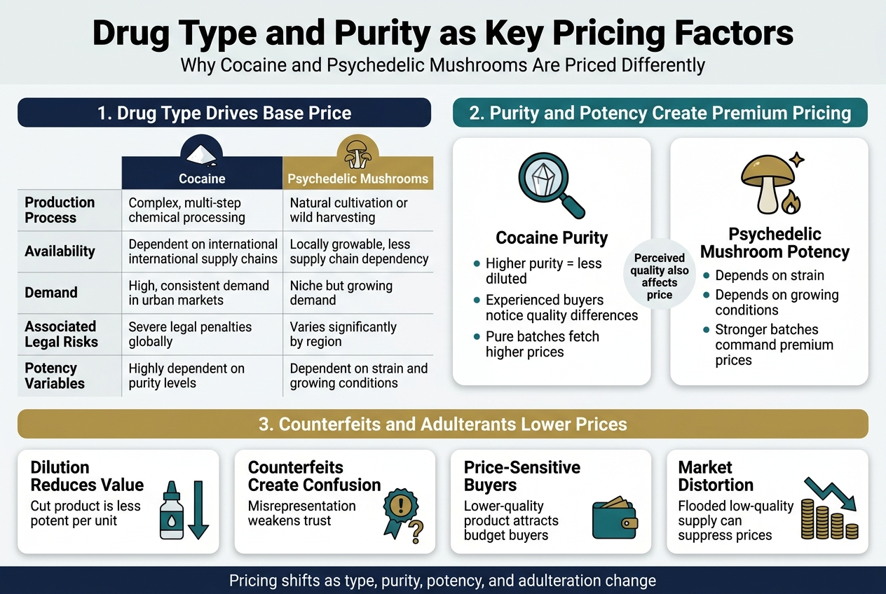 Create A Full-Bleed Professional Infographic In Aspect Ratio 3:2 With A Clean Modern Editorial Style, White Background With Deep Navy, Teal, Gold, And Muted Gray Accents, Bold Sans-Serif Typography, Clear Section Dividers, And Wide Horizontal Multi-Column Layout. Top Header Across The Full Width: Large Bold Title Text: &Quot;Drug Type And Purity As Key Pricing Factors&Quot; Smaller Subtitle Beneath: &Quot;Why Cocaine And Psychedelic Mushrooms Are Priced Differently&Quot; Main Body Arranged In Three Wide Sections Across The Page, Each With A Colored Header Bar And Simple Flat Icons. Section 1 On The Left Half: &Quot;1. Drug Type Drives Base Price&Quot; Use A Side-By-Side Comparison Table With Two Columns Labeled &Quot;Cocaine&Quot; And &Quot;Psychedelic Mushrooms&Quot;. Add A Small Icon Above Each Column: A White Powder Crystal Icon For Cocaine; A Mushroom Cluster Icon For Psychedelic Mushrooms. Include These Rows: &Quot;Production Process&Quot; — &Quot;Complex, Multi-Step Chemical Processing&Quot; | &Quot;Natural Cultivation Or Wild Harvesting&Quot; &Quot;Availability&Quot; — &Quot;Dependent On International Supply Chains&Quot; | &Quot;Locally Growable, Less Supply Chain Dependency&Quot; &Quot;Demand&Quot; — &Quot;High, Consistent Demand In Urban Markets&Quot; | &Quot;Niche But Growing Demand&Quot; &Quot;Associated Legal Risks&Quot; — &Quot;Severe Legal Penalties Globally&Quot; | &Quot;Varies Significantly By Region&Quot; &Quot;Potency Variables&Quot; — &Quot;Highly Dependent On Purity Levels&Quot; | &Quot;Dependent On Strain And Growing Conditions&Quot; Section 2 Centered And Slightly Larger: &Quot;2. Purity And Potency Create Premium Pricing&Quot; Use Two Large Vertical Cards With Icons And Short Bullets. Left Card Title: &Quot;Cocaine Purity&Quot; Icon: A Magnifying Glass Over A Crystal. Bullets: &Quot;Higher Purity = Less Diluted&Quot; &Quot;Experienced Buyers Notice Quality Differences&Quot; &Quot;Pure Batches Fetch Higher Prices&Quot; Right Card Title: &Quot;Psychedelic Mushroom Potency&Quot; Icon: A Mushroom With A Small Sparkle Or Flame Symbol. Bullets: &Quot;Depends On Strain&Quot; &Quot;Depends On Growing Conditions&Quot; &Quot;Stronger Batches Command Premium Prices&Quot; Add A Small Callout Banner Between The Cards: &Quot;Perceived Quality Also Affects Price&Quot; Section 3 Across The Bottom Full Width: &Quot;3. Counterfeits And Adulterants Lower Prices&Quot; Use Four Compact Icon Blocks In A Row With Arrows Showing Downward Price Movement. Block 1 Title: &Quot;Dilution Reduces Value&Quot; Text: &Quot;Cut Product Is Less Potent Per Unit&Quot; Icon: A Dropped Liquid Dilution Bottle And Downward Arrow Block 2 Title: &Quot;Counterfeits Create Confusion&Quot; Text: &Quot;Misrepresentation Weakens Trust&Quot; Icon: A Warning Badge And Question Mark Block 3 Title: &Quot;Price-Sensitive Buyers&Quot; Text: &Quot;Lower-Quality Product Attracts Budget Buyers&Quot; Icon: A Wallet And Small Coin Block 4 Title: &Quot;Market Distortion&Quot; Text: &Quot;Flooded Low-Quality Supply Can Suppress Prices&Quot; Icon: A Crowded Market Stack With A Downward Graph Arrow Add A Small Concluding Footer Strip Across The Bottom: Text: &Quot;Pricing Shifts As Type, Purity, Potency, And Adulteration Change&Quot; Use Clean Spacing, Balanced Alignment, Subtle Shadows, Thin Lines, And Strong Visual Hierarchy. Keep The Infographic Polished, Readable, And Data-Focused With No Extra Elements.