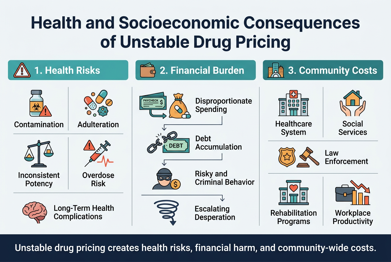 Create A Clean Professional Landscape Infographic In Full-Bleed 3:2 Aspect Ratio With A White Background, Dark Navy Title, Teal And Orange Accent Colors, Modern Sans-Serif Fonts, Strong Visual Hierarchy, And Wide Horizontal Multi-Section Layout. Top Center: Large Bold Title In Dark Navy Text: &Quot;Health And Socioeconomic Consequences Of Unstable Drug Pricing&Quot; Below The Title, Divide The Canvas Into Three Wide Horizontal Sections With Colored Header Bars And Clear Icons. Left Section Titled: &Quot;1. Health Risks&Quot; With A Medical Warning Icon. Use A 2-Column Mini-Grid Of Four Illustrated Icons And Short Labels: - Vial With Hazard Symbol: &Quot;Contamination&Quot; - Pills Mixed With Foreign Particles: &Quot;Adulteration&Quot; - Scale Icon With Uneven Weights: &Quot;Inconsistent Potency&Quot; - Syringe Warning Icon And Red Pulse Line: &Quot;Overdose Risk&Quot; At The Bottom Of This Section, Include A Small Organ/Brain Icon With The Label: &Quot;Long-Term Health Complications&Quot; Center Section Titled: &Quot;2. Financial Burden&Quot; With A Wallet Icon. Use Three Stacked Illustrated Callouts Connected By Arrows: - Paycheck Flowing Into A Drug Bag: &Quot;Disproportionate Spending&Quot; - Broken Chain And Debt Note: &Quot;Debt Accumulation&Quot; - Theft Mask And Dollar Sign: &Quot;Risky And Criminal Behavior&Quot; Add A Downward Spiral Icon With The Label: &Quot;Escalating Desperation&Quot; Right Section Titled: &Quot;3. Community Costs&Quot; With A City/Community Icon. Show Five Compact Infographic Blocks In A Vertical Or 2X3 Grid Layout With Matching Icons: - Hospital Building + Cross: &Quot;Healthcare System&Quot; - House And Support Hands: &Quot;Social Services&Quot; - Police Badge And Court Gavel: &Quot;Law Enforcement&Quot; - Rehab Center And Heart Icon: &Quot;Rehabilitation Programs&Quot; - Briefcase And Declining Chart: &Quot;Workplace Productivity&Quot; Add A Bottom Wide Summary Band Across The Full Width In Dark Navy With White Text: &Quot;Unstable Drug Pricing Creates Health Risks, Financial Harm, And Community-Wide Costs.&Quot; Use Crisp Flat-Vector Illustrations, Thin Dividers, Subtle Shadows, And Balanced Spacing. Keep All Text Highly Legible, Left-Aligned Within Sections, And Avoid Any Poster Frame, Narrow Centered Stack, Or Decorative Clutter.