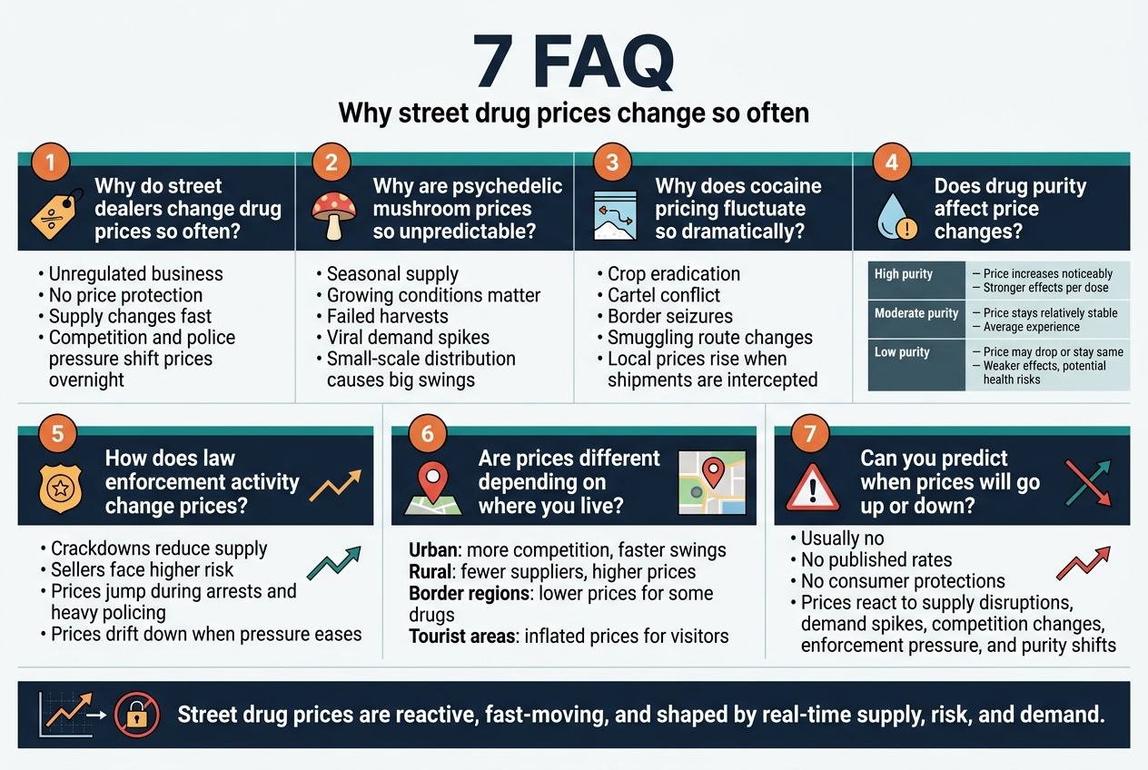 Create A Clean, Professional Infographic In A 3:2 Landscape Aspect Ratio, Full-Bleed Background, Wide Horizontal Layout With No Poster Frame Or Narrow Centered Stack. Use A Modern Sans-Serif Font, Bold Title, Clear Section Hierarchy, And A Color Palette Of Dark Navy, White, Teal, Orange, And Red Accents. Add Subtle Grid Lines And Simple Flat Vector Icons. Top Header: Large Bold Title Centered At The Top: &Quot;7 Faq&Quot; Smaller Subtitle Under It: &Quot;Why Street Drug Prices Change So Often&Quot; Main Layout: Use 7 Numbered Sections Arranged In A 2-Row Grid: Top Row: Sections 1, 2, 3, 4 Bottom Row: Sections 5, 6, 7 Spanning Full Width With Balanced Spacing Section 1: Number Circle &Quot;1&Quot; With A Price Tag Icon Heading: &Quot;Why Do Street Dealers Change Drug Prices So Often?&Quot; Body Text: &Quot;Unregulated Business • No Price Protection • Supply Changes Fast • Competition And Police Pressure Shift Prices Overnight&Quot; Section 2: Number Circle &Quot;2&Quot; With A Mushroom Icon Heading: &Quot;Why Are Psychedelic Mushroom Prices So Unpredictable?&Quot; Body Text: &Quot;Seasonal Supply • Growing Conditions Matter • Failed Harvests • Viral Demand Spikes • Small-Scale Distribution Causes Big Swings&Quot; Section 3: Number Circle &Quot;3&Quot; With A Cocaine Bag/Route Icon Heading: &Quot;Why Does Cocaine Pricing Fluctuate So Dramatically?&Quot; Body Text: &Quot;Crop Eradication • Cartel Conflict • Border Seizures • Smuggling Route Changes • Local Prices Rise When Shipments Are Intercepted&Quot; Section 4: Number Circle &Quot;4&Quot; With A Purity Droplet Icon And A Small Three-Line Mini Table Heading: &Quot;Does Drug Purity Affect Price Changes?&Quot; Mini Table Text: &Quot;High Purity — Price Increases Noticeably — Stronger Effects Per Dose&Quot; &Quot;Moderate Purity — Price Stays Relatively Stable — Average Experience&Quot; &Quot;Low Purity — Price May Drop Or Stay Same — Weaker Effects, Potential Health Risks&Quot; Section 5: Number Circle &Quot;5&Quot; With A Police Badge Icon Heading: &Quot;How Does Law Enforcement Activity Change Prices?&Quot; Body Text: &Quot;Crackdowns Reduce Supply • Sellers Face Higher Risk • Prices Jump During Arrests And Heavy Policing • Prices Drift Down When Pressure Eases&Quot; Section 6: Number Circle &Quot;6&Quot; With A Location Pin Icon And Small Map Panel Heading: &Quot;Are Prices Different Depending On Where You Live?&Quot; Body Text: &Quot;Urban: More Competition, Faster Swings&Quot; &Quot;Rural: Fewer Suppliers, Higher Prices&Quot; &Quot;Border Regions: Lower Prices For Some Drugs&Quot; &Quot;Tourist Areas: Inflated Prices For Visitors&Quot; Section 7: Number Circle &Quot;7&Quot; With A Warning Triangle Icon And Supply-Demand Arrows Heading: &Quot;Can You Predict When Prices Will Go Up Or Down?&Quot; Body Text: &Quot;Usually No • No Published Rates • No Consumer Protections • Prices React To Supply Disruptions, Demand Spikes, Competition Changes, Enforcement Pressure, And Purity Shifts&Quot; Bottom Summary Strip: A Wide Horizontal Banner Across The Bottom With An Icon Of A Moving Price Chart And A Lock-Free Market Symbol. Text In Bold: &Quot;Street Drug Prices Are Reactive, Fast-Moving, And Shaped By Real-Time Supply, Risk, And Demand.&Quot; Visual Style: Use High-Contrast White Text On Dark Navy Panels, Teal Section Headers, Orange Number Circles, And Red Warning Accents. Include Clean Dividers Between Sections, Simple Icons Beside Each Heading, And Small Arrows Or Trend Lines For Price Movement. Keep All Text Sharp, Readable, And Aligned In A Balanced Multi-Column Infographic Layout.