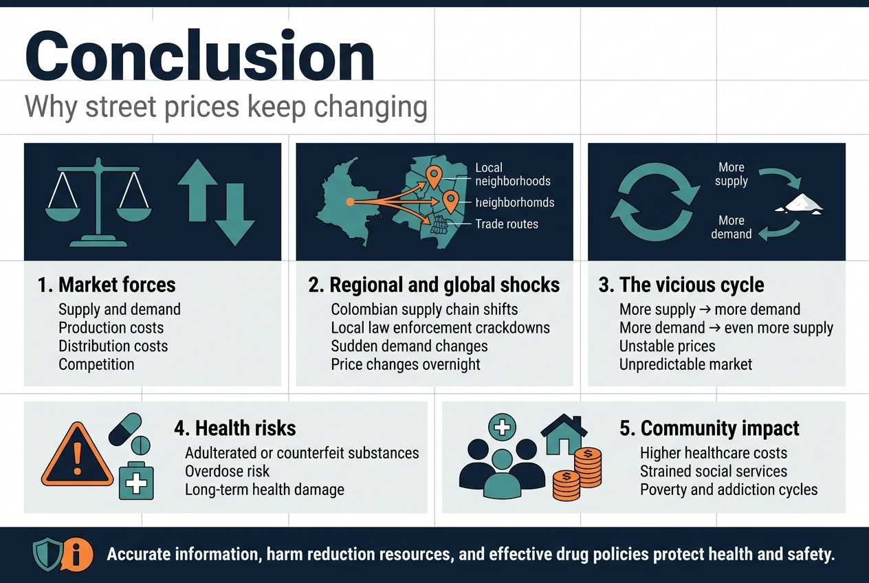 Create A Clean, Professional Full-Bleed Infographic Illustration In 3:2 Aspect Ratio With A Modern Editorial Style, Dark Navy And Teal Color Palette With Orange Warning Accents, White Background Panels, Crisp Sans-Serif Typography, And Clear Visual Hierarchy. Top Header Across The Full Width: Large Bold Title In Dark Navy Text, Exact Text: &Quot;Conclusion&Quot;. Under The Title, A Smaller Subtitle Line In Gray Text: &Quot;Why Street Prices Keep Changing&Quot;. Main Layout: Wide Horizontal Infographic With Three Sections Across The Center And Bottom, Not A Vertical Poster. Use Numbered Blocks With Icons And Short Text. Left Center Section, A Large Block With A Balance Scale Icon And Supply/Demand Arrows: &Quot;1. Market Forces&Quot; &Quot;Supply And Demand&Quot; &Quot;Production Costs&Quot; &Quot;Distribution Costs&Quot; &Quot;Competition&Quot; Middle Center Section, A Large Block With A Map/Network Icon Showing Colombia, Local Neighborhoods, And Trade Routes: &Quot;2. Regional And Global Shocks&Quot; &Quot;Colombian Supply Chain Shifts&Quot; &Quot;Local Law Enforcement Crackdowns&Quot; &Quot;Sudden Demand Changes&Quot; &Quot;Price Changes Overnight&Quot; Right Center Section, A Large Block With A Looping Circular Arrow Icon And Cocaine Market Flow: &Quot;3. The Vicious Cycle&Quot; &Quot;More Supply → More Demand&Quot; &Quot;More Demand → Even More Supply&Quot; &Quot;Unstable Prices&Quot; &Quot;Unpredictable Market&Quot; Bottom Band Spanning The Width With Two Side-By-Side Outcome Panels: Bottom Left Panel With A Warning Triangle, Pill/Capsule Icons, And A Hospital Cross: &Quot;4. Health Risks&Quot; &Quot;Adulterated Or Counterfeit Substances&Quot; &Quot;Overdose Risk&Quot; &Quot;Long-Term Health Damage&Quot; Bottom Right Panel With A Community Icon Showing People, A House, Coins, And A Healthcare Symbol: &Quot;5. Community Impact&Quot; &Quot;Higher Healthcare Costs&Quot; &Quot;Strained Social Services&Quot; &Quot;Poverty And Addiction Cycles&Quot; Add A Final Bold Takeaway Strip Along The Bottom Edge With A Shield And Information Icon, Exact Text: &Quot;Accurate Information, Harm Reduction Resources, And Effective Drug Policies Protect Health And Safety.&Quot; Use Simple Flat Vector Icons, Subtle Grid Lines, Clean Spacing, And Strong Contrast. Keep All Text Legible, Aligned, And Organized In Wide Sections.