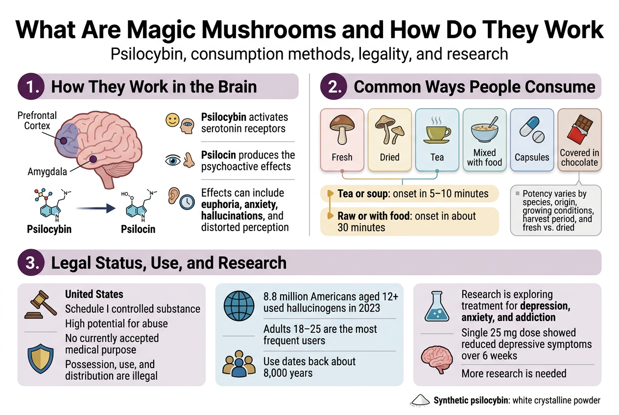 Create A Clean, Professional Full-Bleed Infographic In A 3:2 Aspect Ratio With A Modern Medical-Editorial Style, White Background, Deep Purple, Teal, Blue, And Gold Accents, Crisp Sans-Serif Fonts, And Clear Visual Hierarchy. Top Header Across The Full Width: Large Bold Title Text: &Quot;What Are Magic Mushrooms And How Do They Work&Quot; Smaller Subtitle Beneath: &Quot;Psilocybin, Consumption Methods, Legality, And Research&Quot; Main Layout: Three Wide Horizontal Sections Arranged In A 2-Column Top Row And A Full-Width Bottom Row, With Icons, Labeled Blocks, And Short Callout Cards. Left Top Section: Heading: &Quot;1. How They Work In The Brain&Quot; Draw A Simplified Brain Graphic With Highlighted Areas Labeled &Quot;Prefrontal Cortex&Quot; And &Quot;Amygdala&Quot; Add A Molecule Icon Labeled &Quot;Psilocybin&Quot; Add An Arrow Converting To A Second Molecule Icon Labeled &Quot;Psilocin&Quot; Include Short Text Blocks: &Quot;Psilocybin Activates Serotonin Receptors&Quot; &Quot;Psilocin Produces The Psychoactive Effects&Quot; &Quot;Effects Can Include Euphoria, Anxiety, Hallucinations, And Distorted Perception&Quot; Use Small Icons For Mood, Eyes, Ears, And A Clock. Right Top Section: Heading: &Quot;2. Common Ways People Consume&Quot; Show A Row Of Six Small Illustrated Cards With Icons And Labels: &Quot;Fresh&Quot; With A Raw Mushroom Icon &Quot;Dried&Quot; With A Dehydrated Mushroom Icon &Quot;Tea&Quot; With A Steaming Cup Icon &Quot;Mixed With Food&Quot; With A Bowl And Spoon Icon &Quot;Capsules&Quot; With Pill Capsules Icon &Quot;Covered In Chocolate&Quot; With A Chocolate Bar Icon Below The Cards, Include Two Highlighted Callouts: &Quot;Tea Or Soup: Onset In 5–10 Minutes&Quot; &Quot;Raw Or With Food: Onset In About 30 Minutes&Quot; Add A Small Note Box: &Quot;Potency Varies By Species, Origin, Growing Conditions, Harvest Period, And Fresh Vs. Dried&Quot; Full-Width Bottom Section: Heading: &Quot;3. Legal Status, Use, And Research&Quot; Create Three Side-By-Side Blocks: Left Block With A Gavel Icon And Shield Icon: &Quot;United States&Quot; &Quot;Schedule I Controlled Substance&Quot; &Quot;High Potential For Abuse&Quot; &Quot;No Currently Accepted Medical Purpose&Quot; &Quot;Possession, Use, And Distribution Are Illegal&Quot; Middle Block With A Globe Icon And Group Of People Icon: &Quot;8.8 Million Americans Aged 12+ Used Hallucinogens In 2023&Quot; &Quot;Adults 18–25 Are The Most Frequent Users&Quot; &Quot;Use Dates Back About 8,000 Years&Quot; Right Block With A Medical Flask And Brain Icon: &Quot;Research Is Exploring Treatment For Depression, Anxiety, And Addiction&Quot; &Quot;Single 25 Mg Dose Showed Reduced Depressive Symptoms Over 6 Weeks&Quot; &Quot;More Research Is Needed&Quot; At The Bottom Edge, Add A Small Synthetic Powder Icon With Label: &Quot;Synthetic Psilocybin: White Crystalline Powder&Quot; Design Details: Use Bold Section Numbers &Quot;1&Quot;, &Quot;2&Quot;, And &Quot;3&Quot; In Colored Circles. Use Thin Connecting Lines, Subtle Shadows, And Clean Dividers. Make All Text Legible, Evenly Spaced, And Aligned In A Wide Landscape Infographic Layout. Do Not Include Any Extra Text Beyond The Labels And Callouts Specified Above.