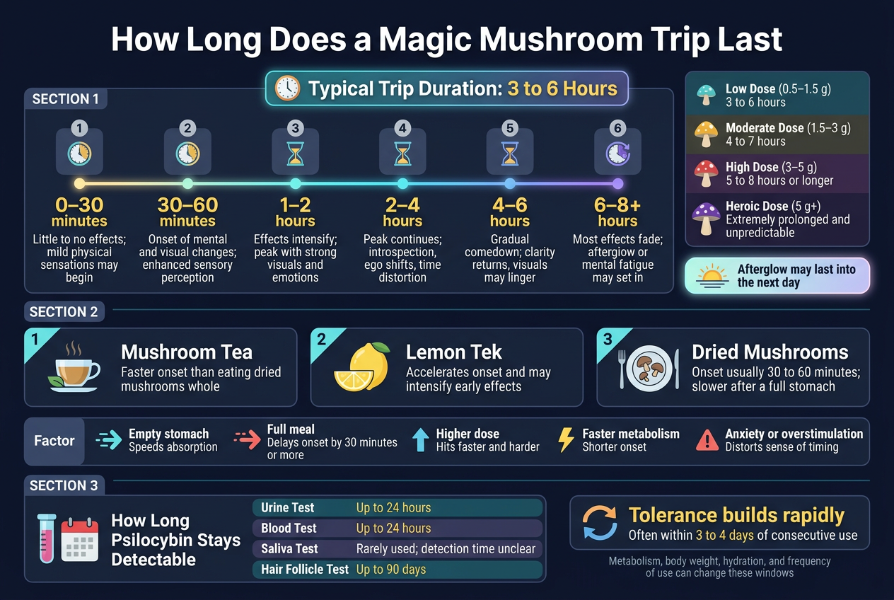 Create A Full-Bleed Clean Professional Infographic In A 3:2 Landscape Layout, Modern Flat Vector Style, Dark Navy Background With Teal, Purple, Gold, And White Accents, Crisp Sans-Serif Fonts, Strong Visual Hierarchy, No Border Frame, No Inset Margins. Top Center: Large Bold Title In White Text: &Quot;How Long Does A Magic Mushroom Trip Last&Quot; Directly Under The Title, A Wide Highlighted Banner With A Clock Icon And The Text: &Quot;Typical Trip Duration: 3 To 6 Hours&Quot; Main Layout: Three Wide Horizontal Sections Arranged In Stacked Bands Across The Page, With Icons And Clear Labels. Section 1 — Left Half And Center: A Horizontal Timeline With Six Numbered Milestone Blocks, Each With A Small Clock Or Hourglass Icon, Connected By A Glowing Line: 1. &Quot;0–30 Minutes&Quot; — &Quot;Little To No Effects; Mild Physical Sensations May Begin&Quot; 2. &Quot;30–60 Minutes&Quot; — &Quot;Onset Of Mental And Visual Changes; Enhanced Sensory Perception&Quot; 3. &Quot;1–2 Hours&Quot; — &Quot;Effects Intensify; Peak With Strong Visuals And Emotions&Quot; 4. &Quot;2–4 Hours&Quot; — &Quot;Peak Continues; Introspection, Ego Shifts, Time Distortion&Quot; 5. &Quot;4–6 Hours&Quot; — &Quot;Gradual Comedown; Clarity Returns, Visuals May Linger&Quot; 6. &Quot;6–8+ Hours&Quot; — &Quot;Most Effects Fade; Afterglow Or Mental Fatigue May Set In&Quot; On The Right Side Of Section 1, A Dose Scale Panel With Stacked Color Bars And Mushroom Icons: &Quot;Low Dose (0.5–1.5 G)&Quot; — &Quot;3 To 6 Hours&Quot; &Quot;Moderate Dose (1.5–3 G)&Quot; — &Quot;4 To 7 Hours&Quot; &Quot;High Dose (3–5 G)&Quot; — &Quot;5 To 8 Hours Or Longer&Quot; &Quot;Heroic Dose (5 G+)&Quot; — &Quot;Extremely Prolonged And Unpredictable&Quot; Add A Small Soft-Glow Note Badge Beneath The Dose Panel With A Sunrise Icon And The Text: &Quot;Afterglow May Last Into The Next Day&Quot; Section 2 — Wide Middle Band With Three Illustrated Cards Across The Page, Each With A Clear Icon: Card 1: Tea Cup Icon, Heading &Quot;Mushroom Tea&Quot;, Subtext &Quot;Faster Onset Than Eating Dried Mushrooms Whole&Quot; Card 2: Lemon Slice Icon, Heading &Quot;Lemon Tek&Quot;, Subtext &Quot;Accelerates Onset And May Intensify Early Effects&Quot; Card 3: Plate Icon, Heading &Quot;Dried Mushrooms&Quot;, Subtext &Quot;Onset Usually 30 To 60 Minutes; Slower After A Full Stomach&Quot; Below The Cards, A Slim Factor Strip With Small Icons And Short Labels: &Quot;Empty Stomach&Quot; With Fast Arrow Icon — &Quot;Speeds Absorption&Quot; &Quot;Full Meal&Quot; With Slow Arrow Icon — &Quot;Delays Onset By 30 Minutes Or More&Quot; &Quot;Higher Dose&Quot; With Upward Arrow Icon — &Quot;Hits Faster And Harder&Quot; &Quot;Faster Metabolism&Quot; With Lightning Icon — &Quot;Shorter Onset&Quot; &Quot;Anxiety Or Overstimulation&Quot; With Alert Icon — &Quot;Distorts Sense Of Timing&Quot; Section 3 — Bottom Band Split Into Two Panels: Left Panel With Test Tube And Calendar Icons, Heading: &Quot;How Long Psilocybin Stays Detectable&Quot; List In Stacked Rows: &Quot;Urine Test&Quot; — &Quot;Up To 24 Hours&Quot; &Quot;Blood Test&Quot; — &Quot;Up To 24 Hours&Quot; &Quot;Saliva Test&Quot; — &Quot;Rarely Used; Detection Time Unclear&Quot; &Quot;Hair Follicle Test&Quot; — &Quot;Up To 90 Days&Quot; Right Panel With A Small Repeat-Cycle Icon And Bold Callout: &Quot;Tolerance Builds Rapidly&Quot; Subtext: &Quot;Often Within 3 To 4 Days Of Consecutive Use&Quot; Add A Smaller Note Underneath: &Quot;Metabolism, Body Weight, Hydration, And Frequency Of Use Can Change These Windows&Quot; Use Clean Icons, Clear Section Dividers, Balanced Spacing, And Easy-To-Read Text. Highlight Key Numbers In Bright Gold Or Cyan. Keep The Entire Infographic Visually Organized, Informative, And Professional.