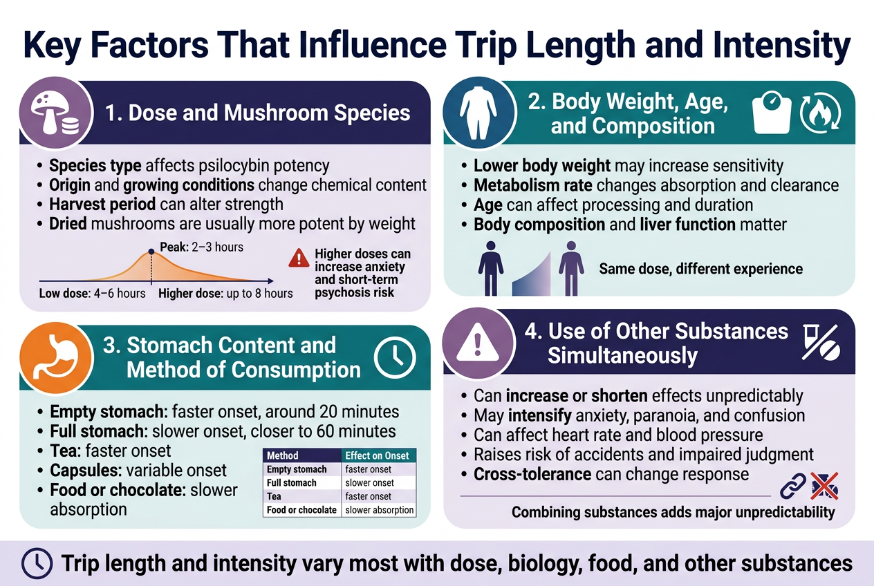 3:2 Landscape Infographic, Full-Bleed Clean Professional Layout, Modern Medical-Editorial Style, White Background With Deep Indigo, Teal, Orange, And Soft Purple Accents, Bold Sans-Serif Font, High Contrast, Crisp Vector Icons, Subtle Dividers, No Frame, No Margins. Top Across Full Width: Large Bold Title In Dark Navy Text: &Quot;Key Factors That Influence Trip Length And Intensity&Quot; Below The Title, Create A 2X2 Grid Of Four Wide Rounded Rectangular Sections With Colored Header Bands And Matching Icons: Top-Left Section With A Mushroom And Dose Icon, Header Text: &Quot;1. Dose And Mushroom Species&Quot; Include Short Bullet Text: • &Quot;Species Type Affects Psilocybin Potency&Quot; • &Quot;Origin And Growing Conditions Change Chemical Content&Quot; • &Quot;Harvest Period Can Alter Strength&Quot; • &Quot;Dried Mushrooms Are Usually More Potent By Weight&Quot; Add A Small Horizontal Timeline Graphic Showing &Quot;Low Dose: 4–6 Hours&Quot; And &Quot;Higher Dose: Up To 8 Hours&Quot; With A Peak Marker Labeled &Quot;Peak: 2–3 Hours&Quot; Add A Small Warning Symbol And Text: &Quot;Higher Doses Can Increase Anxiety And Short-Term Psychosis Risk&Quot; Top-Right Section With A Body Silhouette, Scale, And Metabolism Icon, Header Text: &Quot;2. Body Weight, Age, And Composition&Quot; Include Short Bullet Text: • &Quot;Lower Body Weight May Increase Sensitivity&Quot; • &Quot;Metabolism Rate Changes Absorption And Clearance&Quot; • &Quot;Age Can Affect Processing And Duration&Quot; • &Quot;Body Composition And Liver Function Matter&Quot; Add A Small Comparison Graphic Of Two Person Silhouettes With Different Sensitivity Levels And Text: &Quot;Same Dose, Different Experience&Quot; Bottom-Left Section With A Stomach And Clock Icon, Header Text: &Quot;3. Stomach Content And Method Of Consumption&Quot; Include Short Bullet Text: • &Quot;Empty Stomach: Faster Onset, Around 20 Minutes&Quot; • &Quot;Full Stomach: Slower Onset, Closer To 60 Minutes&Quot; • &Quot;Tea: Faster Onset&Quot; • &Quot;Capsules: Variable Onset&Quot; • &Quot;Food Or Chocolate: Slower Absorption&Quot; Add A Small Table-Style Mini Chart With Columns &Quot;Method&Quot; And &Quot;Effect On Onset&Quot; Using Compact Text Bottom-Right Section With Mixed-Substance Warning Icons, Header Text: &Quot;4. Use Of Other Substances Simultaneously&Quot; Include Short Bullet Text: • &Quot;Can Increase Or Shorten Effects Unpredictably&Quot; • &Quot;May Intensify Anxiety, Paranoia, And Confusion&Quot; • &Quot;Can Affect Heart Rate And Blood Pressure&Quot; • &Quot;Raises Risk Of Accidents And Impaired Judgment&Quot; • &Quot;Cross-Tolerance Can Change Response&Quot; Add A Caution Triangle Icon And A Small Chain-Link / Crossed Substances Graphic Include Small Footer Text Inside The Section: &Quot;Combining Substances Adds Major Unpredictability&Quot; Along The Bottom Edge, Add A Slim Summary Band Spanning Full Width With A Clock Icon And Bold Text: &Quot;Trip Length And Intensity Vary Most With Dose, Biology, Food, And Other Substances&Quot; Use Clear Section Numbers, Strong Visual Hierarchy, Icon Labels, And Balanced Spacing.