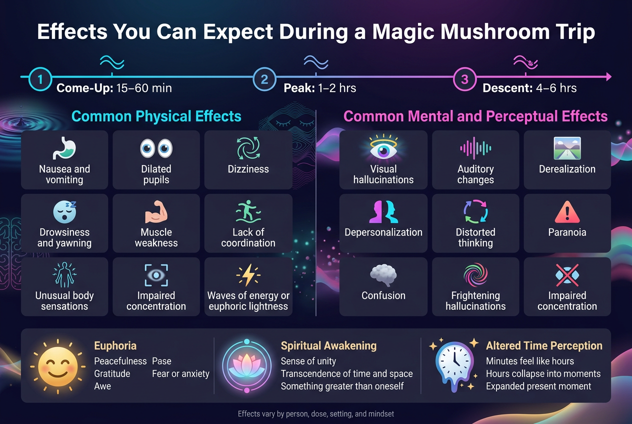 Full-Bleed Landscape Infographic In 3:2 Aspect Ratio, Clean Professional Editorial Style, Dark Navy-To-Deep Purple Gradient Background With Bright Cyan, Magenta, Teal, And Warm Yellow Accents, Modern Sans-Serif Fonts, High Contrast, Crisp Vector Illustration, Subtle Glowing Psychedelic Patterns. Top Center: Large Bold Title In White Text, Exactly: &Quot;Effects You Can Expect During A Magic Mushroom Trip&Quot; Below The Title, A Wide Horizontal Timeline Running Left To Right Across The Upper-Middle Area With Three Labeled Milestones In Colored Circles: 1. &Quot;Come-Up: 15–60 Min&Quot; 2. &Quot;Peak: 1–2 Hrs&Quot; 3. &Quot;Descent: 4–6 Hrs&Quot; Add A Thin Glowing Line Connecting The Milestones And Small Wave Icons Above The Line. Left Half Of The Infographic: A Section Header In Bold Cyan Text, Exactly: &Quot;Common Physical Effects&Quot; Under It, Arrange 9 Compact Icon-And-Text Cards In A 3X3 Grid With Small White Pictogram Icons And Short Labels: - A Stomach Icon With &Quot;Nausea And Vomiting&Quot; - Round Eyes Icon With &Quot;Dilated Pupils&Quot; - A Spinning Dizziness Icon With &Quot;Dizziness&Quot; - A Sleepy Face With &Quot;Drowsiness And Yawning&Quot; - A Muscle Arm Icon With &Quot;Muscle Weakness&Quot; - A Wavy Balance Icon With &Quot;Lack Of Coordination&Quot; - A Tingling Body Outline Icon With &Quot;Unusual Body Sensations&Quot; - A Focus Blur Icon With &Quot;Impaired Concentration&Quot; - An Energy Spark Icon With &Quot;Waves Of Energy Or Euphoric Lightness&Quot; Right Half Of The Infographic: A Section Header In Bold Magenta Text, Exactly: &Quot;Common Mental And Perceptual Effects&Quot; Under It, Arrange 9 Icon-And-Text Cards In A 3X3 Grid With Vivid Colorful Icons: - Abstract Eye And Light Halo Icon With &Quot;Visual Hallucinations&Quot; - Sound Wave Icon With &Quot;Auditory Changes&Quot; - Distant Landscape Icon With &Quot;Derealization&Quot; - Split Self Silhouette Icon With &Quot;Depersonalization&Quot; - Looping Thought Arrows Icon With &Quot;Distorted Thinking&Quot; - Warning Triangle Icon With &Quot;Paranoia&Quot; - Foggy Brain Icon With &Quot;Confusion&Quot; - Intense Swirl Icon With &Quot;Frightening Hallucinations&Quot; - Crossed Focus Icon With &Quot;Impaired Concentration&Quot; Bottom Wide Band Across The Full Width: Three Side-By-Side Feature Panels With Large Icons And Bold Headings. Left Panel: Warm Gold Icon Of A Smiling Glowing Face And Text: &Quot;Euphoria&Quot; &Quot;Peacefulness&Quot; &Quot;Gratitude&Quot; &Quot;Awe&Quot; &Quot;Fear Or Anxiety&Quot; Center Panel: Luminous Lotus And Expanding Circle Icon With Text: &Quot;Spiritual Awakening&Quot; &Quot;Sense Of Unity&Quot; &Quot;Transcendence Of Time And Space&Quot; &Quot;Something Greater Than Oneself&Quot; Right Panel: Clock Melting Into Stars Icon With Text: &Quot;Altered Time Perception&Quot; &Quot;Minutes Feel Like Hours&Quot; &Quot;Hours Collapse Into Moments&Quot; &Quot;Expanded Present Moment&Quot; Add A Small Footer Note In Subtle White Text Along The Lower Edge: &Quot;Effects Vary By Person, Dose, Setting, And Mindset&Quot; Use Clear Section Dividers, Balanced Spacing, Wide Horizontal Layout, No Narrow Centered Stack, No Border Frame, No Extra Text Beyond The Specified Labels. Include Gentle Psychedelic Visual Flourishes: Rippling Surfaces, Geometric Closed-Eye Patterns, Glowing Particles, And Soft Color Waves Behind The Sections.