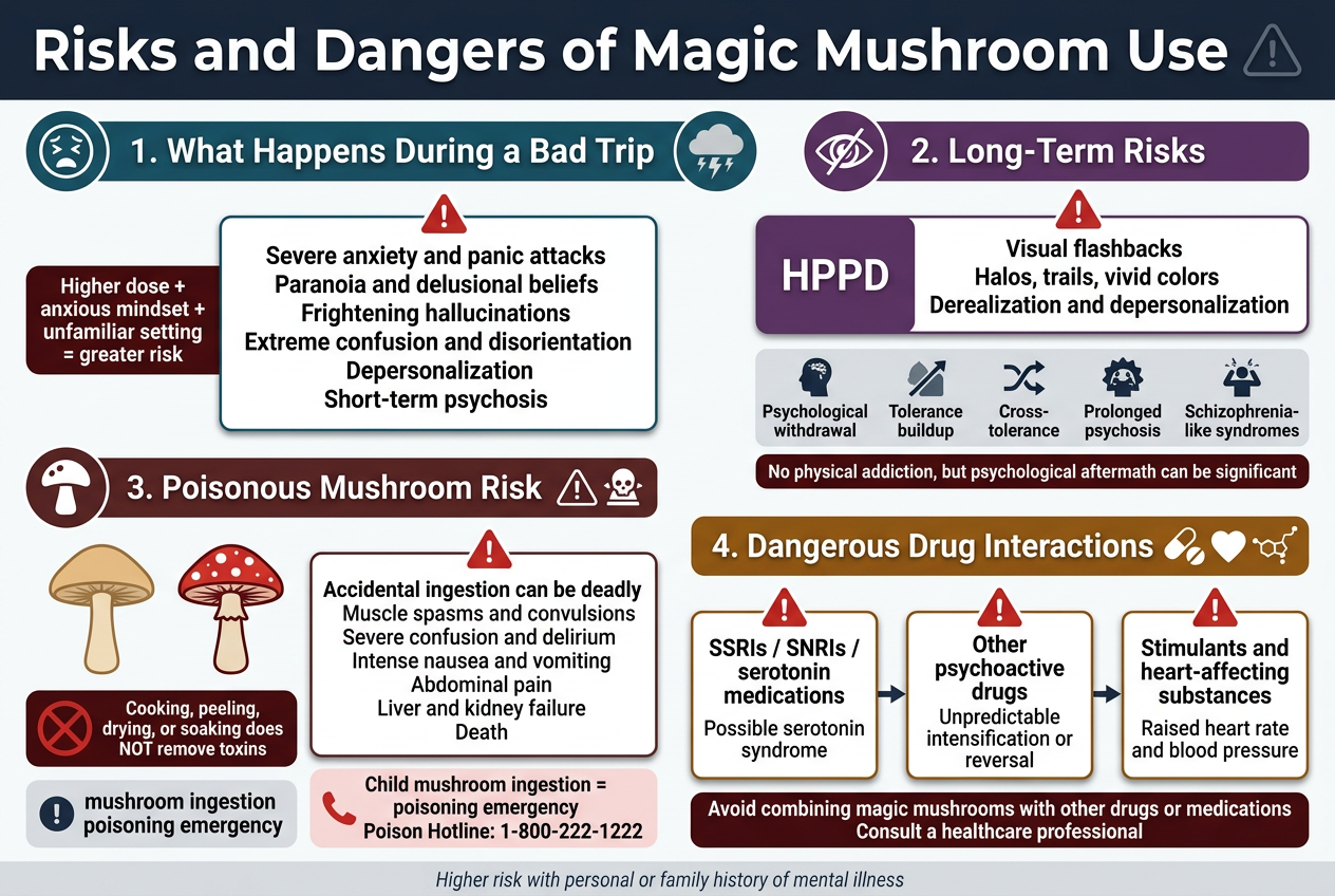Create A Clean, Professional Full-Bleed Infographic In Aspect Ratio 3:2 With A Wide Horizontal Layout, Modern Sans-Serif Fonts, Strong Visual Hierarchy, And A Dark Navy, Teal, Purple, Amber, And Red Color Palette. Use A Bold Top Header With The Exact Title Text: &Quot;Risks And Dangers Of Magic Mushroom Use&Quot;. Place A Subtle Warning Icon Beside The Title. Organize The Page Into 4 Large Horizontal Sections With Clear Icons, Numbered Labels, And Concise Bullet Text. Use White Background Panels With Colored Headers, Thin Divider Lines, And Shadowed Cards. No Poster Frame, No Centered Vertical Stack. Section 1 At Upper Left And Center: Title Bar Text &Quot;1. What Happens During A Bad Trip&Quot; With A Distressed Face Icon And Storm Cloud Icon. Add A Central Warning Card With The Text: &Quot;Severe Anxiety And Panic Attacks&Quot; &Quot;Paranoia And Delusional Beliefs&Quot; &Quot;Frightening Hallucinations&Quot; &Quot;Extreme Confusion And Disorientation&Quot; &Quot;Depersonalization&Quot; &Quot;Short-Term Psychosis&Quot; Add A Smaller Side Label In Red: &Quot;Higher Dose + Anxious Mindset + Unfamiliar Setting = Greater Risk&Quot; Section 2 At Upper Right And Lower Center: Title Bar Text &Quot;2. Long-Term Risks&Quot; With A Broken-Eye Or Lingering-Vision Icon. Add A Main Card Labeled &Quot;Hppd&Quot; With The Text: &Quot;Visual Flashbacks&Quot; &Quot;Halos, Trails, Vivid Colors&Quot; &Quot;Derealization And Depersonalization&Quot; Add A Compact Comparison Strip Underneath With Small Icons And Short Labels: &Quot;Psychological Withdrawal&Quot; &Quot;Tolerance Buildup&Quot; &Quot;Cross-Tolerance&Quot; &Quot;Prolonged Psychosis&Quot; &Quot;Schizophrenia-Like Syndromes&Quot; Include A Small Caution Line In Dark Red: &Quot;No Physical Addiction, But Psychological Aftermath Can Be Significant&Quot; Section 3 At Lower Left: Title Bar Text &Quot;3. Poisonous Mushroom Risk&Quot; With A Mushroom Warning Icon And Skull-Alert Icon. Show Two Mushroom Silhouettes Side By Side: One Harmless-Looking Tan Mushroom And One Toxic Red-Spotted Look-Alike. Add A Bold Warning Card With The Text: &Quot;Accidental Ingestion Can Be Deadly&Quot; &Quot;Muscle Spasms And Convulsions&Quot; &Quot;Severe Confusion And Delirium&Quot; &Quot;Intense Nausea And Vomiting&Quot; &Quot;Abdominal Pain&Quot; &Quot;Liver And Kidney Failure&Quot; &Quot;Death&Quot; Add A Red Crossed-Out Circle Over The Text: &Quot;Cooking, Peeling, Drying, Or Soaking Does Not Remove Toxins&Quot; Include A Small Emergency Callout Box With The Text: &Quot;Child Mushroom Ingestion = Poisoning Emergency&Quot; &Quot;Poison Hotline: 1-800-222-1222&Quot; Section 4 At Lower Right: Title Bar Text &Quot;4. Dangerous Drug Interactions&Quot; With Pill, Heart, And Serotonin Symbols. Use Three Connected Warning Blocks With Arrows Between Them. Block 1 Text: &Quot;Ssris / Snris / Serotonin Medications&Quot; &Quot;Possible Serotonin Syndrome&Quot; Block 2 Text: &Quot;Other Psychoactive Drugs&Quot; &Quot;Unpredictable Intensification Or Reversal&Quot; Block 3 Text: &Quot;Stimulants And Heart-Affecting Substances&Quot; &Quot;Raised Heart Rate And Blood Pressure&Quot; Add A Bottom Caution Line: &Quot;Avoid Combining Magic Mushrooms With Other Drugs Or Medications&Quot; &Quot;Consult A Healthcare Professional&Quot; Add A Small Footer Note In Muted Gray Across The Bottom: &Quot;Higher Risk With Personal Or Family History Of Mental Illness&Quot;. Use Crisp Icons, Strong Contrast, And A Balanced Multi-Column Layout With All Text Clearly Legible.