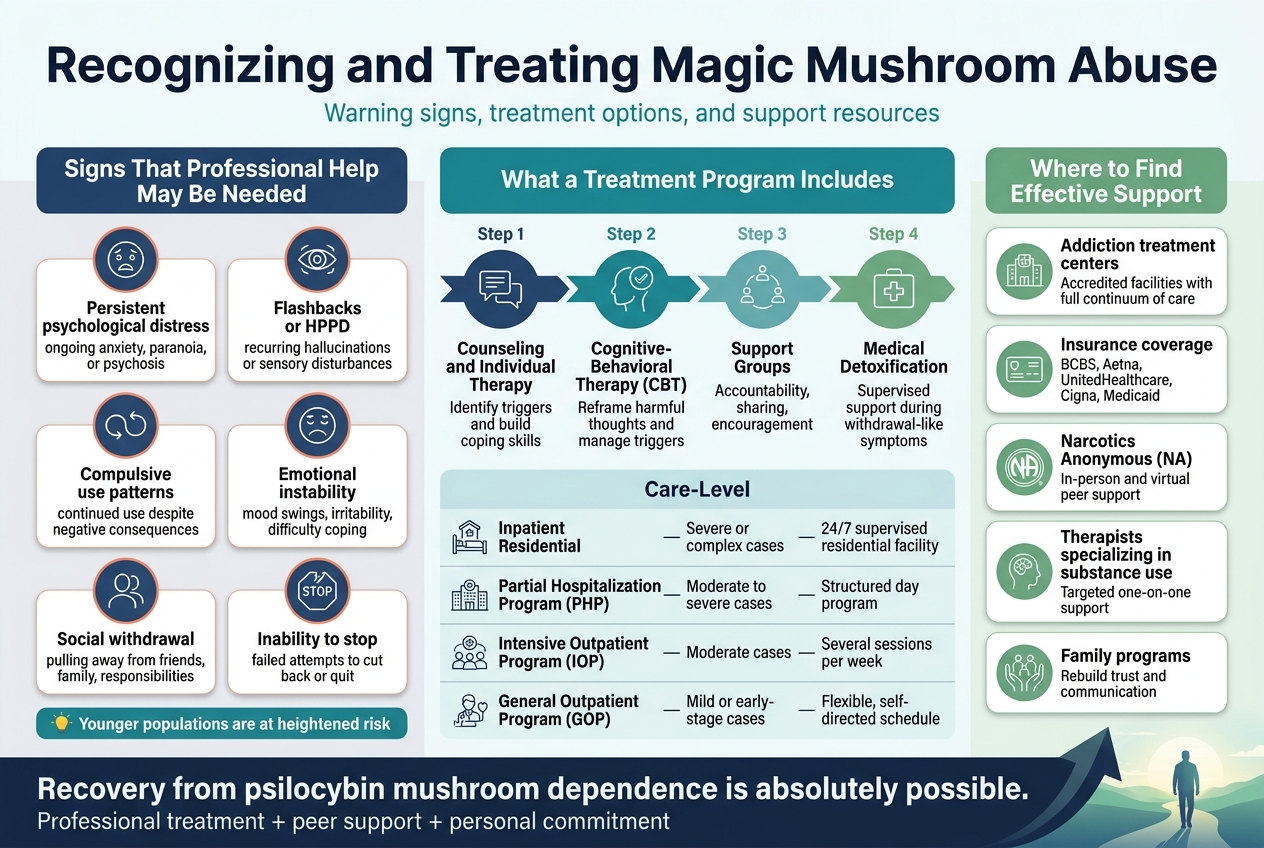 3:2 Full-Bleed Infographic, Clean Professional Healthcare Style, White Background With Deep Navy, Teal, And Soft Green Accents, Bold Sans-Serif Fonts With Clear Hierarchy, Wide Horizontal Layout With Three Main Sections Arranged Left-To-Right Across The Canvas, No Vertical Poster Frame, No Inset Margins. Top Header Spanning Full Width: Large Bold Title In Dark Navy: &Quot;Recognizing And Treating Magic Mushroom Abuse&Quot; Small Subtitle Beneath In Teal: &Quot;Warning Signs, Treatment Options, And Support Resources&Quot; Section 1 On The Left, Titled In A Dark Blue Banner: &Quot;Signs That Professional Help May Be Needed&Quot; Use A 2-Column Grid Of 6 Rounded Warning-Sign Cards With Simple Line Icons In Colored Circles: 1. An Anxious Face Icon With Text: &Quot;Persistent Psychological Distress&Quot; And Smaller Line: &Quot;Ongoing Anxiety, Paranoia, Or Psychosis&Quot; 2. A Distorted Eye Icon With Text: &Quot;Flashbacks Or Hppd&Quot; And Smaller Line: &Quot;Recurring Hallucinations Or Sensory Disturbances&Quot; 3. A Repeated Loop Icon With Text: &Quot;Compulsive Use Patterns&Quot; And Smaller Line: &Quot;Continued Use Despite Negative Consequences&Quot; 4. A Mood Swing Icon With Text: &Quot;Emotional Instability&Quot; And Smaller Line: &Quot;Mood Swings, Irritability, Difficulty Coping&Quot; 5. A Person Turning Away Icon With Text: &Quot;Social Withdrawal&Quot; And Smaller Line: &Quot;Pulling Away From Friends, Family, Responsibilities&Quot; 6. A Broken Stop Sign Icon With Text: &Quot;Inability To Stop&Quot; And Smaller Line: &Quot;Failed Attempts To Cut Back Or Quit&Quot; Add A Small Highlighted Note Bar At The Bottom Of This Section In Teal And Gold: &Quot;Younger Populations Are At Heightened Risk&Quot; Center Section, Titled In A Teal Banner: &Quot;What A Treatment Program Includes&Quot; Show A Wide 4-Step Horizontal Process Flow With Connecting Arrows And Icons: Step 1 With Chat Bubble Icon: &Quot;Counseling And Individual Therapy&Quot; And Smaller Text: &Quot;Identify Triggers And Build Coping Skills&Quot; Step 2 With Brain/Check Icon: &Quot;Cognitive-Behavioral Therapy (Cbt)&Quot; And Smaller Text: &Quot;Reframe Harmful Thoughts And Manage Triggers&Quot; Step 3 With Group Circle Icon: &Quot;Support Groups&Quot; And Smaller Text: &Quot;Accountability, Sharing, Encouragement&Quot; Step 4 With Medical Cross Icon: &Quot;Medical Detoxification&Quot; And Smaller Text: &Quot;Supervised Support During Withdrawal-Like Symptoms&Quot; Below The Steps, A 4-Row Care-Level Strip With A Clean Table Style And Small Facility Icons: &Quot;Inpatient Residential&Quot; — &Quot;Severe Or Complex Cases&Quot; — &Quot;24/7 Supervised Residential Facility&Quot; &Quot;Partial Hospitalization Program (Php)&Quot; — &Quot;Moderate To Severe Cases&Quot; — &Quot;Structured Day Program&Quot; &Quot;Intensive Outpatient Program (Iop)&Quot; — &Quot;Moderate Cases&Quot; — &Quot;Several Sessions Per Week&Quot; &Quot;General Outpatient Program (Gop)&Quot; — &Quot;Mild Or Early-Stage Cases&Quot; — &Quot;Flexible, Self-Directed Schedule&Quot; Right Section, Titled In A Green Banner: &Quot;Where To Find Effective Support&Quot; Show 5 Stacked Resource Cards With Matching Icons: 1. Building/Clinic Icon With Text: &Quot;Addiction Treatment Centers&Quot; And Smaller Line: &Quot;Accredited Facilities With Full Continuum Of Care&Quot; 2. Shield/Card Icon With Text: &Quot;Insurance Coverage&Quot; And Smaller Line: &Quot;Bcbs, Aetna, Unitedhealthcare, Cigna, Medicaid&Quot; 3. Circular Na Meeting Icon With Text: &Quot;Narcotics Anonymous (Na)&Quot; And Smaller Line: &Quot;In-Person And Virtual Peer Support&Quot; 4. Therapist Head Icon With Text: &Quot;Therapists Specializing In Substance Use&Quot; And Smaller Line: &Quot;Targeted One-On-One Support&Quot; 5. Family Hands Icon With Text: &Quot;Family Programs&Quot; And Smaller Line: &Quot;Rebuild Trust And Communication&Quot; Bottom Wide Footer Strip Across The Full Width In Dark Navy With White Text: &Quot;Recovery From Psilocybin Mushroom Dependence Is Absolutely Possible.&Quot; Smaller Line Beneath: &Quot;Professional Treatment + Peer Support + Personal Commitment&Quot; Add A Subtle Upward Arrow And A Calm Hopeful Landscape Silhouette In The Footer, With A Person Walking Toward A Brighter Horizon On The Far Right. Use Crisp Vector Icons, Rounded Cards, Subtle Shadows, Strong Spacing, High Readability, Balanced Composition, And Infographic-Style Data Visualization.