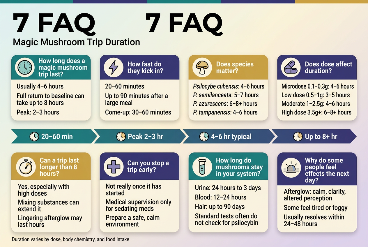 Full-Bleed Infographic Illustration In Aspect Ratio 3:2, Clean Professional Editorial Style, Wide Horizontal Layout With Multiple Sections And Blocks, Modern Sans-Serif Fonts, Teal, Indigo, Gold, And Soft Cream Color Palette, Subtle Gradient Background, Crisp Vector Icons, Strong Visual Hierarchy. Top Bar Across Full Width With Large Bold Headline Centered-Left: &Quot;7 Faq&Quot; Smaller Subtitle Beneath: &Quot;Magic Mushroom Trip Duration&Quot; Main Content Arranged In A 2-Row, 4-Column Grid Of Rounded Rectangular Cards With Icons And Concise Text, Each Card Clearly Separated With Colored Headers And Simple Line Icons. Card 1, Top Left, Clock Icon: &Quot;How Long Does A Magic Mushroom Trip Last?&Quot; &Quot;Usually 4–6 Hours&Quot; &Quot;Full Return To Baseline Can Take Up To 8 Hours&Quot; &Quot;Peak: 2–3 Hours&Quot; Card 2, Top Middle-Left, Lightning Bolt Icon: &Quot;How Fast Do They Kick In?&Quot; &Quot;20–60 Minutes&Quot; &Quot;Up To 90 Minutes After A Large Meal&Quot; &Quot;Come-Up: 30–60 Minutes&Quot; Card 3, Top Middle-Right, Mushroom Icon: &Quot;Does Species Matter?&Quot; &Quot;*Psilocybe Cubensis*: 4–6 Hours&Quot; &Quot;*P. Semilanceata*: 5–7 Hours&Quot; &Quot;*P. Azurescens*: 6–8+ Hours&Quot; &Quot;*P. Tampanensis*: 4–6 Hours&Quot; Card 4, Top Right, Stacked Capsules Icon: &Quot;Does Dose Affect Duration?&Quot; &Quot;Microdose 0.1–0.3G: 4–6 Hours&Quot; &Quot;Low Dose 0.5–1G: 3–5 Hours&Quot; &Quot;Moderate 1–2.5G: 4–6 Hours&Quot; &Quot;High Dose 3.5G+: 6–8+ Hours&Quot; Card 5, Bottom Left, Stopwatch Icon: &Quot;Can A Trip Last Longer Than 8 Hours?&Quot; &Quot;Yes, Especially With High Doses&Quot; &Quot;Mixing Substances Can Extend It&Quot; &Quot;Lingering Afterglow May Last Hours&Quot; Card 6, Bottom Middle-Left, Medical Cross Icon: &Quot;Can You Stop A Trip Early?&Quot; &Quot;Not Really Once It Has Started&Quot; &Quot;Medical Supervision Only For Sedating Meds&Quot; &Quot;Prepare A Safe, Calm Environment&Quot; Card 7, Bottom Middle-Right, Test Tube Icon: &Quot;How Long Do Mushrooms Stay In Your System?&Quot; &Quot;Urine: 24 Hours To 3 Days&Quot; &Quot;Blood: 12–24 Hours&Quot; &Quot;Hair: Up To 90 Days&Quot; &Quot;Standard Tests Often Do Not Check For Psilocybin&Quot; Card 8, Bottom Right, Sunrise/Moon Icon: &Quot;Why Do Some People Feel Effects The Next Day?&Quot; &Quot;Afterglow: Calm, Clarity, Altered Perception&Quot; &Quot;Some Feel Tired Or Foggy&Quot; &Quot;Usually Resolves Within 24–48 Hours&Quot; Add A Wide Timeline Strip Running Along The Center-Bottom With Icons And Labels: &Quot;20–60 Min&Quot; -&Gt; &Quot;Peak 2–3 Hr&Quot; -&Gt; &Quot;4–6 Hr Typical&Quot; -&Gt; &Quot;Up To 8+ Hr&Quot; Use Arrows And Small Clock Markers. Include Small Footer Note In Discreet Text At Bottom Left: &Quot;Duration Varies By Dose, Body Chemistry, And Food Intake&Quot; Use Balanced Spacing, No Narrow Centered Stack, No Poster Frame, No Heavy Borders, No Photographic Elements, All Text Sharp And Fully Legible.