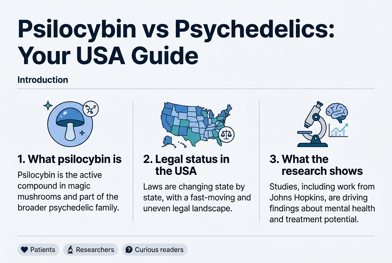 Create A Clean, Professional Full-Bleed Infographic Illustration In A 3:2 Aspect Ratio, Wide Horizontal Layout, Modern Editorial Style, With A White Background, Deep Navy And Teal Accents, Soft Blue Highlights, And Subtle Gray Dividers. Use Bold Sans-Serif Typography For The Title And Clear Readable Sans-Serif Body Text.

Place A Large Bold Heading Across The Top: &Quot;Psilocybin Vs Psychedelics: Your Usa Guide&Quot;
Place A Smaller Section Label Beneath Or Beside It: &Quot;Introduction&Quot;

Arrange The Main Content In Three Wide Horizontal Sections Or Three Side-By-Side Cards Across The Center, Each With A Distinct Icon And Numbered Label.

Section 1 On The Left:
A Circular Blue Mushroom Icon With A Small Sparkle And Molecule Symbol.
Text Title: &Quot;1. What Psilocybin Is&Quot;
Text Beneath: &Quot;Psilocybin Is The Active Compound In Magic Mushrooms And Part Of The Broader Psychedelic Family.&Quot;

Section 2 In The Center:
A Blue-And-Teal Usa Map Icon With State Borders And A Small Scale-Of-Justice Symbol.
Text Title: &Quot;2. Legal Status In The Usa&Quot;
Text Beneath: &Quot;Laws Are Changing State By State, With A Fast-Moving And Uneven Legal Landscape.&Quot;

Section 3 On The Right:
A Research Microscope Icon Next To A Brain And Chart Line Icon.
Text Title: &Quot;3. What The Research Shows&Quot;
Text Beneath: &Quot;Studies, Including Work From Johns Hopkins, Are Driving New Findings About Mental Health And Treatment Potential.&Quot;

Add A Slim Bottom Banner With Three Small Labeled Tags Spaced Evenly:
&Quot;Patients&Quot; With A Heart Icon
&Quot;Researchers&Quot; With A Microscope Icon
&Quot;Curious Readers&Quot; With A Question Mark Icon

Use Clear Visual Hierarchy, Strong Spacing, Aligned Blocks, And Simple Icons With Flat Vector Styling. Keep The Layout Airy And Organized, With The Title Dominant At The Top And The Three Key Points Emphasized In The Center.