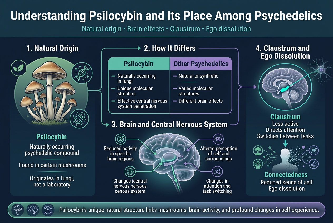 Psilocybin Vs Psychedelics: Your Usa Guide
Top Header Spanning The Width:
Large Bold Title In White: &Quot;Understanding Psilocybin And Its Place Among Psychedelics&Quot;
Small Subtitle Beneath In Light Teal: &Quot;Natural Origin • Brain Effects • Claustrum • Ego Dissolution&Quot;

Main Layout: Wide Horizontal 4-Section Infographic With Connected Flow Arrows From Left To Right, Using Icons And Concise Labeled Blocks.

Section 1 On The Left: &Quot;1. Natural Origin&Quot;
Show A Cluster Of Illustrated Mushrooms With A Small Leaf Icon And A Dna Helix/Fungal Cell Motif.
Text In A Clean Block:
&Quot;Psilocybin&Quot;
&Quot;Naturally Occurring Psychedelic Compound&Quot;
&Quot;Found In Certain Mushrooms&Quot;
&Quot;Originates In Fungi, Not A Laboratory&Quot;

Section 2 In Upper Middle: &Quot;2. How It Differs&Quot;
Use A Split Comparison Panel With Two Columns And Simple Icons.
Left Column Header In Teal: &Quot;Psilocybin&Quot;
Right Column Header In Violet: &Quot;Other Psychedelics&Quot;
Under Psilocybin, Include Three Short Bullet Lines:
&Quot;Naturally Occurring In Fungi&Quot;
&Quot;Unique Molecular Structure&Quot;
&Quot;Effective Central Nervous System Penetration&Quot;
Under Other Psychedelics, Include Three Short Bullet Lines:
&Quot;Natural Or Synthetic&Quot;
&Quot;Varied Molecular Structures&Quot;
&Quot;Different Brain Effects&Quot;

Section 3 In Lower Middle: &Quot;3. Brain And Central Nervous System&Quot;
Show A Large Semi-Transparent Brain Illustration With A Highlighted Pathway Entering The Brain, And Arrows Moving Into The Central Nervous System.
Include Three Icon Callouts Around The Brain:
A Target Icon With Text: &Quot;Reduced Activity In Specific Brain Regions&Quot;
A Perception/Eye Icon With Text: &Quot;Altered Perception Of Self And Surroundings&Quot;
A Switching-Arrows Icon With Text: &Quot;Changes In Attention And Task Switching&Quot;

Section 4 On The Right: &Quot;4. Claustrum And Ego Dissolution&Quot;
Show A Highlighted Brain Inset With The Claustrum Marked In Bright Teal, Then A Downward Arrow To A Human Silhouette Fading Into Connected Particles And Surrounding Nature/Universe Motifs.
Include These Exact Text Lines In Stacked Emphasis:
&Quot;Claustrum&Quot;
&Quot;Less Active&Quot;
&Quot;Directs Attention&Quot;
&Quot;Switches Between Tasks&Quot;
&Quot;Connectedness&Quot;
&Quot;Reduced Sense Of Self&Quot;
&Quot;Ego Dissolution&Quot;

Add A Bottom-Wide Summary Bar Across The Full Width With A Subtle Gradient And Three Small Icons (Mushroom, Brain, Connected People).
Include The Exact Text:
&Quot;Psilocybin’s Unique Natural Structure Links Mushrooms, Brain Activity, And Profound Changes In Self-Experience.&Quot;

Use Clear Section Numbers, Thin Connector Lines, Rounded Rectangles, Balanced Spacing, And Professional Scientific Infographic Styling. No Borders Around The Overall Image. Keep All Text Sharp, Legible, And Properly Aligned In A Wide Horizontal Composition.