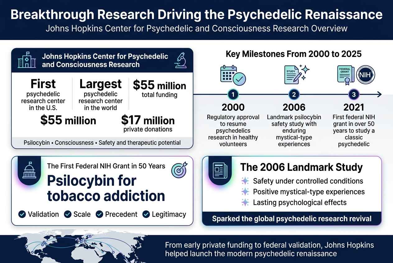 Full-Bleed Professional Infographic Illustration In A 3:2 Landscape Aspect Ratio, Clean Modern Medical-Science Style, White Background With Deep Navy, Teal, And Violet Accents, Subtle Psychedelic Gradient Highlights, Crisp Sans-Serif Typography, Bold Hierarchy, Wide Horizontal Layout With Multiple Sections And No Narrow Vertical Stack.

Top Header Spanning Full Width:
Large Bold Title Text: &Quot;Breakthrough Research Driving The Psychedelic Renaissance&Quot;
Smaller Subtitle Beneath: &Quot;Johns Hopkins Center For Psychedelic And Consciousness Research Overview&Quot;

Upper-Left Section: A Prominent Institutional Overview Block With A Lab/Building Icon And Research Microscope Icon.
Headline Text: &Quot;Johns Hopkins Center For Psychedelic And Consciousness Research&Quot;
Three Bold Stat Callouts In Large Number Typography:
&Quot;First Psychedelic Research Center In The U.s.&Quot;
&Quot;Largest Psychedelic Research Center In The World&Quot;
&Quot;$55 Million Total Funding&Quot;
&Quot;$17 Million Private Donations&Quot;
Add A Small Caption Line: &Quot;Psilocybin • Consciousness • Safety And Therapeutic Potential&Quot;

Upper-Right Section: A Clean Milestone Timeline Running Horizontally From Left To Right With Three Numbered Nodes And Icons.
Timeline Title: &Quot;Key Milestones From 2000 To 2025&Quot;
Node 1 With Calendar And Approval Icon:
&Quot;2000&Quot; And &Quot;Regulatory Approval To Resume Psychedelics Research In Healthy Volunteers&Quot;
Node 2 With Study-Paper And Sparkle Icon:
&Quot;2006&Quot; And &Quot;Landmark Psilocybin Safety Study With Enduring Mystical-Type Experiences&Quot;
Node 3 With Federal Grant And Nih Seal Icon:
&Quot;2021&Quot; And &Quot;First Federal Nih Grant In Over 50 Years To Study A Classic Psychedelic&Quot;

Lower-Left Section: A Highlighted Grant Spotlight Card With A Government Building Icon And Target Icon.
Headline Text: &Quot;The First Federal Nih Grant In 50 Years&Quot;
Large Emphasis Text: &Quot;Psilocybin For Tobacco Addiction&Quot;
Four Compact Benefit Bullets With Check Icons:
&Quot;Validation&Quot;
&Quot;Scale&Quot;
&Quot;Precedent&Quot;
&Quot;Legitimacy&Quot;

Lower-Right Section: A Landmark Study Card With A Journal/Article Icon And Glow Effect.
Headline Text: &Quot;The 2006 Landmark Study&Quot;
Three Concise Bullet Points With Small Star Icons:
&Quot;Safety Under Controlled Conditions&Quot;
&Quot;Positive Mystical-Type Experiences&Quot;
&Quot;Lasting Psychological Effects&Quot;
Add A Final Bold Line At The Bottom Of This Card: &Quot;Sparked The Global Psychedelic Research Revival&Quot;

Bottom Footer Band Across The Full Width With A Subtle World Map And Connected Research Nodes, Small Labs Around The Globe, And A Short Concluding Statement Centered:
&Quot;From Early Private Funding To Federal Validation, Johns Hopkins Helped Launch The Modern Psychedelic Renaissance&Quot;

Use Clear Section Dividers, Strong Visual Hierarchy, Minimal Text Density, Rounded Cards, High Readability, And Icons Aligned Next To Each Key Point.