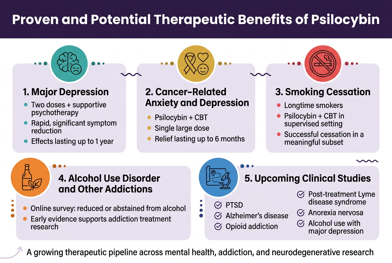 Create A Clean Professional Infographic Illustration In A 3:2 Aspect Ratio With A Full-Bleed Layout, White Background, Deep Purple And Teal Accent Colors, Dark Charcoal Text, Subtle Lavender Panels, Modern Sans-Serif Font, Bold Clear Hierarchy, And Wide Multi-Column Sections Instead Of A Vertical Poster.

Top Across The Full Width: Large Bold Heading In Dark Purple, Exact Text: &Quot;Proven And Potential Therapeutic Benefits Of Psilocybin&Quot;

Below The Heading, Arrange Five Horizontal Content Blocks In A Two-Row Grid With Icons And Short Text Callouts:

1. Left Large Block With A Brain And Mood Icon In A Teal Circle. Title Text: &Quot;1. Major Depression&Quot;. Include Three Short Bullets:
- &Quot;Two Doses + Supportive Psychotherapy&Quot;
- &Quot;Rapid, Significant Symptom Reduction&Quot;
- &Quot;Effects Lasting Up To 1 Year&Quot;

2. Center Large Block With A Ribbon, Heart, And Calm Face Icon In A Gold Circle. Title Text: &Quot;2. Cancer-Related Anxiety And Depression&Quot;. Include Three Short Bullets:
- &Quot;Psilocybin + Cbt&Quot;
- &Quot;Single Large Dose&Quot;
- &Quot;Relief Lasting Up To 6 Months&Quot;

3. Right Large Block With A Cigarette Crossed Out Icon In A Red Circle. Title Text: &Quot;3. Smoking Cessation&Quot;. Include Three Short Bullets:
- &Quot;Longtime Smokers&Quot;
- &Quot;Psilocybin + Cbt In Supervised Setting&Quot;
- &Quot;Successful Cessation In A Meaningful Subset&Quot;

4. Lower Left Wide Block With A Bottle And Leaf Icon In An Orange Circle. Title Text: &Quot;4. Alcohol Use Disorder And Other Addictions&Quot;. Include Two Short Bullets:
- &Quot;Online Survey: Reduced Or Abstained From Alcohol&Quot;
- &Quot;Early Evidence Supports Addiction Treatment Research&Quot;

5. Lower Right Wide Block With A Roadmap And Microscope Icon In A Blue Circle. Title Text: &Quot;5. Upcoming Clinical Studies&Quot;. Show A Neat Two-Column Mini-List With Check Icons And Exact Text:
- &Quot;Ptsd&Quot;
- &Quot;Alzheimer'S Disease&Quot;
- &Quot;Opioid Addiction&Quot;
- &Quot;Post-Treatment Lyme Disease Syndrome&Quot;
- &Quot;Anorexia Nervosa&Quot;
- &Quot;Alcohol Use With Major Depression&Quot;

Add A Slim Bottom Strip With A Subtle Upward Arrow And Exact Text: &Quot;A Growing Therapeutic Pipeline Across Mental Health, Addiction, And Neurodegenerative Research&Quot;

Use Clean Spacing, Rounded Rectangles For Each Section, Soft Shadowing, Strong Alignment, And Small Decorative Dots Or Wave Lines Connecting The Blocks. Keep All Text Crisp And Readable. Avoid Clutter. No Extra Text Beyond The Exact Wording Above.