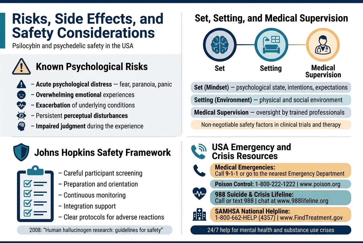 Create A Clean, Professional Full-Bleed Infographic In A 3:2 Aspect Ratio With A Modern Medical/Public-Health Style. Use A White Background With Deep Navy, Teal, Blue, And Soft Amber Accents. Use Bold Sans-Serif Typography, With A Large Title At The Top Left And Clear Section Headers. Avoid A Narrow Poster Look; Use A Wide Horizontal Multi-Section Layout With Strong Visual Hierarchy.

Top Header:
Big Bold Title Across The Top: &Quot;Risks, Side Effects, And Safety Considerations&Quot;
Add A Small Subtitle Beneath It: &Quot;Psilocybin And Psychedelic Safety In The Usa&Quot;

Main Body: Four Wide Sections Arranged In A 2X2 Grid With Icons And Short Bullet Text.

Section 1, Top Left, Titled &Quot;Known Psychological Risks&Quot;
Use A Warning Triangle Icon And Five Small Icon Bullets. Include These Exact Bullets:
- &Quot;Acute Psychological Distress — Fear, Paranoia, Panic&Quot;
- &Quot;Overwhelming Emotional Experiences&Quot;
- &Quot;Exacerbation Of Underlying Conditions&Quot;
- &Quot;Persistent Perceptual Disturbances&Quot;
- &Quot;Impaired Judgment During The Experience&Quot;

Section 2, Top Right, Titled &Quot;Set, Setting, And Medical Supervision&Quot;
Use Three Connected Circular Icons: A Brain For &Quot;Set&Quot;, A Room/Comfort Icon For &Quot;Setting&Quot;, And A Doctor/Clipboard Icon For &Quot;Medical Supervision&Quot;. Include Three Labeled Rows:
- &Quot;Set (Mindset) — Psychological State, Intentions, Expectations&Quot;
- &Quot;Setting (Environment) — Physical And Social Environment&Quot;
- &Quot;Medical Supervision — Oversight By Trained Professionals&Quot;
Add A Small Note Beneath In A Highlighted Band: &Quot;Non-Negotiable Safety Factors In Clinical Trials And Therapy&Quot;

Section 3, Bottom Left, Titled &Quot;Johns Hopkins Safety Framework&Quot;
Use A Shield Icon And A Checklist Design. Include These Exact Bullets:
- &Quot;Careful Participant Screening&Quot;
- &Quot;Preparation And Orientation&Quot;
- &Quot;Continuous Monitoring&Quot;
- &Quot;Integration Support&Quot;
- &Quot;Clear Protocols For Adverse Reactions&Quot;
Add A Small Caption Line: &Quot;2008: 'Human Hallucinogen Research: Guidelines For Safety'&Quot;

Section 4, Bottom Right, Titled &Quot;Usa Emergency And Crisis Resources&Quot;
Use A Phone, Lifeline, And Hospital Icon. Present Three Color-Coded Callout Boxes With Exact Text:
- &Quot;Medical Emergencies: Call 9-1-1 Or Go To The Nearest Emergency Department&Quot;
- &Quot;Poison Control: 1-800-222-1222 | Www.poison.org&Quot;
- &Quot;988 Suicide &Amp; Crisis Lifeline: Call Or Text 988 | Chat At Www.988Lifeline.org&Quot;
- &Quot;Samhsa National Helpline: 1-800-662-Help (4357) | Www.findtreatment.gov&Quot;
Add A Footer Note In A Dark Blue Strip: &Quot;24/7 Help For Mental Health And Substance Use Crises&Quot;

Style:
Use Simple Vector Icons, Clean Spacing, Subtle Dividers, Rounded Boxes, And Readable Hierarchy. Emphasize Important Numbers And Resource Names In Bold. Keep All Text Crisp, Legible, And Exactly As Written.