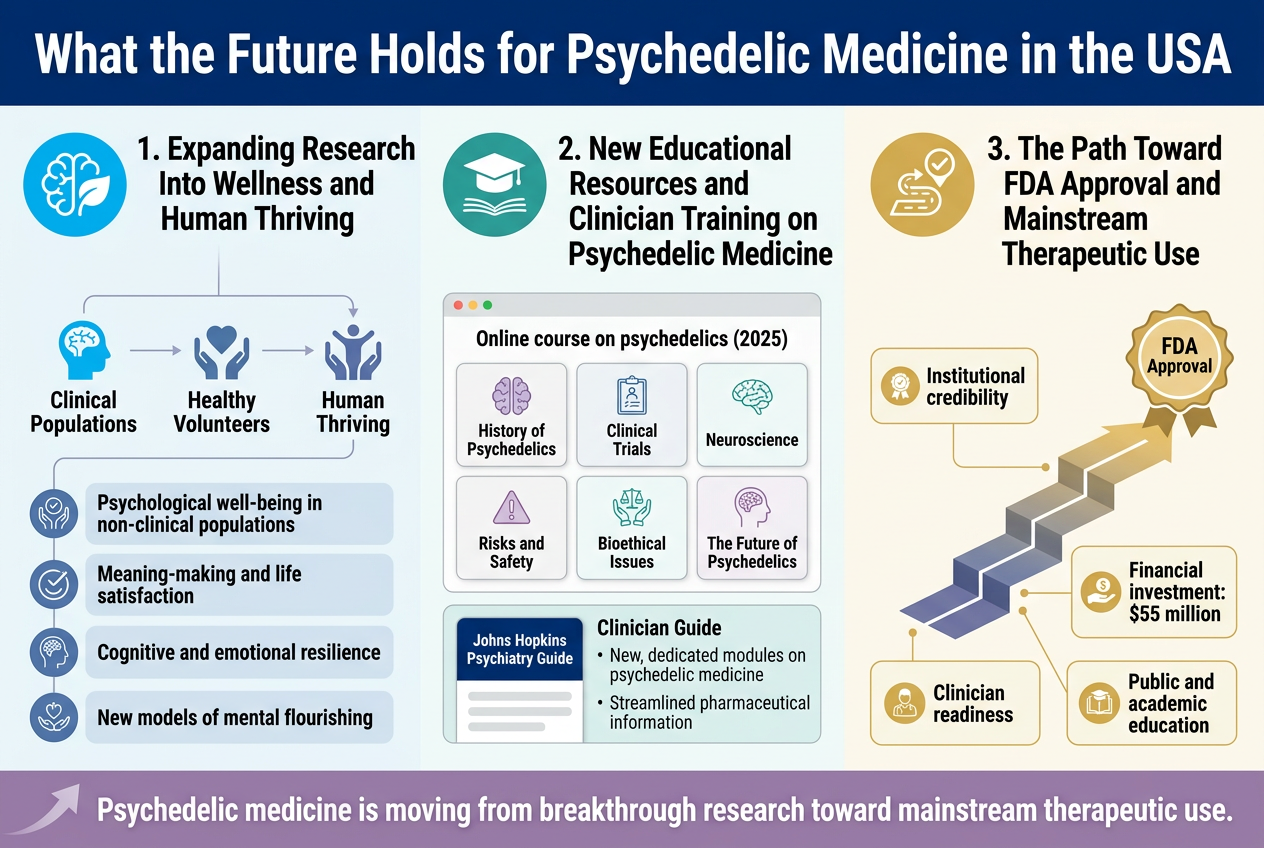 Create A Wide Full-Bleed Professional Infographic In 3:2 Aspect Ratio With A Clean Modern Editorial Style, White Background, Deep Navy And Teal Accents, Muted Purple Highlights, And Gold Investment Accents. Use A Bold Sans-Serif Headline At The Top Spanning The Width.

Top Header Text:
&Quot;What The Future Holds For Psychedelic Medicine In The Usa&Quot;

Subheading Directly Beneath In Smaller Text:
&Quot;Expanding Research, Clinician Training, And The Path Toward Mainstream Therapeutic Use&Quot;

Use A Wide Horizontal 3-Section Layout Across The Page, With Clear Icons And Numbered Markers.

Left Section: Research Expansion
Large Section Title:
&Quot;1. Research Into Wellness And Human Thriving&Quot;

Include A Circular Icon Of A Brain With A Sprouting Leaf And A Small Group Of Healthy People Silhouettes.
Show A Simple Upward Pathway Graphic From &Quot;Clinical Populations&Quot; To &Quot;Healthy Volunteers&Quot;.
Include A Prominent Stat Badge:
&Quot;$55 Million In Funding&Quot;

Add Short Bullet Text Blocks:
&Quot;Healthy Volunteers&Quot;
&Quot;Psychological Well-Being&Quot;
&Quot;Meaning-Making And Life Satisfaction&Quot;
&Quot;Cognitive And Emotional Resilience&Quot;
&Quot;New Models Of Mental Flourishing&Quot;

Center Section: Education And Clinician Training
Large Section Title:
&Quot;2. New Educational Resources&Quot;

Include A Laptop Icon And A Medical Guidebook Icon.
Place A Small Timeline Label:
&Quot;By 2025&Quot;

Add A Structured Course Module Grid With 6 Small Boxes, Each With An Icon:
&Quot;History Of Psychedelics&Quot;
&Quot;Clinical Trials&Quot;
&Quot;Neuroscience&Quot;
&Quot;Risks And Safety&Quot;
&Quot;Bioethical Issues&Quot;
&Quot;The Future Of Psychedelics&Quot;

Add A Second Callout Box:
&Quot;Johns Hopkins Psychiatry Guide&Quot;
&Quot;Dedicated Psychedelic Medicine Modules&Quot;
&Quot;Streamlined Pharmaceutical Information&Quot;
&Quot;Clinician Training Is Foundational&Quot;

Right Section: Fda Path And Mainstream Use
Large Section Title:
&Quot;3. Toward Fda Approval And Mainstream Therapeutic Use&Quot;

Include An Fda-Style Document Icon, A Checkmark, And A Bridge Or Pathway Graphic Leading Toward A Hospital Icon.
Add A Concise Vertical List With Small Icons:
&Quot;Institutional Credibility&Quot;
&Quot;Financial Investment&Quot;
&Quot;Clinician Readiness&Quot;
&Quot;Public And Academic Education&Quot;

Add A Bottom-Right Conclusion Banner:
&Quot;Psilocybin Is Moving From Breakthrough Research Toward Evidence-Based Psychiatric Care&Quot;

Bottom Footer Strip Across The Full Width With A Subtle Gradient:
&Quot;From Laboratory Curiosity To Institutionally Supported Clinical Discipline&Quot;

Use Clear Visual Hierarchy, Bold Section Numbers, Simple Line Icons, And Evenly Spaced Blocks. Keep The Layout Balanced And Airy With Strong Left-To-Right Flow, No Narrow Poster Framing, And No Inset Borders.