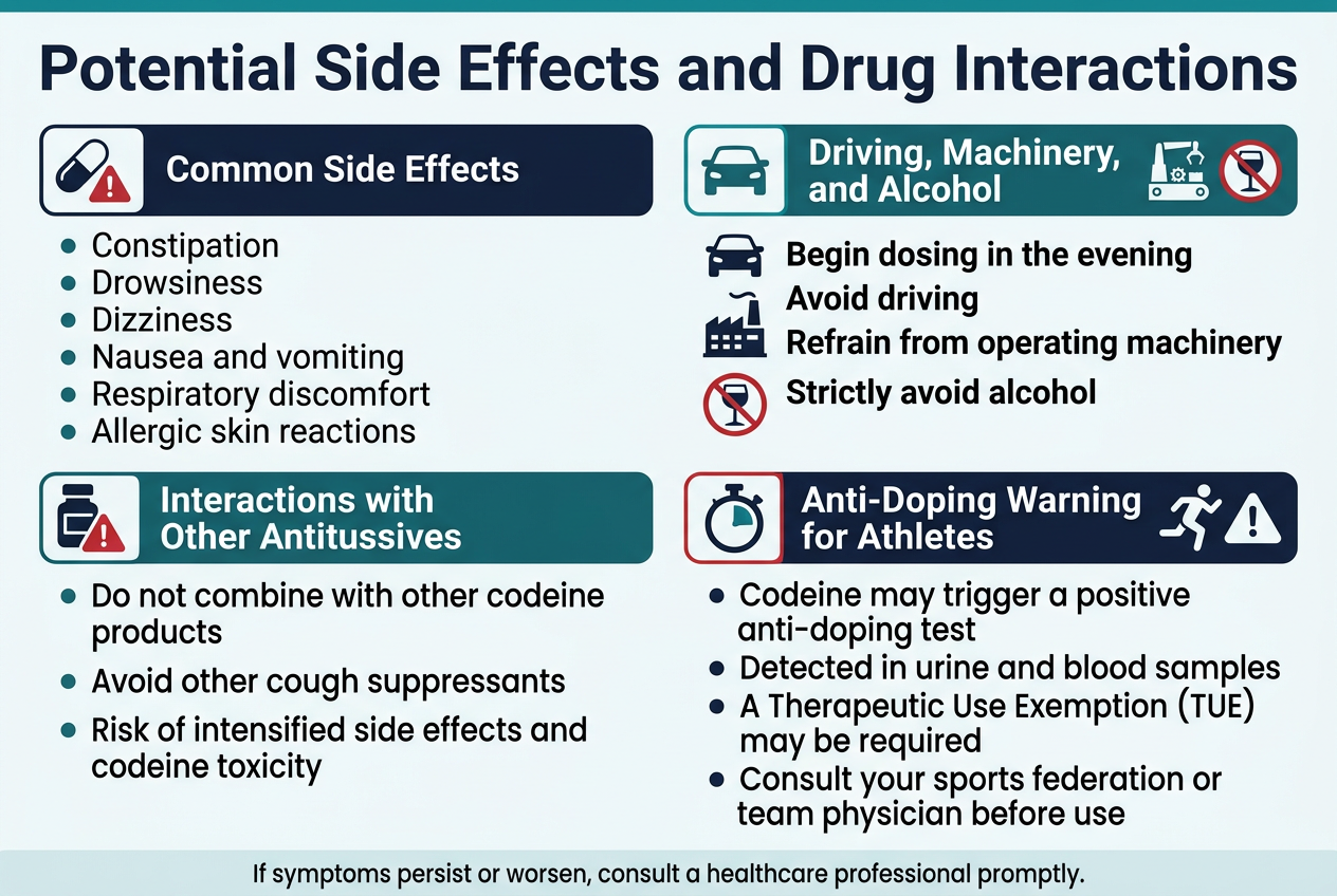 Create a full-bleed medical infographic in landscape 3:2 aspect ratio with a clean professional layout, white background, dark navy text, teal and red accent colors, and modern sans-serif fonts. Place a bold title across the top: "Potential Side Effects and Drug Interactions". Use a wide horizontal layout with four main content sections arranged in two rows of two panels, each panel with a colored header bar, an icon, and short bullet points. Top-left panel titled "Common Side Effects" with a pill and warning icon. Include six bullet points with small circular markers: "Constipation" "Drowsiness" "Dizziness" "Nausea and vomiting" "Respiratory discomfort" "Allergic skin reactions" Top-right panel titled "Driving, Machinery, and Alcohol" with icons of a car, factory machine, and alcohol glass with a prohibition sign. Include three short bold lines: "Begin dosing in the evening" "Avoid driving" "Refrain from operating machinery" "Strictly avoid alcohol" Bottom-left panel titled "Interactions with Other Antitussives" with overlapping medicine bottle and caution icon. Include three bullet points: "Do not combine with other codeine products" "Avoid other cough suppressants" "Risk of intensified side effects and codeine toxicity" Bottom-right panel titled "Anti-Doping Warning for Athletes" with a stopwatch, athlete silhouette, and alert icon. Include four bullet points: "Codeine may trigger a positive anti-doping test" "Detected in urine and blood samples" "A Therapeutic Use Exemption (TUE) may be required" "Consult your sports federation or team physician before use" Add a small footer note in a thin banner along the bottom: "If symptoms persist or worsen, consult a healthcare professional promptly." Use clear section dividers, simple medical pictograms, and strong visual hierarchy with the title largest, section headers medium, and bullet text smaller but readable.