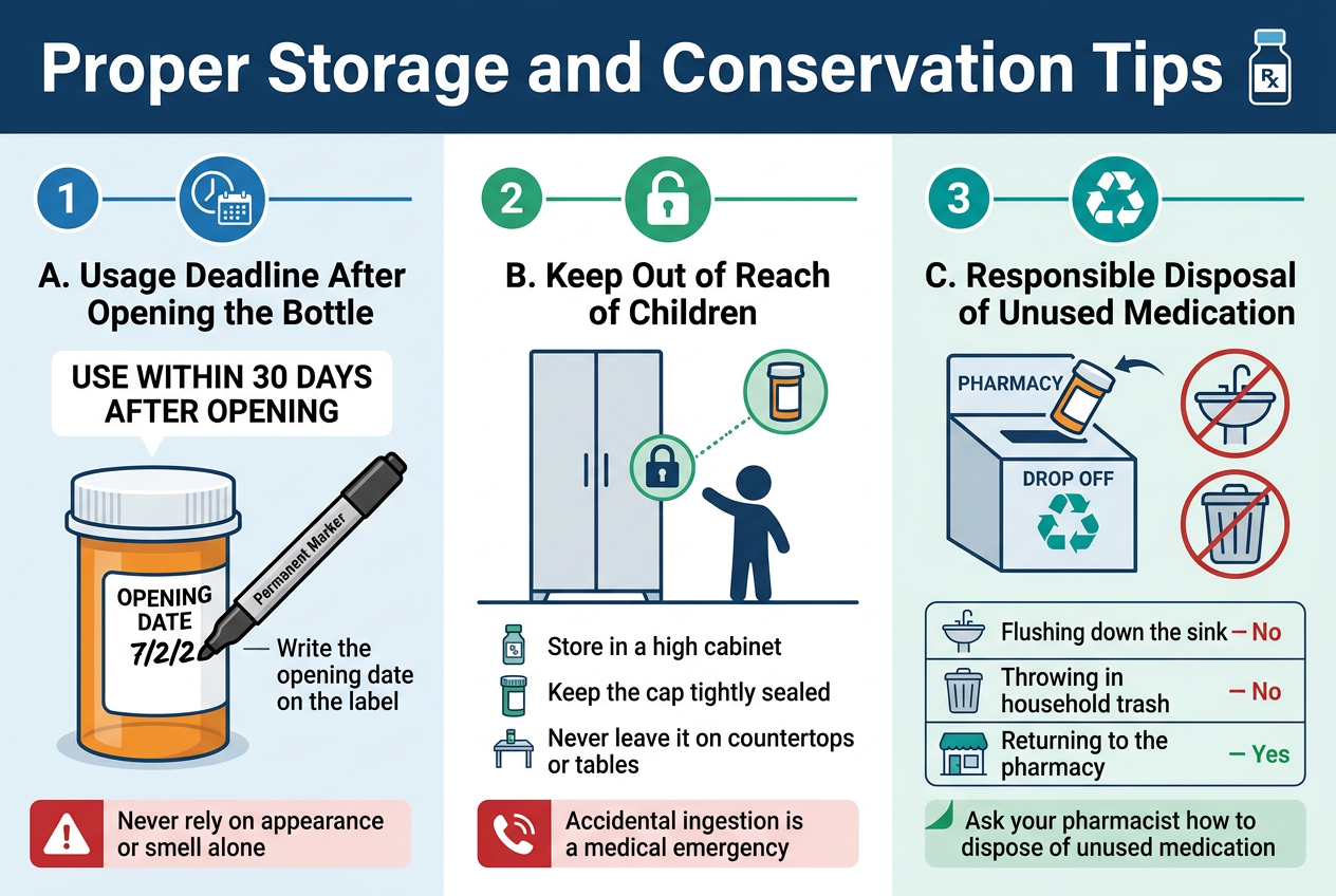 Create a clean professional infographic in a 3:2 landscape aspect ratio with a full-bleed layout and no border frame. Use a modern medical style with a white background, deep blue headings, teal and green accents, and subtle red warning highlights. Use a bold sans-serif font for headings and a clean readable sans-serif font for body text. Top across the full width: large bold title in dark blue, exact text: "Proper Storage and Conservation Tips". Add a small medicine bottle icon beside the title. Below the title, divide the infographic into three wide horizontal sections with clear numbered badges and matching icons: Left section labeled with a blue circle badge "1" and a clock/calendar icon: Heading text: "A. Usage Deadline After Opening the Bottle" Main callout in a highlighted box: "USE WITHIN 30 DAYS AFTER OPENING" Show a medicine bottle with an opening date label and a permanent marker writing the date on the bottle. Include short supporting text in smaller font: "Write the opening date on the label" Add a red warning icon and a note strip: "Never rely on appearance or smell alone" Center section labeled with a green circle badge "2" and a child safety lock icon: Heading text: "B. Keep Out of Reach of Children" Show a tall cabinet with a lock, a child silhouette kept away, and a bottle stored high up. Add three small icon bullets underneath with short text: "Store in a high cabinet" "Keep the cap tightly sealed" "Never leave it on countertops or tables" Include a red emergency alert strip with a phone icon: "Accidental ingestion is a medical emergency" Right section labeled with a teal circle badge "3" and a recycling/pharmacy icon: Heading text: "C. Responsible Disposal of Unused Medication" Show a pharmacy drop-off box with a medicine bottle being returned, and a crossed-out sink and trash bin. Add a simple 3-row comparison block with icons and exact text: "Flushing down the sink — No" "Throwing in household trash — No" "Returning to the pharmacy — Yes" Add a small green note at the bottom: "Ask your pharmacist how to dispose of unused medication" Use clear visual hierarchy, generous spacing, and aligned blocks. Add thin divider lines between the three sections. Keep all text sharp and legible, with key warnings in red and safe actions in green. No extra text beyond the specified wording.