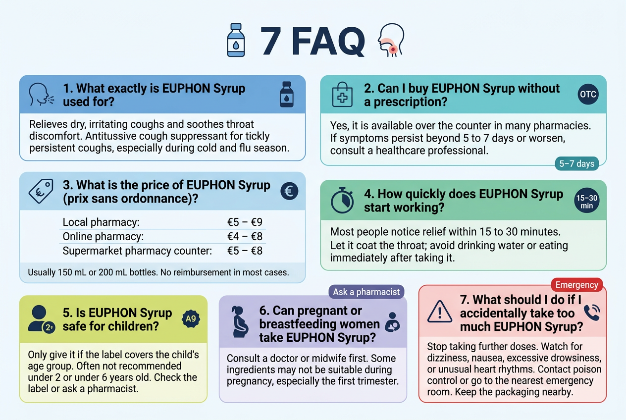 Create a clean medical infographic in a modern flat vector style, full-bleed wide layout, aspect ratio 3:2, with a white background, soft blue and teal accents, and dark navy typography. Place a bold top heading centered near the top: "7 FAQ". Under the heading, arrange 7 clearly separated horizontal or 2-column FAQ cards with numbered circles and simple medical icons. Use professional sans-serif fonts, strong hierarchy, and subtle dividers. Top header area: large title "7 FAQ" with a small cough syrup bottle icon and a throat/relief icon. Card 1, top left: blue card with a cough icon and bottle icon, heading "1. What exactly is EUPHON Syrup used for?" Body text: "Relieves dry, irritating coughs and soothes throat discomfort. Antitussive cough suppressant for tickly persistent coughs, especially during cold and flu season." Card 2, top right: teal card with a pharmacy bag icon, heading "2. Can I buy EUPHON Syrup without a prescription?" Body text: "Yes, it is available over the counter in many pharmacies. If symptoms persist beyond 5 to 7 days or worsen, consult a healthcare professional." Card 3, middle left: light blue card with a price tag icon and euro symbol, heading "3. What is the price of EUPHON Syrup (prix sans ordonnance)?" Body text in a neat price list: "Local pharmacy: €5 – €9" "Online pharmacy: €4 – €8" "Supermarket pharmacy counter: €5 – €8" Small footer line: "Usually 150 mL or 200 mL bottles. No reimbursement in most cases." Card 4, middle right: green card with a stopwatch icon, heading "4. How quickly does EUPHON Syrup start working?" Body text: "Most people notice relief within 15 to 30 minutes. Let it coat the throat; avoid drinking water or eating immediately after taking it." Card 5, bottom left: yellow-green card with a child silhouette icon and age badge, heading "5. Is EUPHON Syrup safe for children?" Body text: "Only give it if the label covers the child's age group. Often not recommended under 2 or under 6 years old. Check the label or ask a pharmacist." Card 6, bottom center: lavender card with a pregnant person icon and breastfeeding icon, heading "6. Can pregnant or breastfeeding women take EUPHON Syrup?" Body text: "Consult a doctor or midwife first. Some ingredients may not be suitable during pregnancy, especially the first trimester." Card 7, bottom right: red-accent warning card with an alert triangle icon and poison control phone icon, heading "7. What should I do if I accidentally take too much EUPHON Syrup?" Body text: "Stop taking further doses. Watch for dizziness, nausea, excessive drowsiness, or unusual heart rhythms. Contact poison control or go to the nearest emergency room. Keep the packaging nearby." Add small visual labels or icons next to key phrases: "OTC", "15–30 min", "5–7 days", "Ask a pharmacist", and "Emergency". Use clear spacing, aligned content, and a polished healthcare infographic look. No extra text beyond the title, headings, and body copy shown above.