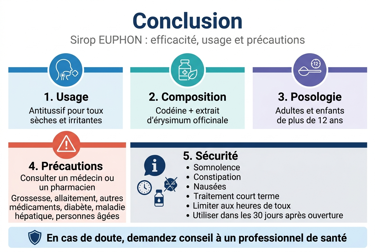 Create a clean professional medical infographic in French, aspect ratio 3:2, full-bleed wide layout with no frame or large margins, white background with blue and teal accents and subtle red/orange warning highlights, modern sans-serif typography. Top header centered across the width: bold title in large dark blue text: "Conclusion" Directly below, a short subtitle in smaller gray text: "Sirop EUPHON : efficacité, usage et précautions" Use a 2-row wide horizontal infographic layout with 5 clear sections in colored blocks, each with a simple icon and short text. Section 1 on the upper left: blue circle icon with a cough drop and throat symbol. Heading: "1. Usage" Body text: "Antitussif pour toux sèches et irritantes" Section 2 upper center: teal circle icon with a medicine bottle and leaf. Heading: "2. Composition" Body text: "Codéine + extrait d’érysimum officinale" Section 3 upper right: purple circle icon with dosage spoon and age marker. Heading: "3. Posologie" Body text: "Adultes et enfants de plus de 12 ans" Section 4 lower left: red/orange warning triangle icon. Heading: "4. Précautions" Body text in two short lines: "Consulter un médecin ou un pharmacien" and "Grossesse, allaitement, autres médicaments, diabète, maladie hépatique, personnes âgées" Section 5 lower center and right spanning wider space: dark blue info icon with small clock, bottle, and side effect symbols. Heading: "5. Sécurité" Body text in short bullet-style lines: "Somnolence" "Constipation" "Nausées" "Traitement court terme" "Limiter aux heures de toux" "Utiliser dans les 30 jours après ouverture" Add a bottom horizontal banner with a shield icon and bold callout text in dark blue on light blue background: "En cas de doute, demandez conseil à un professionnel de santé" Use clear numbered markers 1 to 5, strong visual hierarchy, balanced spacing, crisp vector-style icons, readable French text, and a polished pharmaceutical infographic style.