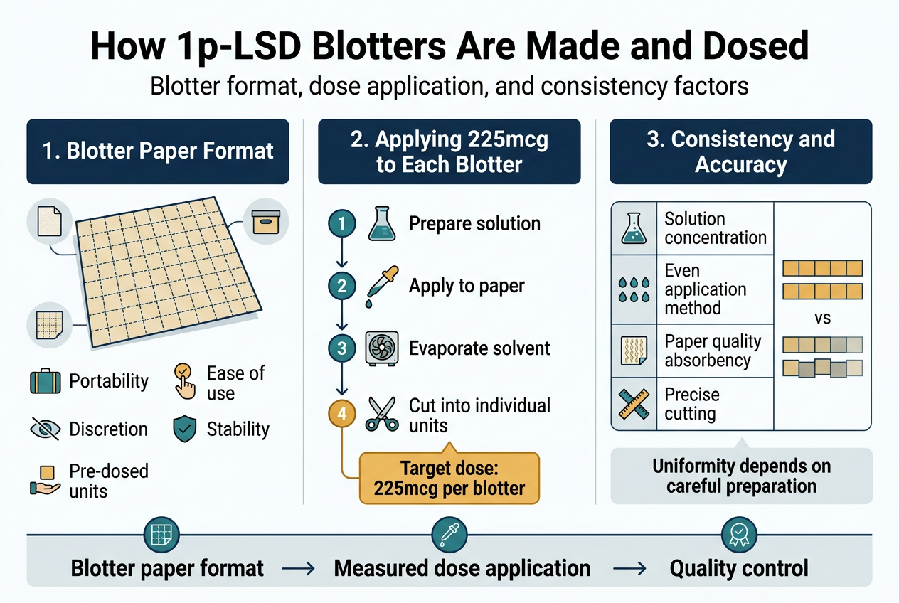 Create A Clean, Professional Full-Bleed Infographic Illustration In A 3:2 Aspect Ratio, With A Modern Scientific Style, White Background, Deep Navy Headers, Teal And Amber Accent Colors, Thin Gray Dividers, And Crisp Sans-Serif Typography.

Top Area:
Large Bold Title Centered Across The Top: &Quot;How 1P-Lsd Blotters Are Made And Dosed&Quot;
Smaller Subtitle Beneath The Title: &Quot;Blotter Format, Dose Application, And Consistency Factors&Quot;

Main Layout: Wide Horizontal 3-Column Infographic With Clear Visual Flow From Left To Right, Plus A Bottom Consistency Bar.

Left Column — &Quot;1. Blotter Paper Format&Quot;
Show A Large Illustrated Blotter Sheet With A Grid Of Small Square Tabs, Plus A Small Paper Texture Icon And A Storage Box Icon.
Include Four Short Bullet Blocks With Small Icons:
- &Quot;Portability&Quot; With A Suitcase Icon
- &Quot;Discretion&Quot; With An Eye/Hidden Icon
- &Quot;Pre-Dosed Units&Quot; With A Single Tab Icon
- &Quot;Stability&Quot; With A Shield Icon
- &Quot;Ease Of Use&Quot; With A Hand-And-Check Icon
Place The Heading At The Top Of This Column And The Bullets Beneath It.

Center Column — &Quot;2. Applying 225Mcg To Each Blotter&Quot;
Show A Simple 4-Step Vertical Process With Numbered Circles And Arrows:
1. &Quot;Prepare Solution&Quot; With A Beaker Icon
2. &Quot;Apply To Paper&Quot; With A Dropper/Pipette Icon
3. &Quot;Evaporate Solvent&Quot; With A Drying Fan Icon
4. &Quot;Cut Into Individual Units&Quot; With A Scissors Icon
At The Bottom Of This Column, Add A Highlighted Label In An Amber Callout Box: &Quot;Target Dose: 225Mcg Per Blotter&Quot;

Right Column — &Quot;3. Consistency And Accuracy&Quot;
Show A Checklist Panel With A Clean Table-Style Layout And Icons:
- &Quot;Solution Concentration&Quot; With A Flask Icon
- &Quot;Even Application Method&Quot; With A Evenly Spaced Droplets Icon
- &Quot;Paper Quality And Absorbency&Quot; With A Paper Fiber Icon
- &Quot;Precise Cutting&Quot; With A Ruler/Scissors Icon
Next To The Checklist, Show A Simple Comparison Graphic Of Uniform Tabs Versus Uneven Tabs, With One Row Of Evenly Colored Squares And One Row With Uneven Shading.
Add A Small Note Box At The Bottom Of The Column With Bold Text: &Quot;Uniformity Depends On Careful Preparation&Quot;

Bottom Full-Width Strip:
A Wide Summary Banner With Three Connected Icons And Labels:
&Quot;Blotter Paper Format&Quot; → &Quot;Measured Dose Application&Quot; → &Quot;Quality Control&Quot;
Use Arrows Between The Labels And Small Matching Icons Above Each Label.

Style Requirements:
Use Bold Headings, Medium-Weight Body Text, High Contrast, Clear Spacing, And Clean Vector-Style Illustrations. Keep All Text Legible And Minimal. Use A Professional Infographic Look With Organized Sections, Simple Symbols, And Balanced White Space. No Photo Realism, No Clutter, No Vertical Poster Layout.