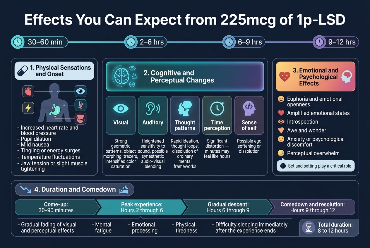 Create A Clean, Professional Full-Bleed Infographic Illustration In A 3:2 Aspect Ratio With A Modern Medical-Editorial Style, Dark Navy Background, Teal And Cyan Accents, White Text, And Subtle Purple Highlights. Use A Wide Horizontal Layout With Clear Section Blocks, Not A Tall Poster.

Top Center: Bold Large Heading In White Text:
&Quot;Effects You Can Expect From 225Mcg Of 1P-Lsd&Quot;

Below The Heading, A Horizontal Timeline Bar With 4 Labeled Checkpoints And Small Icons:
&Quot;30–60 Min&Quot; &Quot;2–6 Hrs&Quot; &Quot;6–9 Hrs&Quot; &Quot;9–12 Hrs&Quot;
Use A Small Clock Icon At Each Checkpoint And A Thin Glowing Line Connecting Them.

Left Upper Section: Titled Block With A Pill-Shaped Header:
&Quot;1. Physical Sensations And Onset&Quot;
Add A Body-Area Illustration With A Heart Icon, Pupil Icon, Stomach Icon, Lightning/Energy Icon, Thermometer Icon, And Jaw/Tension Icon. Include Short Bullet Text:
&Quot;- Increased Heart Rate And Blood Pressure&Quot;
&Quot;- Pupil Dilation&Quot;
&Quot;- Mild Nausea&Quot;
&Quot;- Tingling Or Energy Surges&Quot;
&Quot;- Temperature Fluctuations&Quot;
&Quot;- Jaw Tension Or Slight Muscle Tightening&Quot;

Center Section: Titled Block With A Glowing Brain-And-Senses Panel:
&Quot;2. Cognitive And Perceptual Changes&Quot;
Use 5 Small Visual Tiles With Icons For Vision, Sound, Thought, Time, And Self. Include The Exact Labels:
&Quot;Visual&Quot;
&Quot;Auditory&Quot;
&Quot;Thought Patterns&Quot;
&Quot;Time Perception&Quot;
&Quot;Sense Of Self&Quot;
Under Them, Add Concise Effect Text:
&Quot;Strong Geometric Patterns, Object Morphing, Tracers, Intensified Color Saturation&Quot;
&Quot;Heightened Sensitivity To Sound, Possible Synesthetic Audio-Visual Blending&Quot;
&Quot;Rapid Ideation, Thought Loops, Dissolution Of Ordinary Mental Frameworks&Quot;
&Quot;Significant Distortion — Minutes May Feel Like Hours&Quot;
&Quot;Possible Ego Softening Or Dissolution&Quot;

Right Section: Titled Block With A Warm Gradient Panel And Heart/Mind Icons:
&Quot;3. Emotional And Psychological Effects&Quot;
Include Short Bullets With Emotive Icons:
&Quot;- Euphoria And Emotional Openness&Quot;
&Quot;- Amplified Emotional States&Quot;
&Quot;- Introspection&Quot;
&Quot;- Awe And Wonder&Quot;
&Quot;- Anxiety Or Psychological Discomfort&Quot;
&Quot;- Perceptual Overwhelm&Quot;
Add A Small Note-Style Callout Box:
&Quot;Set And Setting Play A Critical Role&Quot;

Bottom Wide Section Across The Full Width: Titled Block With A Descending Arrow And Moon/Rest Icon:
&Quot;4. Duration And Comedown&Quot;
Show A 4-Step Timeline With Labeled Segments:
&Quot;Come-Up: 30–90 Minutes&Quot;
&Quot;Peak Experience: Hours 2 Through 6&Quot;
&Quot;Gradual Descent: Hours 6 Through 9&Quot;
&Quot;Comedown And Resolution: Hours 9 Through 12&Quot;
Below, Add Compact Bullets:
&Quot;- Gradual Fading Of Visual And Perceptual Effects&Quot;
&Quot;- Mental Fatigue&Quot;
&Quot;- Emotional Processing&Quot;
&Quot;- Physical Tiredness&Quot;
&Quot;- Difficulty Sleeping Immediately After The Experience Ends&Quot;

Include A Small Bottom-Right Summary Badge With An Hourglass Icon And The Text:
&Quot;Total Duration: 8 To 12 Hours&Quot;

Use Bold Sans-Serif Typography, Crisp Vector Icons, Clean Spacing, Subtle Glow Effects, And Strong Visual Hierarchy. Ensure All Text Is Legible And Correctly Spelled.