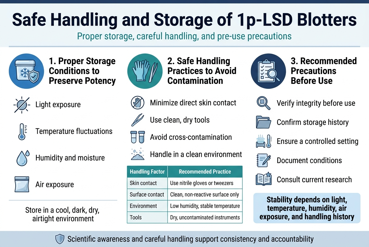 Create A Clean, Professional Full-Bleed Infographic In A 3:2 Aspect Ratio With A Modern Scientific Style, White Background, Deep Navy Headings, Teal Section Headers, And Subtle Blue-Gray Accent Lines. Use Bold Sans-Serif Typography For The Title And Clear Readable Sans-Serif Body Text. No Vertical Poster Frame; Use A Wide Horizontal Layout With Three Main Content Blocks Across The Page And A Slim Footer Strip.

Top Header Across Full Width:
Large Bold Title In Dark Navy: &Quot;Safe Handling And Storage Of 1P-Lsd Blotters&Quot;
Small Subtitle Beneath In Teal: &Quot;Proper Storage, Careful Handling, And Pre-Use Precautions&Quot;

Main Body: Three Wide Horizontal Sections With Icons

Left Section: &Quot;1. Proper Storage Conditions To Preserve Potency&Quot;
Place A Blue Circular Icon At The Top Left Of This Section Showing A Sealed Container With A Snowflake And Shield.
Include Four Stacked Bullet Points With Small Matching Icons:
- &Quot;Light Exposure&Quot; — Icon Of A Sun With A Slash
- &Quot;Temperature Fluctuations&Quot; — Icon Of A Thermometer
- &Quot;Humidity And Moisture&Quot; — Icon Of A Water Droplet
- &Quot;Air Exposure&Quot; — Icon Of A Sealed Bag Or Airtight Container
Add A Short Bottom Note In Smaller Text: &Quot;Store In A Cool, Dark, Dry, Airtight Environment&Quot;

Center Section: &Quot;2. Safe Handling Practices To Avoid Contamination&Quot;
Place A Teal Circular Icon At The Top Of This Section Showing Nitrile Gloves And Tweezers.
Include Four Bullet Points With Small Icons:
- &Quot;Minimize Direct Skin Contact&Quot; — Icon Of A Hand With A Slash
- &Quot;Use Clean, Dry Tools&Quot; — Icon Of Tweezers
- &Quot;Avoid Cross-Contamination&Quot; — Icon Of Two Separated Containers
- &Quot;Handle In A Clean Environment&Quot; — Icon Of A Dust-Free Workspace
Add A Small Table Beneath The Bullets With Two Columns And Neat Grid Lines:
Header Row In Teal:
&Quot;Handling Factor&Quot; | &Quot;Recommended Practice&Quot;
Rows:
&Quot;Skin Contact&Quot; | &Quot;Use Nitrile Gloves Or Tweezers&Quot;
&Quot;Surface Contact&Quot; | &Quot;Clean, Non-Reactive Surface Only&Quot;
&Quot;Environment&Quot; | &Quot;Low Humidity, Stable Temperature&Quot;
&Quot;Tools&Quot; | &Quot;Dry, Uncontaminated Instruments&Quot;

Right Section: &Quot;3. Recommended Precautions Before Use&Quot;
Place A Navy Circular Icon At The Top Of This Section Showing A Checklist With A Magnifying Glass.
Include Five Bullet Points With Small Icons:
- &Quot;Verify Integrity Before Use&Quot; — Icon Of A Magnifier Over A Blotter
- &Quot;Confirm Storage History&Quot; — Icon Of A File Folder Or Logbook
- &Quot;Ensure A Controlled Setting&Quot; — Icon Of A Calm Room With A Thermometer
- &Quot;Document Conditions&Quot; — Icon Of A Notebook And Pen
- &Quot;Consult Current Research&Quot; — Icon Of An Open Book With A Star
Add A Highlighted Callout Box At The Bottom In Light Blue With Dark Navy Text:
&Quot;Stability Depends On Light, Temperature, Humidity, Air Exposure, And Handling History&Quot;

Footer Strip Across Full Width:
Add A Thin Footer Bar In Pale Blue-Gray With A Small Shield Icon And The Text:
&Quot;Scientific Awareness And Careful Handling Support Consistency And Accountability&Quot;

Visual Style:
Use Crisp Vector Icons, Clean Lines, Soft Shadows, Balanced Spacing, And Strong Hierarchy. Keep All Text Legible And Exact. Use Aligned Section Headers, Numbered Labels, And Subtle Divider Lines Between Sections. Full-Bleed Composition With No Outer Frame.