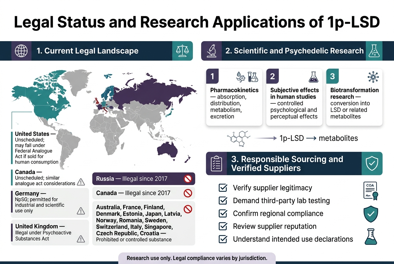 Create A Clean, Professional Full-Bleed Infographic In A 3:2 Aspect Ratio About 1P-Lsd, Using A Modern Scientific Style With Dark Navy, Teal, White, And Subtle Purple Accents. Use Bold Sans-Serif Typography, Clear Section Dividers, And Wide Horizontal Multi-Column Layout With No Vertical Poster Frame.

Top Center Title In Large Bold Text: &Quot;Legal Status And Research Applications Of 1P-Lsd&Quot;

Below The Title, Create Three Wide Horizontal Sections Across The Page:

Left Section: &Quot;1. Current Legal Landscape&Quot; With A Globe Icon And A Small Legal Scales Icon.
Display A Color-Coded World Map Or Region Blocks With Short Labels:
- &Quot;United States — Unscheduled; May Fall Under Federal Analogue Act If Sold For Human Consumption&Quot;
- &Quot;Canada — Unscheduled; Similar Analogue Act Considerations&Quot;
- &Quot;Germany — Npsg; Permitted For Industrial And Scientific Use Only&Quot;
- &Quot;Russia — Illegal Since 2017&Quot;
- &Quot;United Kingdom — Illegal Under Psychoactive Substances Act&Quot;
- &Quot;Australia, France, Finland, Denmark, Estonia, Japan, Latvia, Norway, Romania, Sweden, Switzerland, Italy, Singapore, Czech Republic, Croatia — Prohibited Or Controlled Substance&Quot;
Add A Small Warning Triangle Icon Beside The Gray-Zone Regions And Red Prohibition Icons Beside Restricted Regions.

Center Section: &Quot;2. Scientific And Psychedelic Research&Quot; With A Microscope Icon And A Chemistry Flask Icon.
Show Three Numbered Research Cards With Small Icons:
- &Quot;Pharmacokinetics — Absorption, Distribution, Metabolism, Excretion&Quot;
- &Quot;Subjective Effects In Human Studies — Controlled Psychological And Perceptual Effects&Quot;
- &Quot;Biotransformation Research — Conversion Into Lsd Or Related Metabolites&Quot;
Include A Small Molecular Structure Graphic And A Subtle Arrow Flow Diagram Labeled &Quot;1P-Lsd → Metabolites&Quot;.

Right Section: &Quot;3. Responsible Sourcing And Verified Suppliers&Quot; With A Clipboard Icon And A Shield/Check Icon.
Show Five Checklist Items With Checkmarks:
- &Quot;Verify Supplier Legitimacy&Quot;
- &Quot;Demand Third-Party Lab Testing&Quot;
- &Quot;Confirm Regional Compliance&Quot;
- &Quot;Review Supplier Reputation&Quot;
- &Quot;Understand Intended Use Declarations&Quot;
Add A Small Certificate/Coa Document Icon, A Shield Icon, And A Lab Vial Icon.
Include A Short Footer Note In A Highlighted Bar: &Quot;Research Use Only. Legal Compliance Varies By Jurisdiction.&Quot;

Use Clear Hierarchy: Title At Top, Section Headings In Bold, Body Text In Smaller Readable Font, Icons Aligned Left Of Each Bullet, Ample Spacing, Sharp Vector Shapes, And Balanced Layout Across The Wide Canvas.