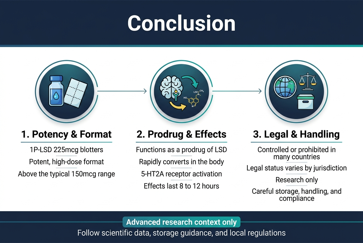 Create A Clean, Professional Full-Bleed Infographic Illustration In A 3:2 Aspect Ratio, With A Wide Horizontal Layout And No Poster Frame Or Inset Margins. Use A Modern Scientific Style With A Dark Navy, Teal, And White Color Palette, Subtle Gradients, Thin Divider Lines, And Crisp Sans-Serif Typography. Place A Bold Title At The Top Center In Large White Text: &Quot;Conclusion&Quot;.

Below The Title, Arrange Three Wide Horizontal Content Blocks Across The Page, Each With A Clear Icon, A Numbered Heading, And Concise Body Text.

Left Block:
A Blue Vial And Blotter-Paper Icon Inside A Circular Badge. Heading In Bold: &Quot;1. Potency &Amp; Format&Quot;. Body Text Beneath In Smaller Clean Text:
&Quot;1P-Lsd 225Mcg Blotters&Quot;
&Quot;Potent, High-Dose Format&Quot;
&Quot;Above The Typical 150Mcg Range&Quot;

Center Block:
A Stylized Brain-And-Receptor Icon With Arrows Converting Into A Small Lsd Molecule Symbol, Using Teal And Yellow Accents. Heading In Bold: &Quot;2. Prodrug &Amp; Effects&Quot;. Body Text Beneath:
&Quot;Functions As A Prodrug Of Lsd&Quot;
&Quot;Rapidly Converts In The Body&Quot;
&Quot;5-Ht2A Receptor Activation&Quot;
&Quot;Effects Last 8 To 12 Hours&Quot;

Right Block:
A Globe Icon With A Law Scale And A Storage Box Icon Combined In One Badge. Heading In Bold: &Quot;3. Legal &Amp; Handling&Quot;. Body Text Beneath:
&Quot;Controlled Or Prohibited In Many Countries&Quot;
&Quot;Legal Status Varies By Jurisdiction&Quot;
&Quot;Research Only&Quot;
&Quot;Careful Storage, Handling, And Compliance&Quot;

Add A Slim Bottom Banner Spanning The Full Width With A Highlighted Takeaway In A Contrasting Teal Strip And White Text:
&Quot;Advanced Research Context Only&Quot;
&Quot;Follow Scientific Data, Storage Guidance, And Local Regulations&Quot;

Use Subtle Connecting Lines Or Arrows Between The Three Blocks To Suggest Flow From Compound Profile To Effects To Legal/Handling Considerations. Keep The Layout Airy, Balanced, And Easy To Read, With Strong Visual Hierarchy And Clean Spacing. Include Only The Exact Text Shown Above.