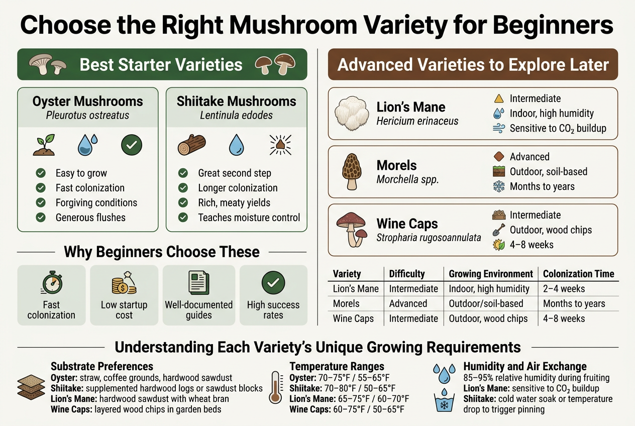 Create A Full-Bleed 3:2 Landscape Infographic With A Clean Modern Editorial Style, White Background, Dark Charcoal Text, Deep Green And Earthy Brown Accent Colors, Subtle Mushroom Illustrations, Thin Divider Lines, And Clear Sans-Serif Typography. Place A Bold Top Headline Across The Full Width: &Quot;Choose The Right Mushroom Variety For Beginners&Quot; Under The Headline, Add A Wide Two-Column Layout With Large Section Headers And Simple Icons. Left Column: &Quot;Best Starter Varieties&Quot; Use A Green Header Bar With Two Mushroom Icons And Two Stacked Comparison Cards. Card 1: &Quot;Oyster Mushrooms&Quot; &Quot;Pleurotus Ostreatus&Quot; Include A Fast-Growth Sprout Icon, A Humidity Droplet Icon, And A Checkmark Icon. Add Short Bullet Labels: &Quot;Easy To Grow&Quot; &Quot;Fast Colonization&Quot; &Quot;Forgiving Conditions&Quot; &Quot;Generous Flushes&Quot; Card 2: &Quot;Shiitake Mushrooms&Quot; &Quot;Lentinula Edodes&Quot; Include A Hardwood Log Icon, A Moisture Droplet Icon, And A Pinning Burst Icon. Add Short Bullet Labels: &Quot;Great Second Step&Quot; &Quot;Longer Colonization&Quot; &Quot;Rich, Meaty Yields&Quot; &Quot;Teaches Moisture Control&Quot; Below The Starter Cards, Add A Horizontal Row Titled: &Quot;Why Beginners Choose These&Quot; Use Four Small Icon Blocks With Labels: &Quot;Fast Colonization&Quot; &Quot;Low Startup Cost&Quot; &Quot;Well-Documented Guides&Quot; &Quot;High Success Rates&Quot; Right Column: &Quot;Advanced Varieties To Explore Later&Quot; Use A Brown Header Bar With Three Stacked Cards. Card 1: &Quot;Lion'S Mane&Quot; &Quot;Hericium Erinaceus&Quot; Include A White Cascading Coral-Like Mushroom Illustration, A Humidity Gauge Icon, And An Air-Flow Icon. Add Labels: &Quot;Intermediate&Quot; &Quot;Indoor, High Humidity&Quot; &Quot;Sensitive To Co₂ Buildup&Quot; Card 2: &Quot;Morels&Quot; &Quot;Morchella Spp.&Quot; Include A Honeycomb Mushroom Icon, A Soil Layer Icon, And A Cold Snowflake Icon. Add Labels: &Quot;Advanced&Quot; &Quot;Outdoor, Soil-Based&Quot; &Quot;Months To Years&Quot; Card 3: &Quot;Wine Caps&Quot; &Quot;Stropharia Rugosoannulata&Quot; Include A Wood Chip Bed Icon, A Garden Spade Icon, And A Seasonal Sun-To-Leaf Icon. Add Labels: &Quot;Intermediate&Quot; &Quot;Outdoor, Wood Chips&Quot; &Quot;4–8 Weeks&Quot; Place A Small Clean Table Centered Along The Lower Third Of The Design With The Title: &Quot;Variety | Difficulty | Growing Environment | Colonization Time&Quot; Include These Rows Exactly: &Quot;Lion'S Mane | Intermediate | Indoor, High Humidity | 2–4 Weeks&Quot; &Quot;Morels | Advanced | Outdoor/Soil-Based | Months To Years&Quot; &Quot;Wine Caps | Intermediate | Outdoor, Wood Chips | 4–8 Weeks&Quot; Along The Bottom, Add A Wide Information Band Titled: &Quot;Understanding Each Variety'S Unique Growing Requirements&Quot; Split Into Three Compact Blocks With Icons. Block 1: &Quot;Substrate Preferences&Quot; &Quot;Oyster: Straw, Coffee Grounds, Hardwood Sawdust&Quot; &Quot;Shiitake: Supplemented Hardwood Logs Or Sawdust Blocks&Quot; &Quot;Lion'S Mane: Hardwood Sawdust With Wheat Bran&Quot; &Quot;Wine Caps: Layered Wood Chips In Garden Beds&Quot; Block 2: &Quot;Temperature Ranges&Quot; &Quot;Oyster: 70–75°F / 55–65°F&Quot; &Quot;Shiitake: 70–80°F / 50–65°F&Quot; &Quot;Lion'S Mane: 65–75°F / 60–70°F&Quot; &Quot;Wine Caps: 60–75°F / 50–65°F&Quot; Block 3: &Quot;Humidity And Air Exchange&Quot; &Quot;85–95% Relative Humidity During Fruiting&Quot; &Quot;Lion'S Mane: Sensitive To Co₂ Buildup&Quot; &Quot;Shiitake: Cold Water Soak Or Temperature Drop To Trigger Pinning&Quot; Add Small Visual Symbols Beside Each Block: Substrate Layers, Thermometer, Humidity Droplets, Airflow Arrows, And A Cold Water Soak Bucket. Use Balanced Spacing, Strong Hierarchy, Bold Section Headers, And Horizontal Flow Across The Page. Keep All Text Crisp And Readable, With No Extra Text Outside The Infographic Content.