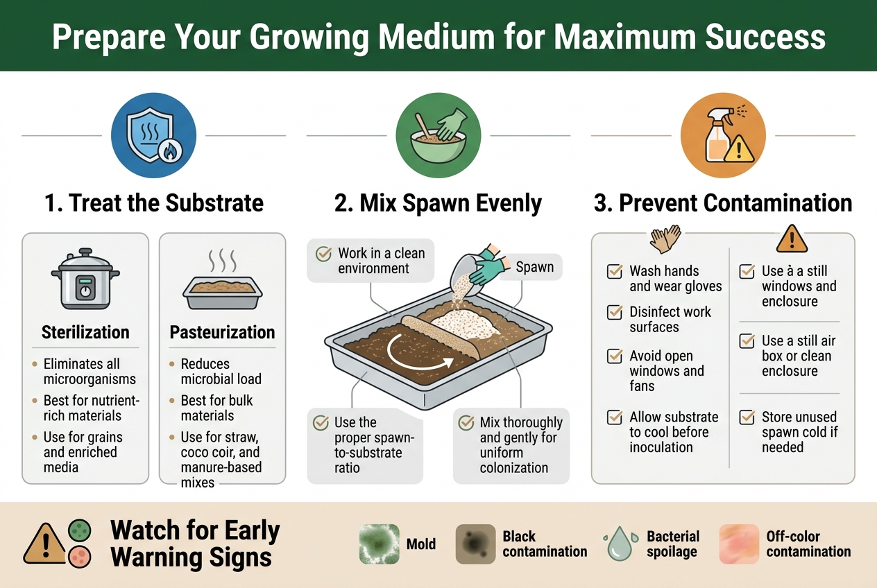 Create A Clean, Professional 3:2 Landscape Infographic About &Quot;Sterile Substrate Preparation For Legal Gourmet Mushroom Cultivation&Quot; With A Full-Bleed Layout And No Poster Frame. Use A Modern Sans-Serif Font, Strong Visual Hierarchy, And A Palette Of Deep Green, White, Light Gray, And Warm Tan Accents. Top Banner Across The Full Width With A Bold Heading In Large White Text On A Dark Green Background: &Quot;Prepare Your Growing Medium For Maximum Success&Quot; Below The Title, Arrange Three Wide Horizontal Sections Across The Page With Clear Icons And Numbered Labels: Left Section: A Blue Circular Icon With A Shield And Heat Symbol. Large Subheading Text: &Quot;1. Treat The Substrate&Quot;. Under It, Two Side-By-Side Comparison Cards: - Card 1 With A Pressure Cooker Icon And Label Text: &Quot;Sterilization&Quot; Small Bullet Text: &Quot;Eliminates All Microorganisms&Quot; &Quot;Best For Nutrient-Rich Materials&Quot; &Quot;Use For Grains And Enriched Media&Quot; - Card 2 With A Steaming Tray Icon And Label Text: &Quot;Pasteurization&Quot; Small Bullet Text: &Quot;Reduces Microbial Load&Quot; &Quot;Best For Bulk Materials&Quot; &Quot;Use For Straw, Coco Coir, And Manure-Based Mixes&Quot; Center Section: A Green Circular Icon With A Mixing Bowl And Gloved Hands. Large Subheading Text: &Quot;2. Mix Spawn Evenly&Quot; Use A Clean Illustrated Diagram Of Substrate And Spawn Being Folded Together In A Wide Tray. Add Three Short Callout Boxes With Checkmark Icons: - &Quot;Work In A Clean Environment&Quot; - &Quot;Use The Proper Spawn-To-Substrate Ratio&Quot; - &Quot;Mix Thoroughly And Gently For Uniform Colonization&Quot; Right Section: An Orange Circular Icon With A Spray Bottle And Warning Triangle. Large Subheading Text: &Quot;3. Prevent Contamination&Quot; Under It, Place A Tidy 2-Column Checklist And Warning Panel: - &Quot;Wash Hands And Wear Gloves&Quot; - &Quot;Disinfect Work Surfaces&Quot; - &Quot;Avoid Open Windows And Fans&Quot; - &Quot;Use A Still Air Box Or Clean Enclosure&Quot; - &Quot;Allow Substrate To Cool Before Inoculation&Quot; - &Quot;Store Unused Spawn Cold If Needed&Quot; Bottom Band Across The Width With A Compact Warning Strip And Simple Icons. Large Bold Text: &Quot;Watch For Early Warning Signs&Quot; Show Four Small Colored Sample Swatches With Labels: - Green Patch Icon With Text: &Quot;Mold&Quot; - Dark Spot Icon With Text: &Quot;Black Contamination&Quot; - Wet Slimy Drop Icon With Text: &Quot;Bacterial Spoilage&Quot; - Pink/Orange Patch Icon With Text: &Quot;Off-Color Contamination&Quot; Use Subtle Line Separators, Rounded Rectangles, And Tidy Spacing. Include Small Supporting Icons Next To Each Checklist Item. Keep The Layout Wide, Balanced, And Easy To Scan, With All Text Crisp And Legible.