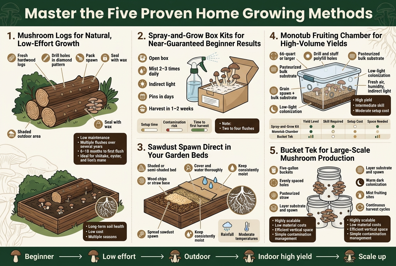 Aspect Ratio 3:2, Full-Bleed Professional Infographic With A Clean Modern Layout, Wide Horizontal Composition, White Background With Deep Forest Green, Warm Brown, Cream, And Muted Gold Accents. Bold Title At The Top: &Quot;Master The Five Proven Home Growing Methods&Quot; In A Large Sans-Serif Font. Use Five Clear Numbered Sections Across The Page In A Balanced Multi-Column Grid With Illustrated Icons, Arrows, And Small Process Visuals. Include A Subtle Mushroom And Mycelium Motif In The Background. Section 1, Left Side: Heading &Quot;1. Mushroom Logs For Natural, Low-Effort Growth&Quot; With An Illustration Of Hardwood Logs In A Shaded Garden, Drill Holes With Wax Seals, And A Small Mushroom Cluster. Add Small Icon Labels: &Quot;Fresh Hardwood Logs&Quot;, &Quot;Drill Holes In Diamond Pattern&Quot;, &Quot;Pack Spawn&Quot;, &Quot;Seal With Wax&Quot;, &Quot;Shaded Outdoor Area&Quot;. Include A Compact Callout Box With Bold Text: &Quot;Low Maintenance&Quot;, &Quot;Multiple Flushes Over Several Years&Quot;, &Quot;6–18 Months To First Flush&Quot;, &Quot;Ideal For Shiitake, Oyster, And Lion’s Mane&Quot;. Section 2, Upper Middle: Heading &Quot;2. Spray-And-Grow Box Kits For Near-Guaranteed Beginner Results&Quot; With An Illustration Of A Simple Kit Box, Mist Bottle, And Emerging Pins. Add Short Text Bullets With Icons: &Quot;Open Box&Quot;, &Quot;Mist 2–3 Times Daily&Quot;, &Quot;Indirect Light&Quot;, &Quot;Pins In Days&Quot;, &Quot;Harvest In 1–2 Weeks&Quot;. Include A Small Comparison Strip With Three Tiny Columns Labeled: &Quot;Setup Time&Quot;, &Quot;Contamination Risk&Quot;, &Quot;Time To First Harvest&Quot;, Each With Simple Indicators. Add A Bold Note Box: &Quot;Two To Four Flushes&Quot;. Section 3, Lower Middle Left: Heading &Quot;3. Sawdust Spawn Direct In Your Garden Beds&Quot; With An Illustration Of A Garden Bed Layered With Wood Chips, Sawdust Spawn, And Cardboard Cover, Plus Moisture Droplets And A Mycelium Network Graphic. Add Icons And Labels: &Quot;Shaded Or Semi-Shaded Bed&Quot;, &Quot;Wood Chips Or Straw Base&Quot;, &Quot;Spread Sawdust Spawn&Quot;, &Quot;Cover And Water Thoroughly&Quot;, &Quot;Keep Consistently Moist&Quot;. Include A Small Benefit Box: &Quot;Long-Term Soil Health&Quot;, &Quot;Low Cost&Quot;, &Quot;Multiple Seasons&Quot;, And A Weather Icon Pair Labeled &Quot;Rainfall&Quot; And &Quot;Moderate Temperatures&Quot;. Section 4, Upper Right: Heading &Quot;4. Monotub Fruiting Chamber For High-Volume Yields&Quot; With A Large Clear Illustration Of A Lidded Plastic Tub With Side Holes, Substrate Layers, And Mushrooms Fruiting Inside. Add Labeled Icons: &Quot;66-Quart Or Larger&Quot;, &Quot;Drill And Stuff Polyfill Holes&Quot;, &Quot;Pasteurized Bulk Substrate&Quot;, &Quot;Grain Spawn + Bulk Substrate&Quot;, &Quot;Low-Light Colonization&Quot;, &Quot;Fresh Air, Humidity, Indirect Light&Quot;. Include A Bold Side Box: &Quot;High Yield&Quot;, &Quot;Intermediate Skill&Quot;, &Quot;Moderate Setup Cost&Quot;. Add A Small Comparison Table With Rows Labeled &Quot;Spray-And-Grow Kit&Quot;, &Quot;Monotub Chamber&Quot;, &Quot;Bucket Tek&Quot; And Columns &Quot;Yield Level&Quot;, &Quot;Skill Required&Quot;, &Quot;Setup Cost&Quot;, &Quot;Space Needed&Quot;. Section 5, Lower Right: Heading &Quot;5. Bucket Tek For Large-Scale Mushroom Production&Quot; With An Illustration Of Several Five-Gallon Buckets Stacked In A Scalable Modular Arrangement, Mushroom Clusters Growing Through Side Holes. Add Icons And Labels: &Quot;Five-Gallon Buckets&Quot;, &Quot;Evenly Spaced Holes&Quot;, &Quot;Pasteurized Straw&Quot;, &Quot;Layer Substrate And Spawn&Quot;, &Quot;Warm Dark Colonization&Quot;, &Quot;Mist Fruiting Sites&Quot;, &Quot;Continuous Harvest Cycles&Quot;. Include A Bold Feature Box: &Quot;Highly Scalable&Quot;, &Quot;Low Material Costs&Quot;, &Quot;Efficient Vertical Space&Quot;, &Quot;Simple Contamination Management&Quot;. Add A Thin Bottom Banner Spanning The Width With A Simple Visual Summary Timeline: &Quot;Beginner&Quot; → &Quot;Low Effort&Quot; → &Quot;Outdoor&Quot; → &Quot;Indoor High Yield&Quot; → &Quot;Scale Up&Quot; Using Small Mushroom Icons And Arrows. Use Clear Hierarchy, Crisp Line Art, Subtle Shadows, And Highly Legible Typography. No Poster Frame, No Centered Vertical Stack, No Clutter.