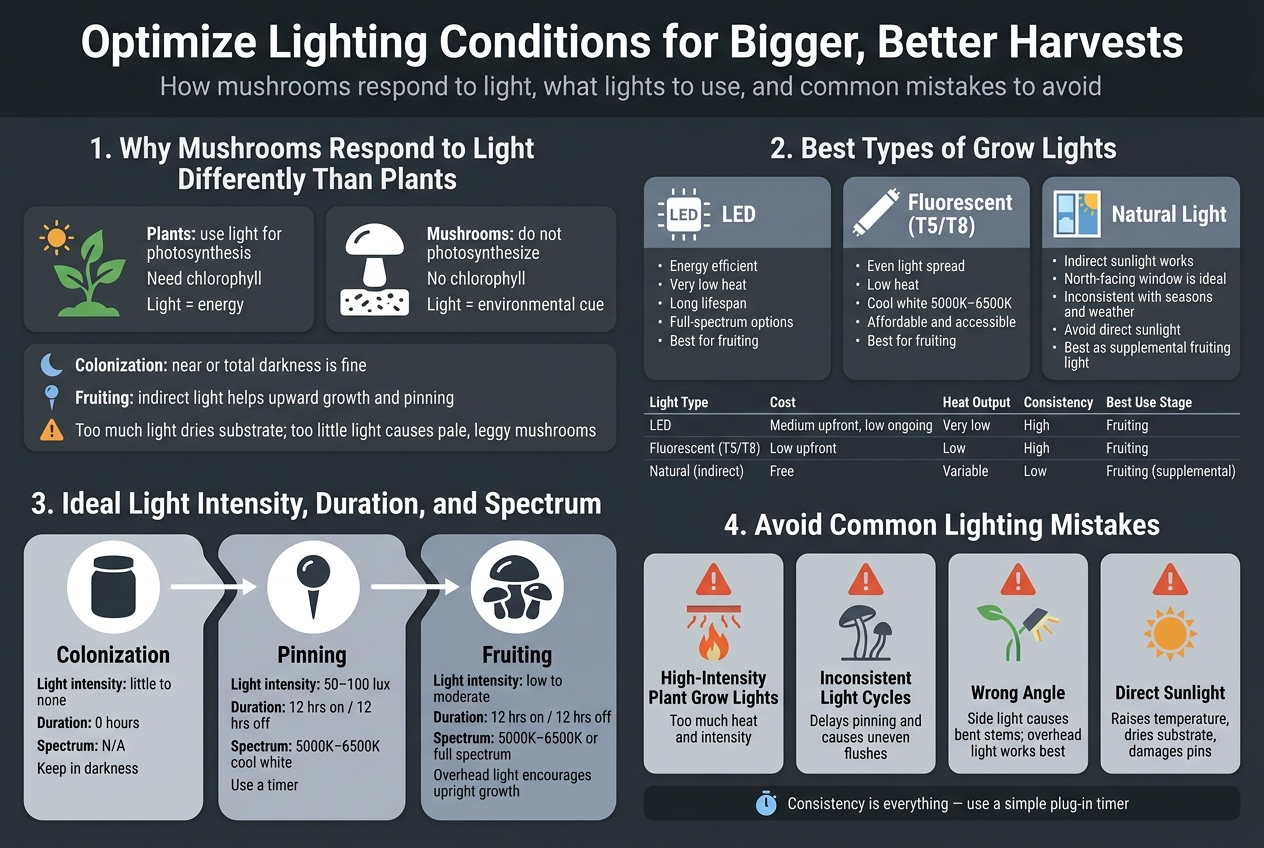Create A Clean, Professional Full-Bleed Infographic In A 3:2 Aspect Ratio About Mushroom Cultivation Lighting, With A Wide Horizontal Layout, Modern Flat Design, Crisp Vector Icons, And Clear Hierarchy. Use A Dark Charcoal Background With Soft Gray Panels, Cool White Text, Blue Accents, And Green Highlights. Use Bold Sans-Serif Fonts For Headings And Smaller Sans-Serif Body Text. Top Header Across The Full Width: Large Bold Title Text: &Quot;Optimize Lighting Conditions For Bigger, Better Harvests&Quot; Subtitle Beneath In Smaller Text: &Quot;How Mushrooms Respond To Light, What Lights To Use, And Common Mistakes To Avoid&Quot; Section 1 Across The Upper Left And Center, Titled &Quot;1. Why Mushrooms Respond To Light Differently Than Plants&Quot; Show A Side-By-Side Comparison With Icons: Left: A Green Plant Icon With Sun Rays And The Text: &Quot;Plants: Use Light For Photosynthesis&Quot; &Quot;Need Chlorophyll&Quot; &Quot;Light = Energy&Quot; Right: A White Mushroom Icon With A Substrate Block And The Text: &Quot;Mushrooms: Do Not Photosynthesize&Quot; &Quot;No Chlorophyll&Quot; &Quot;Light = Environmental Cue&Quot; Below, Three Short Callout Bullets With Small Moon, Pin, And Warning Icons: &Quot;Colonization: Near Or Total Darkness Is Fine&Quot; &Quot;Fruiting: Indirect Light Helps Upward Growth And Pinning&Quot; &Quot;Too Much Light Dries Substrate; Too Little Light Causes Pale, Leggy Mushrooms&Quot; Section 2 Centered Across The Width, Titled &Quot;2. Best Types Of Grow Lights&Quot; Use Three Equal Horizontal Cards With Icons And Short Bullet Points: Card 1: Led Icon, Heading &Quot;Led&Quot; Text: &Quot;Energy Efficient&Quot; &Quot;Very Low Heat&Quot; &Quot;Long Lifespan&Quot; &Quot;Full-Spectrum Options&Quot; &Quot;Best For Fruiting&Quot; Card 2: Fluorescent Tube Icon, Heading &Quot;Fluorescent (T5/T8)&Quot; Text: &Quot;Even Light Spread&Quot; &Quot;Low Heat&Quot; &Quot;Cool White 5000K–6500K&Quot; &Quot;Affordable And Accessible&Quot; &Quot;Best For Fruiting&Quot; Card 3: Window And Sun Icon, Heading &Quot;Natural Light&Quot; Text: &Quot;Indirect Sunlight Works&Quot; &Quot;North-Facing Window Is Ideal&Quot; &Quot;Inconsistent With Seasons And Weather&Quot; &Quot;Avoid Direct Sunlight&Quot; &Quot;Best As Supplemental Fruiting Light&Quot; Include A Small Horizontal Comparison Table Beneath The Cards With Column Headers: &Quot;Light Type | Cost | Heat Output | Consistency | Best Use Stage&Quot; Rows: &Quot;Led | Medium Upfront, Low Ongoing | Very Low | High | Fruiting&Quot; &Quot;Fluorescent (T5/T8) | Low Upfront | Low | High | Fruiting&Quot; &Quot;Natural (Indirect) | Free | Variable | Low | Fruiting (Supplemental)&Quot; Section 3 Across The Lower Middle, Titled &Quot;3. Ideal Light Intensity, Duration, And Spectrum&Quot; Use A Left-To-Right Growth-Stage Timeline With Three Rounded Blocks And Icons: Block 1 With Dark Jar Icon, Heading &Quot;Colonization&Quot; Text: &Quot;Light Intensity: Little To None&Quot; &Quot;Duration: 0 Hours&Quot; &Quot;Spectrum: N/A&Quot; &Quot;Keep In Darkness&Quot; Block 2 With Pin Icon, Heading &Quot;Pinning&Quot; Text: &Quot;Light Intensity: 50–100 Lux&Quot; &Quot;Duration: 12 Hrs On / 12 Hrs Off&Quot; &Quot;Spectrum: 5000K–6500K Cool White&Quot; &Quot;Use A Timer&Quot; Block 3 With Mushroom Cluster Icon, Heading &Quot;Fruiting&Quot; Text: &Quot;Light Intensity: Low To Moderate&Quot; &Quot;Duration: 12 Hrs On / 12 Hrs Off&Quot; &Quot;Spectrum: 5000K–6500K Or Full Spectrum&Quot; &Quot;Overhead Light Encourages Upright Growth&Quot; Section 4 Across The Bottom, Titled &Quot;4. Avoid Common Lighting Mistakes&Quot; Use Five Warning Cards In A Wide Row With Red/Orange Warning Icons And Simple Illustrations: 1. Heading: &Quot;High-Intensity Plant Grow Lights&Quot; Text: &Quot;Too Much Heat And Intensity&Quot; 2. Heading: &Quot;No Light During Fruiting&Quot; Text: &Quot;Leggy Mushrooms And Poor Pinning&Quot; 3. Heading: &Quot;Inconsistent Light Cycles&Quot; Text: &Quot;Delays Pinning And Causes Uneven Flushes&Quot; 4. Heading: &Quot;Wrong Angle&Quot; Text: &Quot;Side Light Causes Bent Stems; Overhead Light Works Best&Quot; 5. Heading: &Quot;Direct Sunlight&Quot; Text: &Quot;Raises Temperature, Dries Substrate, Damages Pins&Quot; Add A Small Footer Strip With A Timer Icon And The Text: &Quot;Consistency Is Everything — Use A Simple Plug-In Timer&Quot; Use Clear Spacing, Aligned Grids, And Icon-Driven Visual Hierarchy. Avoid Clutter. Make The Infographic Readable At A Glance, With The Title At The Top, Comparison Sections In The Center, And Warning Section At The Bottom.