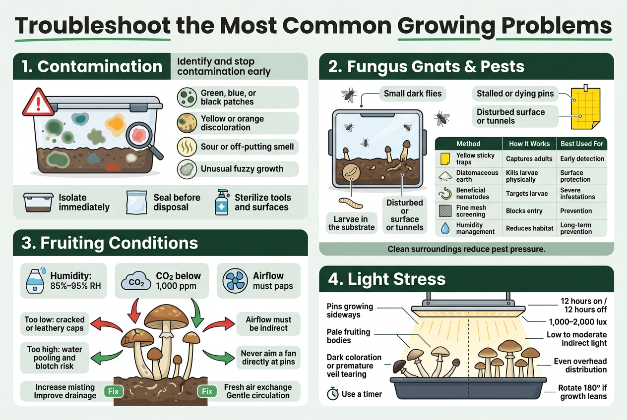 Create A Clean, Professional Full-Bleed Infographic In 3:2 Aspect Ratio With A Modern Flat-Vector Style, Crisp Lines, Soft Gradients, And High Readability. Use A White Background With Deep Green, Teal, Gold, And Charcoal Accents. Place A Bold Top Header Across The Full Width: &Quot;Troubleshoot The Most Common Growing Problems&Quot; In Large Sans-Serif Font, Dark Charcoal, With A Thin Green Underline. Arrange The Infographic In Four Wide Horizontal Sections With Icons And Short Labeled Callouts, Using A Two-Column Flow For The First Two Sections And A Two-Column Flow For The Last Two Sections. Use Clear Visual Hierarchy, Rounded Boxes, Subtle Dividers, And Simple Pictograms. Section 1 — Top Left And Top Right, Titled &Quot;1. Contamination&Quot; Show A Grow Container With Colored Patch Marks And Warning Symbols. Include A Red Hazard Icon And A Magnifying Glass Icon. Add A Short Subheading: &Quot;Identify And Stop Contamination Early&Quot;. Include Four Bullet-Style Callouts With Small Icons: - &Quot;Green, Blue, Or Black Patches&Quot; Next To Mold Spots - &Quot;Yellow Or Orange Discoloration&Quot; Next To A Stained Substrate Icon - &Quot;Sour Or Off-Putting Smell&Quot; Next To A Smell Wavy-Line Icon - &Quot;Unusual Fuzzy Growth&Quot; Next To A Fuzzy Cluster Icon Add A Small Action Strip Below With Three Icons: Sealed Container, Plastic Bag, And Sanitizer Bottle. Include These Exact Labels: - &Quot;Isolate Immediately&Quot; - &Quot;Seal Before Disposal&Quot; - &Quot;Sterilize Tools And Surfaces&Quot; Section 2 — Below Section 1, Spanning The Width, Titled &Quot;2. Fungus Gnats &Amp; Pests&Quot; Show Small Dark Flying Insects Around A Grow Chamber On The Left And A Yellow Sticky Trap On The Right. Include A Small Larva Icon In The Substrate. Add These Callouts: - &Quot;Small Dark Flies&Quot; - &Quot;Larvae In The Substrate&Quot; - &Quot;Stalled Or Dying Pins&Quot; - &Quot;Disturbed Surface Or Tunnels&Quot; Create A Small Visual Table With Three Columns Labeled Exactly: - &Quot;Method&Quot; - &Quot;How It Works&Quot; - &Quot;Best Used For&Quot; Include Five Rows With Tiny Icons And Short Text: - &Quot;Yellow Sticky Traps&Quot; | &Quot;Captures Adults&Quot; | &Quot;Early Detection&Quot; - &Quot;Diatomaceous Earth&Quot; | &Quot;Kills Larvae Physically&Quot; | &Quot;Surface Protection&Quot; - &Quot;Beneficial Nematodes&Quot; | &Quot;Targets Larvae&Quot; | &Quot;Severe Infestations&Quot; - &Quot;Fine Mesh Screening&Quot; | &Quot;Blocks Entry&Quot; | &Quot;Prevention&Quot; - &Quot;Humidity Management&Quot; | &Quot;Reduces Habitat&Quot; | &Quot;Long-Term Prevention&Quot; Add A Small Footer Note In A Muted Green Banner: &Quot;Clean Surroundings Reduce Pest Pressure.&Quot; Section 3 — Lower Left And Lower Right, Titled &Quot;3. Fruiting Conditions&Quot; Split Into Three Mini-Panels With Icons For Humidity, Co2, And Airflow. Use A Humidifier Icon, A Co2 Cloud Icon, And A Fan Icon. Add A Central Illustration Of Mushrooms With Different Growth Problems. Include Exact Labels: - &Quot;Humidity: 85%–95% Rh&Quot; - &Quot;Too Low: Cracked Or Leathery Caps&Quot; - &Quot;Too High: Water Pooling And Blotch Risk&Quot; - &Quot;Co2 Below 1,000 Ppm&Quot; - &Quot;High Co2: Long, Thin Stems With Small Caps&Quot; - &Quot;Airflow Must Be Indirect&Quot; - &Quot;Never Aim A Fan Directly At Pins&Quot; Use Arrows Showing Cause And Effect, With Red Arrows For Problems And Green Arrows For Fixes. Add Small Fix Badges: - &Quot;Increase Misting&Quot; - &Quot;Improve Drainage&Quot; - &Quot;Fresh Air Exchange&Quot; - &Quot;Gentle Circulation&Quot; Section 4 — Bottom Band Across The Width, Titled &Quot;4. Light Stress&Quot; Show An Overhead Led Light Above A Grow Tray, With Even Light Rays Spreading Across The Top. Include One Side Of The Tray With Leaning Mushrooms And The Other Side With Balanced Mushrooms. Add These Exact Callouts: - &Quot;Pins Growing Sideways&Quot; - &Quot;Pale Fruiting Bodies&Quot; - &Quot;Dark Coloration Or Premature Veil Tearing&Quot; - &Quot;12 Hours On / 12 Hours Off&Quot; - &Quot;1,000–2,000 Lux&Quot; - &Quot;Low To Moderate Indirect Light&Quot; - &Quot;Even Overhead Distribution&Quot; Add A Small Rotation Icon And Timer Icon With Labels: - &Quot;Use A Timer&Quot; - &Quot;Rotate 180° If Growth Leans&Quot; Use Bold Section Numbers, Short Labels, And Simple Illustrated Icons Throughout. Keep All Text Large, Legible, And Minimal. Make The Layout Wide, Organized, And Balanced With No Vertical Poster Framing.