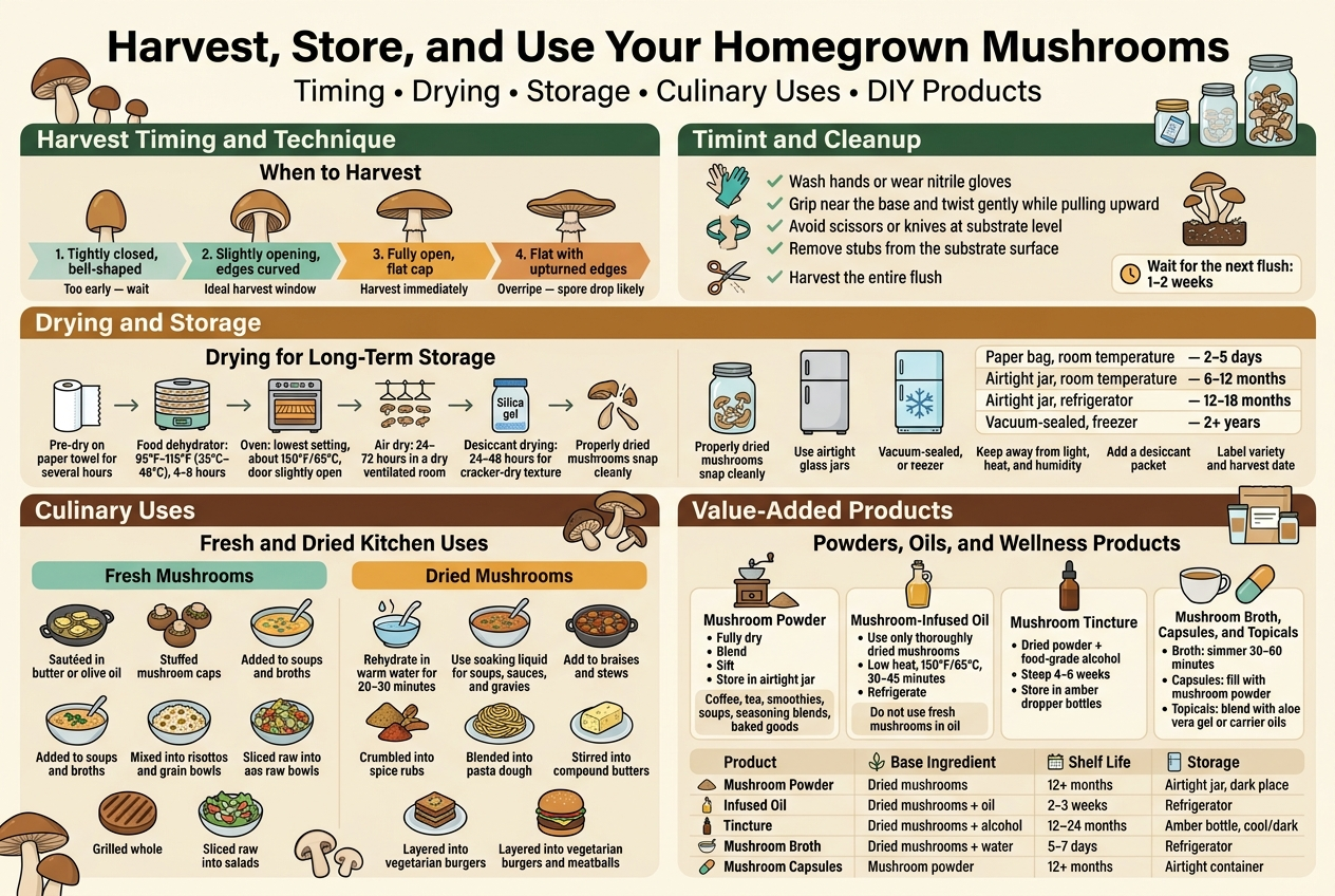Create A Clean, Professional Infographic In Full-Bleed Layout With Aspect Ratio 3:2, Modern Flat Vector Style, High Readability, Soft Cream Background, Deep Green, Warm Brown, Golden Orange, And Teal Accent Colors, Bold Sans-Serif Typography, Subtle Line Icons, And Clear Visual Hierarchy. Top Header Across The Full Width: Large Bold Title Text: &Quot;Harvest, Store, And Use Your Homegrown Mushrooms&Quot; Subtitle In Smaller Text: &Quot;Timing • Drying • Storage • Culinary Uses • Diy Products&Quot; Divide The Infographic Into 4 Wide Horizontal Sections With 2-Column Blocks And Icon Labels, Not A Narrow Vertical Poster. Section 1 — Harvest Timing And Technique Left Side: A 4-Step Horizontal Timeline With Mushroom Cap Illustrations And Veil Stages. Heading Text: &Quot;When To Harvest&Quot; Add Four Labeled Stages With Small Mushroom Icons: 1. &Quot;Tightly Closed, Bell-Shaped&Quot; — &Quot;Too Early — Wait&Quot; 2. &Quot;Slightly Opening, Edges Curved&Quot; — &Quot;Ideal Harvest Window&Quot; 3. &Quot;Fully Open, Flat Cap&Quot; — &Quot;Harvest Immediately&Quot; 4. &Quot;Flat With Upturned Edges&Quot; — &Quot;Overripe — Spore Drop Likely&Quot; Right Side: A Clean Icon Checklist With A Hand, Glove, Twist Arrow, And Substrate Cleanup. Bullet Text: &Quot;Wash Hands Or Wear Nitrile Gloves&Quot; &Quot;Grip Near The Base And Twist Gently While Pulling Upward&Quot; &Quot;Avoid Scissors Or Knives At Substrate Level&Quot; &Quot;Remove Stubs From The Substrate Surface&Quot; &Quot;Harvest The Entire Flush&Quot; Small Callout Box: &Quot;Wait For The Next Flush: 1–2 Weeks&Quot; Section 2 — Drying And Storage Heading Text: &Quot;Drying For Long-Term Storage&Quot; Use A Left-To-Right Process Strip With Icons: Paper Towel, Fan, Dehydrator, Oven Rack, Hanging Rack, Silica Gel Jar. Include Compact Labels: &Quot;Pre-Dry On Paper Towel For Several Hours&Quot; &Quot;Food Dehydrator: 95°F–115°F (35°C–46°C), 4–8 Hours&Quot; &Quot;Oven: Lowest Setting, About 150°F/65°C, Door Slightly Open&Quot; &Quot;Air Dry: 24–72 Hours In A Dry Ventilated Room&Quot; &Quot;Desiccant Drying: 24–48 Hours For Cracker-Dry Texture&Quot; Add A Snap Test Icon And Text: &Quot;Properly Dried Mushrooms Snap Cleanly&Quot; Storage Icons On The Right: Glass Jar, Fridge, Freezer. Storage Text In A Small Table Style Block: &Quot;Paper Bag, Room Temperature — 2–5 Days&Quot; &Quot;Airtight Jar, Room Temperature — 6–12 Months&Quot; &Quot;Airtight Jar, Refrigerator — 12–18 Months&Quot; &Quot;Vacuum-Sealed, Freezer — 2+ Years&Quot; Add Safety/Storage Notes In Small Labels: &Quot;Use Airtight Glass Jars&Quot; &Quot;Keep Away From Light, Heat, And Humidity&Quot; &Quot;Add A Desiccant Packet&Quot; &Quot;Label Variety And Harvest Date&Quot; Section 3 — Culinary Uses Heading Text: &Quot;Fresh And Dried Kitchen Uses&Quot; Split Into Two Columns With Illustrated Food Icons. Left Column Label: &Quot;Fresh Mushrooms&Quot; Include Icons And Short Captions: &Quot;Sautéed In Butter Or Olive Oil&Quot; &Quot;Stuffed Mushroom Caps&Quot; &Quot;Added To Soups And Broths&Quot; &Quot;Mixed Into Risottos And Grain Bowls&Quot; &Quot;Grilled Whole&Quot; &Quot;Sliced Raw Into Salads&Quot; Right Column Label: &Quot;Dried Mushrooms&Quot; Include Icons And Short Captions: &Quot;Rehydrate In Warm Water For 20–30 Minutes&Quot; &Quot;Use Soaking Liquid For Soups, Sauces, And Gravies&Quot; &Quot;Add To Braises And Stews&Quot; &Quot;Crumbled Into Spice Rubs&Quot; &Quot;Blended Into Pasta Dough&Quot; &Quot;Stirred Into Compound Butters&Quot; &Quot;Layered Into Vegetarian Burgers And Meatballs&Quot; Section 4 — Value-Added Products Heading Text: &Quot;Powders, Oils, And Wellness Products&Quot; Show Four Product Cards In A 2X2 Grid With Icons: Grinder, Oil Bottle, Tincture Dropper, Broth Mug, Capsule. Card 1 Title: &Quot;Mushroom Powder&Quot; Text: &Quot;Fully Dry&Quot; &Quot;Blend&Quot; &Quot;Sift&Quot; &Quot;Store In Airtight Jar&Quot; Uses: &Quot;Coffee, Tea, Smoothies, Soups, Seasoning Blends, Baked Goods&Quot; Card 2 Title: &Quot;Mushroom-Infused Oil&Quot; Text: &Quot;Use Only Thoroughly Dried Mushrooms&Quot; &Quot;Low Heat, 150°F/65°C, 30–45 Minutes&Quot; &Quot;Refrigerate&Quot; Safety Label: &Quot;Do Not Use Fresh Mushrooms In Oil&Quot; Card 3 Title: &Quot;Mushroom Tincture&Quot; Text: &Quot;Dried Powder + Food-Grade Alcohol&Quot; &Quot;Steep 4–6 Weeks&Quot; &Quot;Store In Amber Dropper Bottles&Quot; Card 4 Title: &Quot;Mushroom Broth, Capsules, And Topicals&Quot; Text: &Quot;Broth: Simmer 30–60 Minutes&Quot; &Quot;Capsules: Fill With Mushroom Powder&Quot; &Quot;Topicals: Blend With Aloe Vera Gel Or Carrier Oils&Quot; Add A Clean Comparison Table At The Bottom Spanning The Full Width With Simple Icons And Bold Labels: &Quot;Product | Base Ingredient | Shelf Life | Storage&Quot; &Quot;Mushroom Powder | Dried Mushrooms | 12+ Months | Airtight Jar, Dark Place&Quot; &Quot;Infused Oil | Dried Mushrooms + Oil | 2–3 Weeks | Refrigerator&Quot; &Quot;Tincture | Dried Mushrooms + Alcohol | 12–24 Months | Amber Bottle, Cool/Dark&Quot; &Quot;Mushroom Broth | Dried Mushrooms + Water | 5–7 Days | Refrigerator&Quot; &Quot;Mushroom Capsules | Mushroom Powder | 12+ Months | Airtight Container&Quot; Include Small Decorative Mushroom Illustrations, Jars, Dehydrator, Bottle, Grinder, And Kitchen Icons Throughout, With Consistent Spacing, Soft Shadows, And No Crowded Text.