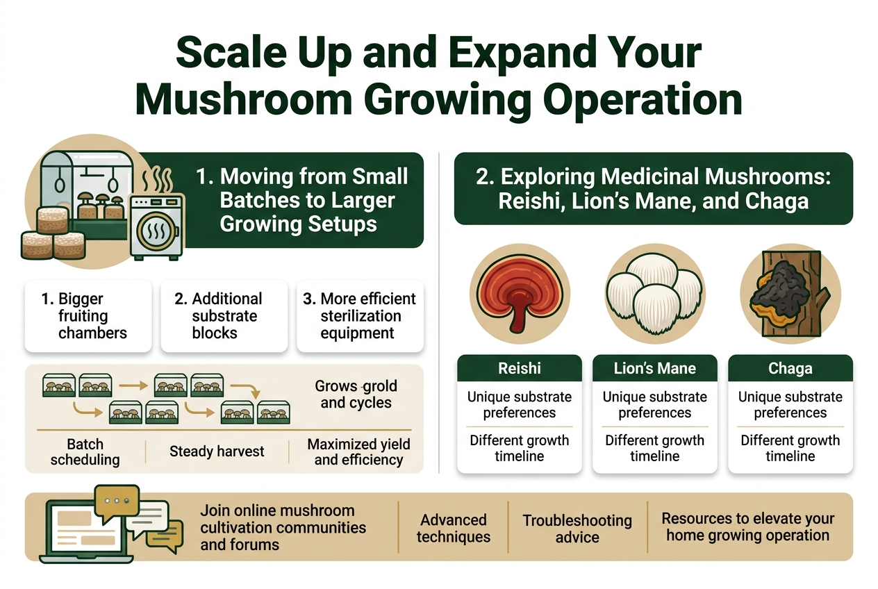 Create A Clean, Professional Full-Bleed Infographic Illustration In A 3:2 Aspect Ratio With A Bright White Background, Deep Forest Green, Warm Tan, And Accent Gold Colors, Modern Sans-Serif Fonts, And Clear Visual Hierarchy. At The Top Center, Place A Large Bold Title In Dark Green: &Quot;Scale Up And Expand Your Mushroom Growing Operation&Quot; Below The Title, Divide The Layout Into Two Wide Horizontal Sections With Illustrated Icons And Numbered Points. Left Section: &Quot;1. Moving From Small Batches To Larger Growing Setups&Quot; Place This Heading In A Dark Green Banner On The Upper Left Half. Add A Large Icon Cluster Beside It: A Bigger Fruiting Chamber, Stacked Substrate Blocks, And A Sterilization Unit With Steam Lines. Under The Heading, Include Three Numbered Bullet Points In A Clean Card Layout: &Quot;1. Bigger Fruiting Chambers&Quot; &Quot;2. Additional Substrate Blocks&Quot; &Quot;3. More Efficient Sterilization Equipment&Quot; Add A Smaller Horizontal Timeline Strip Beneath With Staggered Batch Icons And The Text: &Quot;Batch Scheduling&Quot; &Quot;Steady Harvest&Quot; &Quot;Maximized Yield And Efficiency&Quot; Use Arrows Between The Batch Icons To Show Overlapping Grow Cycles. Right Section: &Quot;2. Exploring Medicinal Mushrooms: Reishi, Lion'S Mane, And Chaga&Quot; Place This Heading In A Matching Dark Green Banner On The Upper Right Half. Show Three Distinct Illustrated Mushroom Icons In A Row: A Red Reishi Fan-Shaped Mushroom, A White Lion'S Mane Cluster, And A Dark Chaga Growth On Bark. Under Each Icon, Place A Small Labeled Card With Short Text: &Quot;Reishi&Quot; &Quot;Unique Substrate Preferences&Quot; &Quot;Different Growth Timeline&Quot; &Quot;Lion'S Mane&Quot; &Quot;Unique Substrate Preferences&Quot; &Quot;Different Growth Timeline&Quot; &Quot;Chaga&Quot; &Quot;Unique Substrate Preferences&Quot; &Quot;Different Growth Timeline&Quot; Along The Bottom Across The Full Width, Add A Wide Community Support Band With A Laptop, Chat Bubbles, And Forum Icons. Include The Text: &Quot;Join Online Mushroom Cultivation Communities And Forums&Quot; &Quot;Advanced Techniques&Quot; &Quot;Troubleshooting Advice&Quot; &Quot;Resources To Elevate Your Home Growing Operation&Quot; Use Crisp Iconography, Subtle Shadows, Organized Blocks, And Balanced Spacing. Keep The Layout Wide And Uncluttered, With The Text Clearly Readable And Aligned In Sections.