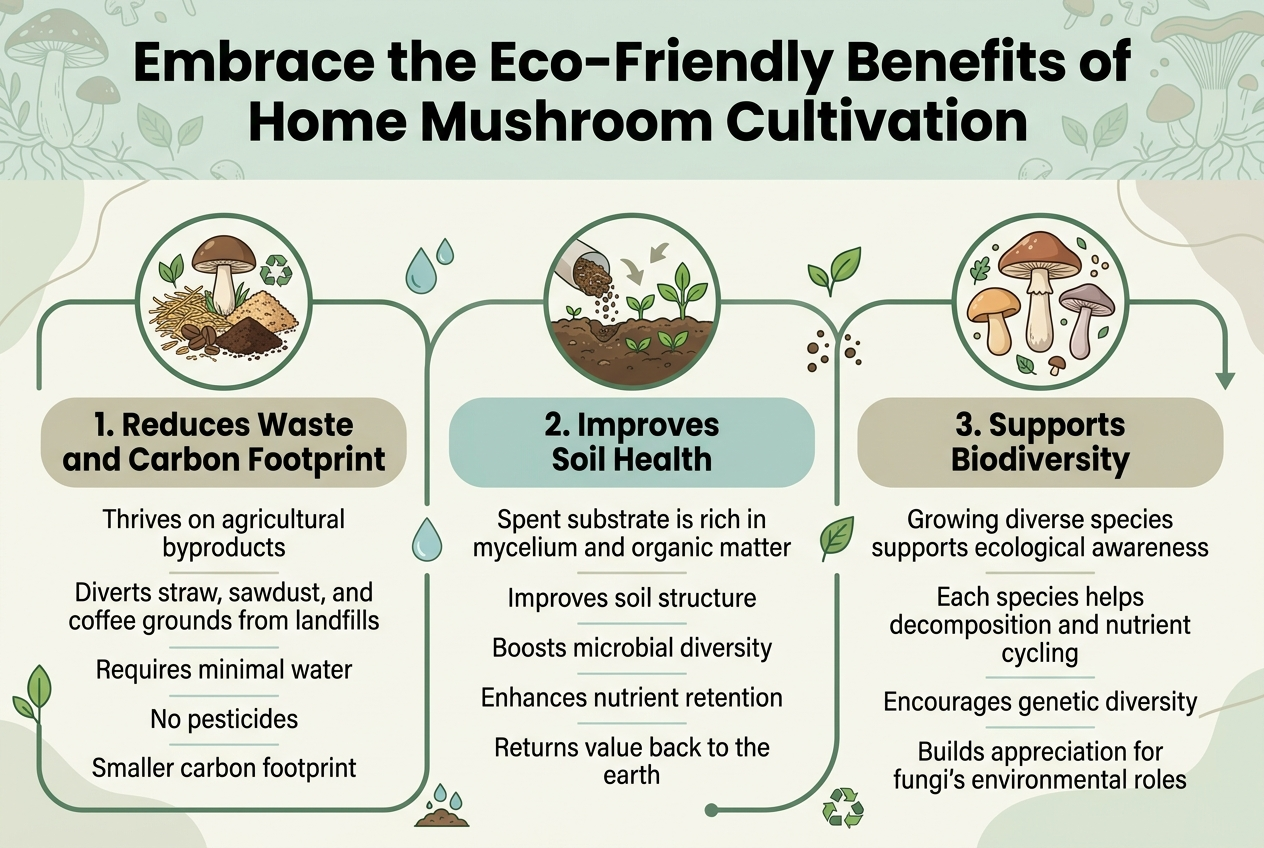 Create A Clean, Professional Full-Bleed Infographic Illustration In A 3:2 Aspect Ratio With A Natural Eco-Friendly Color Palette Of Forest Green, Earthy Brown, Cream, Soft Teal, And Light Gray Accents. Use A Modern Sans-Serif Font With Bold Typography For Headings And Clear Readable Body Text. Layout Should Be Wide And Horizontal, Not A Narrow Vertical Poster. Top Banner Across The Full Width: Large Bold Title Text Centered: &Quot;Embrace The Eco-Friendly Benefits Of Home Mushroom Cultivation&Quot; Subtle Background Pattern Of Mushrooms, Leaves, And Mycelium Lines In A Pale Green Tint. Main Content In Three Wide Horizontal Sections Arranged Left To Right Across The Page, Each In A Rounded Rectangular Block With A Simple Icon And Numbered Heading: Left Section: A Small Circular Icon Showing A Mushroom Growing From Straw, Coffee Grounds, And Sawdust, With A Recycle Symbol. Bold Heading: &Quot;1. Reduces Waste And Carbon Footprint&Quot; Body Text In Short Lines: &Quot;Thrives On Agricultural Byproducts&Quot; &Quot;Diverts Straw, Sawdust, And Coffee Grounds From Landfills&Quot; &Quot;Requires Minimal Water&Quot; &Quot;No Pesticides&Quot; &Quot;Smaller Carbon Footprint&Quot; Center Section: A Small Circular Icon Showing Spent Substrate Being Mixed Into Garden Soil With Sprouts Growing. Bold Heading: &Quot;2. Improves Soil Health&Quot; Body Text In Short Lines: &Quot;Spent Substrate Is Rich In Mycelium And Organic Matter&Quot; &Quot;Improves Soil Structure&Quot; &Quot;Boosts Microbial Diversity&Quot; &Quot;Enhances Nutrient Retention&Quot; &Quot;Returns Value Back To The Earth&Quot; Right Section: A Small Circular Icon Showing Three Different Mushroom Species In Varied Shapes And Colors, Surrounded By Small Leaf And Spore Symbols. Bold Heading: &Quot;3. Supports Biodiversity&Quot; Body Text In Short Lines: &Quot;Growing Diverse Species Supports Ecological Awareness&Quot; &Quot;Each Species Helps Decomposition And Nutrient Cycling&Quot; &Quot;Encourages Genetic Diversity&Quot; &Quot;Builds Appreciation For Fungi'S Environmental Roles&Quot; Add A Thin Connecting Line Or Flowing Mycelium-Style Path Visually Linking The Three Sections From Left To Right To Suggest A Closed-Loop System. Use Small Eco Icons Such As Leaves, Water Drops, Soil Particles, And Tiny Recycle Arrows Near Relevant Points. Keep The Background Light And Airy With Subtle Organic Textures. Ensure All Text Is Sharp, Legible, And Balanced With Ample Spacing.