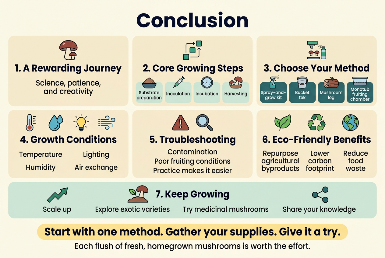 Create A Clean, Professional Full-Bleed Infographic Illustration In A 3:2 Aspect Ratio, With A Wide Horizontal Layout And No Poster Frame Or Inset Border. Use A Modern Sans-Serif Font, Bold Dark Navy Headings, Teal And Green Accents, Soft Cream Background, And Subtle Mushroom Red-Brown Highlights. Place A Large Bold Title At The Top Center: &Quot;Conclusion&Quot;. Below The Title, Organize The Content Into Six Wide Horizontal Blocks Or A 3-Column Grid With Clear Spacing, Each With A Simple Icon And Short Text. Top-Left Block With A Mushroom Icon And The Heading: &Quot;1. A Rewarding Journey&Quot; Include The Text: &Quot;Science, Patience, And Creativity&Quot; Top-Center Block With A Step-By-Step Icon And The Heading: &Quot;2. Core Growing Steps&Quot; Include Four Compact Labeled Items With Small Icons: &Quot;Substrate Preparation&Quot; &Quot;Inoculation&Quot; &Quot;Incubation&Quot; &Quot;Harvesting&Quot; Top-Right Block With A Setup Icon And The Heading: &Quot;3. Choose Your Method&Quot; Show Four Method Badges Or Cards: &Quot;Spray-And-Grow Kit&Quot; &Quot;Bucket Tek&Quot; &Quot;Mushroom Log&Quot; &Quot;Monotub Fruiting Chamber&Quot; Middle-Left Block With Thermometer, Humidity Drop, Light Bulb, And Airflow Icons And The Heading: &Quot;4. Growth Conditions&Quot; Include The Text: &Quot;Temperature&Quot; &Quot;Humidity&Quot; &Quot;Lighting&Quot; &Quot;Air Exchange&Quot; Middle-Center Block With Warning And Magnifying Glass Icons And The Heading: &Quot;5. Troubleshooting&Quot; Include The Text: &Quot;Contamination&Quot; &Quot;Poor Fruiting Conditions&Quot; &Quot;Practice Makes It Easier&Quot; Middle-Right Block With Leaf, Recycle, And Globe Icons And The Heading: &Quot;6. Eco-Friendly Benefits&Quot; Include The Text: &Quot;Repurpose Agricultural Byproducts&Quot; &Quot;Lower Carbon Footprint&Quot; &Quot;Reduce Food Waste&Quot; Bottom-Wide Band With A Growth Arrow, Sprouting Mushroom, And Sharing Icon, Centered Across The Width, With The Heading: &Quot;7. Keep Growing&Quot; Include The Text: &Quot;Scale Up&Quot; &Quot;Explore Exotic Varieties&Quot; &Quot;Try Medicinal Mushrooms&Quot; &Quot;Share Your Knowledge&Quot; At The Very Bottom, Place A Bold Call-To-Action In A Highlighted Rounded Rectangle: &Quot;Start With One Method. Gather Your Supplies. Give It A Try.&Quot; And A Smaller Closing Line Beneath It: &Quot;Each Flush Of Fresh, Homegrown Mushrooms Is Worth The Effort.&Quot; Use Clean Infographics Styling, Crisp Flat Vector Icons, Balanced Spacing, Strong Visual Hierarchy, And A Bright Optimistic Horticulture Theme. Keep All Text Legible And Neatly Aligned Within Each Block.