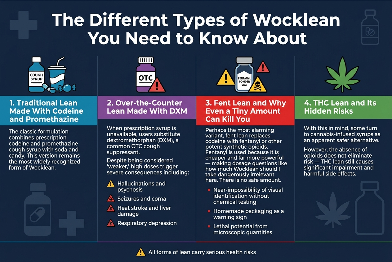 Create a full-bleed professional infographic in a 3:2 aspect ratio with a clean modern medical-safety style. Use a dark navy background with teal, purple, yellow, and red accent panels. Add a large bold title at the top: "The Different Types of Wocklean You Need to Know About". Use a sans-serif font with strong hierarchy, white text for headings, smaller readable body text, and clear section dividers.Layout: a wide 4-section horizontal grid across the page, with numbered blocks from left to right. Each block has a distinct icon, a bold subheading, and short bullet points. Use a warning-triangle motif for dangerous items and a leaf icon for THC. Add subtle medical cross, syrup bottle, pill, and skull-warning symbols where appropriate. Keep spacing balanced and avoid a narrow vertical poster look.Section 1 on the left: a blue panel with a cough syrup bottle icon, soda cup, and candy pieces. Heading text: "1. Traditional Lean Made With Codeine and Promethazine". Body text: "The classic formulation combines prescription codeine and promethazine cough syrup with soda and candy. This version remains the most widely recognized form of Wocklean."Section 2 next: a purple panel with an OTC medicine bottle icon and a warning symbol. Heading text: "2. Over-the-Counter Lean Made With DXM". Body text: "When prescription syrup is unavailable, users substitute dextromethorphan (DXM), a common OTC cough suppressant. Despite being considered 'weaker,' high doses trigger severe consequences including:" Add four compact bullet points with small hazard icons: "Hallucinations and psychosis", "Seizures and coma", "Heat stroke and liver damage", "Respiratory depression".Section 3 next: a red panel with a fentanyl powder vial icon, bold hazard triangles, and a skull-warning symbol. Heading text: "3. Fent Lean and Why Even a Tiny Amount Can Kill You". Body text: "Perhaps the most alarming variant, fent lean replaces codeine with fentanyl or other potent synthetic opioids. Fentanyl is used because it is cheaper and far more powerful — making dosage questions like how much Wocklean should I take dangerously irrelevant here. There is no safe amount." Add three bullet points: "Near-impossibility of visual identification without chemical testing", "Homemade packaging as a warning sign", "Lethal potential from microscopic quantities".Section 4 on the right: a green panel with a cannabis leaf icon and syrup bottle silhouette. Heading text: "4. THC Lean and Its Hidden Risks". Body text: "With this in mind, some turn to cannabis-infused syrups as an apparent safer alternative. However, the absence of opioids does not eliminate risk — THC lean still causes significant impairment and harmful side effects."Add a small footer strip across the bottom with a caution icon and the text: "All forms of lean carry serious health risks". Use crisp infographic styling, clear labels, and strong visual contrast.