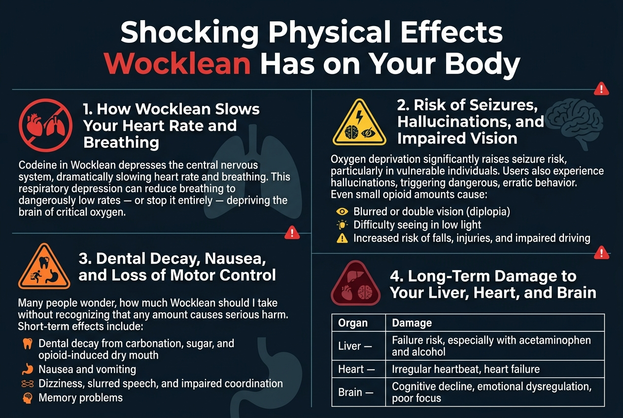 Create a clean, professional medical infographic in a full-bleed 3:2 landscape layout with a dark navy-to-black background, red and orange danger accents, white text, and teal highlights. Use bold sans-serif typography with strong hierarchy. Place a large headline across the top center in white and red: "Shocking Physical Effects Wocklean Has on Your Body".Below the headline, organize the infographic into four wide horizontal sections or a two-column grid with clear dividers, using numbered section labels and medical warning icons.Section 1 on the upper left: a red circular warning icon with a heart and lungs symbol. Include the heading in bold white text: "1. How Wocklean Slows Your Heart Rate and Breathing". Add short body text beneath it: "Codeine in Wocklean depresses the central nervous system, dramatically slowing heart rate and breathing. This respiratory depression can reduce breathing to dangerously low rates — or stop it entirely — depriving the brain of critical oxygen."Section 2 on the upper right: a yellow warning triangle with a brain, eye, and lightning symbol. Include the heading: "2. Risk of Seizures, Hallucinations, and Impaired Vision". Add body text: "Oxygen deprivation significantly raises seizure risk, particularly in vulnerable individuals. Users also experience hallucinations, triggering dangerous, erratic behavior. Even small opioid amounts cause:" Then show three bullet points with small eye and hazard icons:
"- Blurred or double vision (diplopia)"
"- Difficulty seeing in low light"
"- Increased risk of falls, injuries, and impaired driving"Section 3 across the lower left: an orange warning icon with teeth, stomach, and movement symbols. Include the heading: "3. Dental Decay, Nausea, and Loss of Motor Control". Add body text: "Many people wonder, how much Wocklean should I take without recognizing that any amount causes serious harm. Short-term effects include:" Then show four bullet points with small icons:
"- Dental decay from carbonation, sugar, and opioid-induced dry mouth"
"- Nausea and vomiting"
"- Dizziness, slurred speech, and impaired coordination"
"- Memory problems"Section 4 across the lower right: a deep red medical damage icon with liver, heart, and brain symbols. Include the heading: "4. Long-Term Damage to Your Liver, Heart, and Brain". Beneath it, place a clean three-row table with white lines and headings "Organ" and "Damage". Fill the table with:
"Liver — Failure risk, especially with acetaminophen and alcohol"
"Heart — Irregular heartbeat, heart failure"
"Brain — Cognitive decline, emotional dysregulation, poor focus"Use subtle silhouettes of lungs, brain, heart, liver, teeth, and stomach in the background of each section. Add small red alert markers near each major risk. Keep spacing balanced, high contrast, and easy to read. Do not add any extra text beyond the title, headings, body text, bullets, and table content specified above.